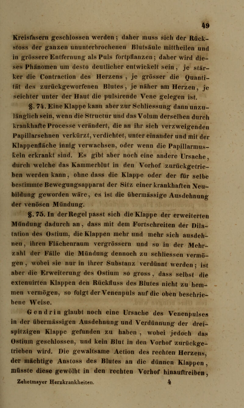 Kreisfasern geschlossen werden; daher muss sich der Rüek- stoss der ganzen ununterbrochenen Blutsäule mittheilen und in grössere Entfernung als Puls fortpflanzen; daher wird die- ses Phänomen um desto deutlicher entwickelt sein, je stär- ker die Contraction des Herzens , je grösser die Quanti- tät des zurückgeworfenen Blutes, je näher am Herzen, je seichter unter der Haut die pulsirende Vene gelegen ist. §. 74. Eine Klappe kann aber zur Schliessung dann unzu- länglich sein, wenn die Structur und das Volum derselben durch krankhafte Processe verändert, die an ihr sich verzweigenden Papillarsehnen verkürzt, verdichtet, unter einander und mit der Klappenfläche innig verwachsen, oder wenn die Papillarmus- keln erkrankt sind. Es gibt aber noch eine andere Ursache durch welche das Kammerblut in den Vorhof zurückgetrie- ben werden kann, ohne dass die Klappe oder der für selbe bestimmte Bewegungsapparat der Sitz einer krankhaften Neu- bildung geworden wäre, es ist die übermässige Ausdehnung der venösen Mündung. g.75. In der Regel passt sich die Klappe der erweiterten Mündung dadurch an, dass mit dem Fortschreiten der Dila- tation des Ostium, die Klappen mehr und mehr sich ausdeh- nen , ihren Flächenraum vergrössern und so in der Mehr- zahl der Fälle die Mündung dennoch zu schliessen vermö- gen , wobei sie nur in ihrer Substanz verdünnt werden- ist aber die Erweiterung des Ostium so gross, dass selbst die extenuirten Klappen den Rückfluss des Blutes nicht zu hem- men vermögen, so folgt der Venenpuls auf die oben beschrie- bene Weise. Gen drin glaubt noch eine Ursache des Venenpulses in der übermässigen Ausdehnung und Verdünnung der drei- spitzigen Klappe gefunden zu haben , wobei jedoch das Ostium geschlossen, und kein Blut in den Vorhof zurückge- trieben wird. Die gewaltsame Action des rechten Herzens der mächtige Anstoss des Blutes an die dünnen Klappen müsste diese gewölbt in den rechten Vorhof hinauftreiben, Zehetmayer Herzkrankheiten. 4
