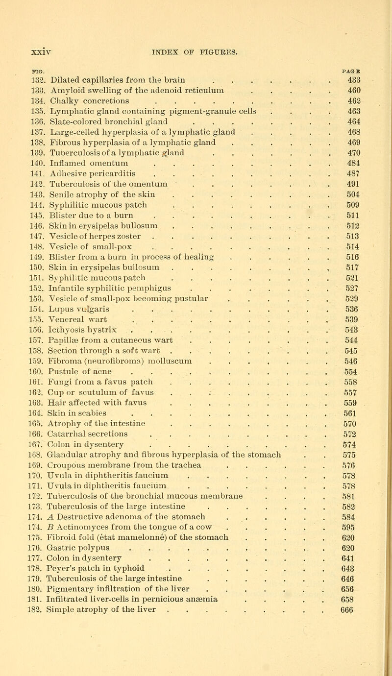 PIG. 132. Dilated capillaries from the brain 133. Amyloid swelling of the adenoid i-eticulum 134. Chalky concretions .... 135. Lymphatic gland containing pigment-granule cell 136. Slate-colored bronchial gland 137. Large-celled hyperplasia of a lymphatic gland 138. Fibrous hyperplasia of a lymphatic gland 189. Tuberculosis of a lymphatic gland 140. Inflamed omentum 141. Adhesive pericarditis 142. Tuberculosis of the omentum 143. Senile atrophy of the skin 144. Syphilitic mucous patch 145. Blister due to a burn 146. Skin in erysipelas bullosum 147. Vesicle of herpes zoster 148. Vesicle of small-pox 149. Blister from a burn in process of healin 150. Skin in erysipelas bullosum 151. Syphilitic mucous patch 152. Infantile sj-philitic pemphigus 153. Vesicle of small-pox becoming pustular 154. Lupus vulgaris .... 155. Venereal wart .... 156. Icthyosis hystrix . . . 157. Papillae from a cutaneous wart 158. Section through a soft wart 159. Fibroma (neurofibroma) molluscum 160. Pustule of acne 161. Fungi from a favus patch 163. Cup or scutulum of favus 163. Hair affected with favus 164. Skin in scabies 165. Atrophy of the intestine 166. Catarrhal secretions 167. Colon in dysentery 168. Glandular atrophy and fibrous hyperplasia of the stomach 169. Croupous membrane from the trachea 170. Uvula in diphtheritis faucium 171. Uvula in diphtheritis faucium 172. Tuberculosis of the bronchial mucous membrane 173. Tuberculosis of the lai'ge intestine 174. A Destructive adenoma of the stomach 174. B Actinomyces from the tongue of a cow 175. Fibroid fold (etat mamelonne) of the stomach 176. Gastric polypus 177. Colon in dysentery .... 178. Peyer's patch in typhoid 179. Tuberculosis of the large intestine 180. Pigmentary infiltration of the liver 181. Infiltrated liver-cells in pernicious anaemia 182. Simple atrophy of the liver PAGE 433 460 462 463 464 468 469 470 484 487 491 504 509 511 513 513 514 516 517 521 527 529 536 539 543 544 545 546 554 558 557 559 561 570 572 574 575 576 578 578 581 582 584 595 620 620 641 643 646 656 658 666