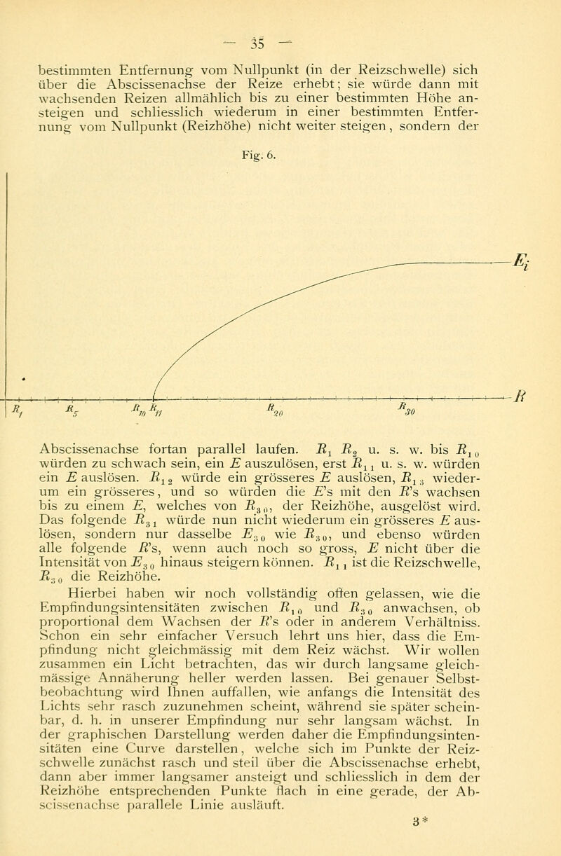 bestimmten Entfernung vom Nullpunkt (in der Reizschwelle) sich über die Abscissenachse der Reize erhebt; sie würde dann mit wachsenden Reizen allmählich bis zu einer bestimmten Höhe an- steigen und schliesslich wiederum in einer bestimmten Entfer- nung vom Nullpunkt (Reizhöhe) nicht weiter steigen , sondern der Fig. 6. Abscissenachse fortan parallel laufen. Rx R2 u. s. w. bis Rx 0 würden zu schwach sein, ein E auszulösen, erst R11 u. s. w. würden ein E auslösen. R12 würde ein grösseres E auslösen, R13 wieder- um ein grösseres, und so würden die £'s mit den i?'s wachsen bis zu einem £, welches von JB30, der Reizhöhe, ausgelöst wird. Das folgende R.A1 würde nun nicht wiederum ein grösseres E aus- lösen, sondern nur dasselbe E30 wie R-A0, und ebenso würden alle folgende .ß's, wenn auch noch so gross, E nicht über die Intensität von E.A 0 hinaus steigern können. jRx l ist die Reizschwelle, R:)Q die Reizhöhe. Hierbei haben wir noch vollständig offen gelassen, wie die Empfindungsintensitäten zwischen Ri(l und R.i0 anwachsen, ob proportional dem Wachsen der JB's oder in anderem Verhältniss. Schon ein sehr einfacher Versuch lehrt uns hier, dass die Em- pfindung nicht gleichmässig mit dem Reiz wächst. Wir wollen zusammen ein Licht betrachten, das wir durch langsame gleich- massige Annäherung heller werden lassen. Bei genauer Selbst- beobachtung wird Ihnen auffallen, wie anfangs die Intensität des Lichts sehr rasch zuzunehmen scheint, während sie später schein- bar, d. h. in unserer Empfindung nur sehr langsam wächst. In der graphischen Darstellung werden daher die Empfindungsinten- sitäten eine Curve darstellen, welche sich im Punkte der Reiz- schwelle zunächst rasch und steil über die Abscissenachse erhebt, dann aber immer langsamer ansteigt und schliesslich in dem der Reizhöhe entsprechenden Punkte flach in eine gerade, der Ab- scissenachse parallele Linie ausläuft. 3*