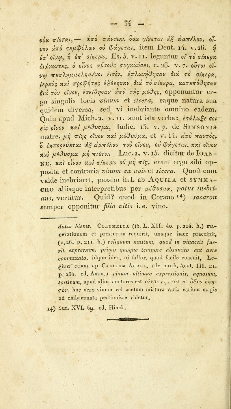 — 54 - tvK -ττ/δΤΛ/,— Λ7Γ0 πάντων, Όαοί yhsrcii έξ (ίμνέλου, οΓ- νον ciVo ζ&μΦύλων ου φάγετοίΐ, ilem Deut. ι4. ν. 26. ^' έτΓ οίνω, η fiV σίκερχ, £s.5. ν. 11. legmitur ο/ το σίηερΰί itMKOprsg, 6 otvoQ αυτούς αυ^γ.αϋαΕί^ c 28. ν. 7. οι/το/ ο/- j/ft; Ίτετΐλημμελημένοι εισίν, έττλΰίνή'^ησαν όια, το σ/κερχ^ Ιερεύς noil ττροφήτης έξέ^ησαν 6α/. το σίηερα, κοίτεττό^^ψαν iia, τον ο'ί'νον, έσεί^ψοίν diro της μέδ'ης, opponunlur er- £0 singLilis locis vinum et slcera, eaque natura siia quideiii diversa, secl vi inebriante omnino eadem. Quiu apud Micli.2. v. 11. sunt ista verba: έζοίλΰίξε σοι εΙς ο'ίνον καΙ μέ^-υσμιζ, ludic. ι5. ν. 7• de SiMSOXis l-natre, μη ταης ο'ίνον Koct μέ^υτυαμα, et ν. ι4. ά-πο τταντος^ ο έτιτΓΟρεύεται εξ άμ'ττέλου του οίνου, ου φάγεται^ κα,ι ο'ίνον Hoci μέβ-υσμΰί μη τηέτω, Luc. 1, ν. ι5, dicitur de Ιοαν- JNE, ν,οίΐ οΊνον και σίκερα ου μη ^/^, erant ergo sibi ορ- posita et contraria viniim ex uvis et sicera. Qtiod cum valde inebriaret, passim li.l. ab Aquila et syivima- CIIO aliisque interpretibus per μέ^υσμα^ jjotus inebri- anSf vertitur. Quid? quod iii Corano ^^) sacaron semper opponitur βΐίο vitis i. e. vino. datur hieme. Columella (ib. L. XII, 4o. p.2i4. b.) ma- cerationem et pressuram requirit, uiiaque haec praecipit, (c.aG, p, 211, b.) reliquiim miistu-m, quod in vinaceis fue- rit exjjressuni, γήιηο quoque temvore ahsumito aut aere cormnutato, idque ideo, ni falior, quod facile coacuit, Le- gitur etiam ap. Caelium Aurel, c^dc morb.Acut, III, 21. p, 264- ed. Amm j vitium uhimae expressiojiis, aquosuOiy tortivum, apud alios auctores est olvo^ iij .ros et oi^os iihij- 7OV, boc vero vinum vel acetum miitura varia varium magis ad erabammata pertinuisse videtur, 14) Sur. XVI. 69. ed» Hincfc.