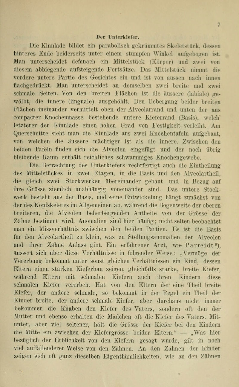 Der Unterkiefer. Die Kinnlade bildet ein parabolisch gekrümmtes Skeletstück, dessen hinteres Ende beiderseits unter einem stumpfen Winkel aufgebogen ist. Man unterscheidet demnach ein Mittelstück (Körper) und zwei von diesem abbiegende aufsteigende Fortsätze. Das Mittelstück nimmt die vordere untere Partie des Gesichtes ein und ist von aussen nach innen flachgedrückt. Man unterscheidet an demselben zwei breite und zwei schmale Seiten- Von den breiten Flächen ist die äussere (labiale) ge- wölbt, die innere (linguale) ausgehöhlt. Den Uebergang beider breiten Flächen ineinander vermittelt oben der Alveolarrand und unten der aus compacter Knochenmasse bestehende untere Kieferrand (Basis), welch' letzterer der Kinnlade einen hohen Grad von Festigkeit verleiht. Am Querschnitte sieht man die Kinnlade aus zwei Knochentafeln aufgebaut, von welchen die äussere mächtiger ist als die innere. Zwischen den beiden Tafeln finden sich die Alveolen eingefügt und der noch übrig bleibende Raum enthält reichliches schwammiges Knochengewebe. Die Betrachtung des Unterkiefers rechtfertigt auch die Eintheilung des Mittelstückes in zwei Etagen, in die Basis und den Alveolartheil, die gleich zwei Stockwerken übereinander gebaut und in Bezug auf ihre Grösse ziemlich unabhängig voneinander sind. Das untere Stock- werk besteht aus der Basis, und seine Entwickelung hängt zunächst von der des Kopfskeletes im Allgemeinen ab, während die Bogenweite der oberen breiteren, die Alveolen beherbergenden Antheile von der Grösse der Zähne bestimmt wird. Anomalien sind hier häufig; nicht selten beobachtet man ein Missverhältnis zwischen den beiden Partien. Es ist die Basis für den Alveolartheil zu klein, was zu Stellungsanomalien der Alveolen und ihrer Zähne Anlass gibt. Ein erfahrener Arzt, wie Parreidt6), äussert sich über diese Verhältnisse in folgender Weise: „Vermöge der Vererbung bekommt unter sonst gleichen Verhältnissen ein Kind, dessen Eltern einen starken Kieferbau zeigen, gleichfalls starke, breite Kiefer, während Eltern mit schmalen Kiefern auch ihren Kindern diese schmalen Kiefer vererben. Hat von den Eltern der eine Theil breite Kiefer, der andere schmale, so bekommt in der Regel ein Theil der Kinder breite, der andere schmale Kiefer, aber durchaus nicht immer bekommen die Knaben den Kiefer des Vaters, sondern oft den der Mutter und ebenso erhalten die Mädchen oft die Kiefer des Vaters. Mit- unter, aber viel seltener, hält die Grösse der Kiefer bei den Kindern die Mitte ein zwischen der Kiefergrösse beider Eltern. — ..Was hier bezüglich der Erblichkeit von den Kiefern gesagt wurde, gilt in noch viel auffallenderer Weise von den Zähnen. An den Zähnen der Kinder zeigen sich oft ganz dieselben Eigenthümlichkeiten, wie an den Zähnen
