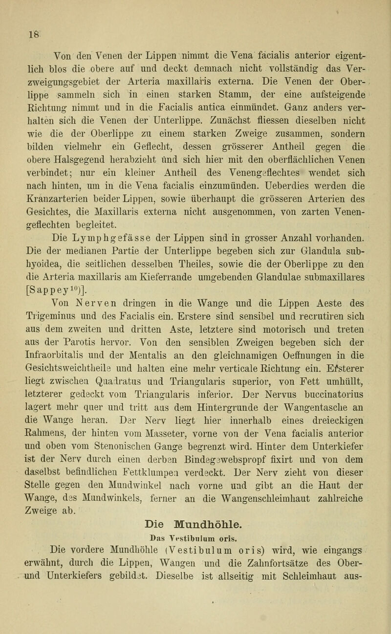 Von den Venen der Lippen nimmt die Vena facialis anterior eigent- lich blos die obere auf und deckt demnach nicht vollständig das Ver- zweigungsgebiet der Arteria maxillaris externa. Die Venen der Ober- lippe sammeln sich in einen starken Stamm, der eine aufsteigende Richtung nimmt und in die Facialis antica einmündet. Ganz anders ver- halten sich die Venen der Unterlippe. Zunächst fliessen dieselben nicht wie die der Oberlippe zu einem starken Zweige zusammen, sondern bilden vielmehr ein Geflecht, dessen grösserer Antheil gegen die obere Halsgegend herabzieht Und sich hier mit den oberflächlichen Venen verbindet; nur ein kleiner Antheil des Venengeflechtes wendet sich nach hinten, um in die Vena facialis einzumünden. Ueberdies werden die Kranzarterien beider Lippen, sowie überhaupt die grösseren Arterien des Gesichtes, die Maxillaris externa nicht ausgenommen, von zarten Venen- geflechten begleitet. Die Lymphgefässe der Lippen sind in grosser Anzahl vorhanden. Die der medianen Partie der Unterlippe begeben sich zur Glandula sub- hyoidea, die seitlichen desselben Theiles, sowie die der Oberlippe zu den die Arteria maxillaris am Kieferrande umgebenden Glandulae submaxillares [Sappey)]. Von Nerven dringen in die Wange und die Lippen Aeste des Trigeminus und des Facialis ein. Erstere sind sensibel und recrutiren sich aus dem zweiten und dritten Aste, letztere sind motorisch und treten aus der Parotis hervor. Von den sensiblen Zweigen begeben sich der Infraorbitalis und der Mentalis an den gleichnamigen Oeffnungen in die Gesichtsweichtheile und halten eine mehr verticale Richtung ein. EMerer liegt zwischen Qualratus und Triangularis superior, von Fett umhüllt, letzterer gedeckt vom Triangularis inferior. Der Nervus buccinatorius lagert mehr quer und tritt aus dem Hintergrunde der Wangentasche an die Wange heran. Der Nerv liegt hier innerhalb eines dreieckigen Rahmens, der hinten vom Masseter, vorne von der Vena facialis anterior und oben vom Stenonischen Gange begrenzt wird. Hinter dem Unterkiefer ist der Nerv durch einen derben Bindegawebspropf fixirt und von dem daselbst befindlichen Fettklumpen verdeckt. Der Nerv zieht von dieser Stelle gegen den Mundwinkel nach vorne und gibt an die Haut der Wange, des Mundwinkels, ferner an die Wangenschleimhaut zahlreiche Zweige ab. Die Mundhöhle. Das V«*stibulum oris. Die vordere Mundhöhle (Vestibulum oris) wird, wie eingangs erwähnt, durch die Lippen, Wangen und die Zahnfortsätze des Ober- und Unterkiefers gebildet. Dieselbe ist allseitig mit Schleimhaut aus-