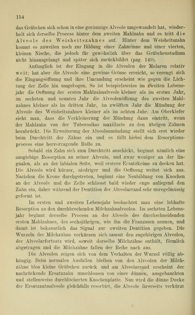 das Grübchen sich schon in eine geräumige Alveole umgewandelt hat, wieder- holt sich derselbe Process hinter dem zweiten Mahlzahn und es tritt die Alveole des Weisheitszahnes auf. Hinter dem Weisheitszahn kommt es zuweilen noch zur Bildung einer Zahnrinne und einer vierten, kleinen Nische, die jedoch für gewöhnlich über das Grübchenstadium nicht hinausgelangt und später sich zurückbildet (pag. 149). Anfänglich ist der Eingang in die Alveolen der Molaren relativ weit; hat aber die Alveole eine gewisse Grösse erreicht, so verengt sich die Eingangsöffnung und ihre Umrandung erscheint wie gegen die Lich- tung der Zelle hin umgebogen. So ist beispielsweise im zweiten Lebens- jahr die Oeffnung der ersten Mahlzahnalveole kleiner als im ersten Jahr, im sechsten und neunten Jahr die Alveolenöffnung des zweiten Mahl- zahnes kleiner als im dritten Jahr, im zwölften Jahr die Mündung der Alveole des Weisheitszahnes kleiner als im achten Jahr. Am Oberkiefer sieht man, dass die Verkleinerung der Mündung dann eintritt, wenn der Mahlzahn von der Tuberositas maxillaris zu den übrigen Zähnen herabrückt. Die Erweiterung der Alveolenmündung stellt sich erst wieder beim Durchtritt der Zähne ein und es fällt hiebei dem Resorptions- process eine hervorragende Rolle zu. Sobald ein Zahn sich zum Durchtritt anschickt, beginnt nämlich eine ausgiebige Resorption an seiner Alveole, und zwar weniger an der lin- gualen, als an der labialen Seite, weil erstere Ersatzkeime zu decken hat. Die Alveole wird kürzer, niedriger und die Oeffnnng weitet sich aus. Nachdem die Krone durchgetreten, beginnt eine Neubildung von Knochen an der Alveole und die Zelle schliesst bald wieder enge anliegend den Zahn ein, daher während der Dentition der Alveolarrand sehr unregelmässig geformt ist. Im ersten und zweiten Lebensjahr beobachtet man eine lebhafte Resorption an den durchbrechenden Milchzahnalveolen. Im sechsten Lebens- jahr beginnt derselbe Process an der Alveole des durchschneidenden ersten Mahlzahnes, des sechsjährigen, wie ihn die Franzosen nennen, und damit ist bekanntlich das Signal zur zweiten Dentition gegeben. Die Wurzeln der Milchzähne verkürzen sich sammt den zugehörigen Alveolen, der Alveolarfortsatz wird, soweit derselbe Milchzähne enthält, förmlich abgetragen und die Milchzähne fallen der Reihe nach aus. Die Alveolen zeigen sich von dem Verhalten der Wurzel völlig ab- hängig. Beim normalen Ausfallen bleiben von den Alveolen der Milch- zähne blos kleine Grübchen zurück und am Alveolarrand erscheint der nachrückende Ersatzzahn umschlossen von einer dünnen, ausgebauchten und stellenweise durchlöcherten Knochenplatte. Nun wird die dünne Decke der Ersatzzahnalveole gleichfalls resorbirt, die Alveole ihrerseits verkürzt