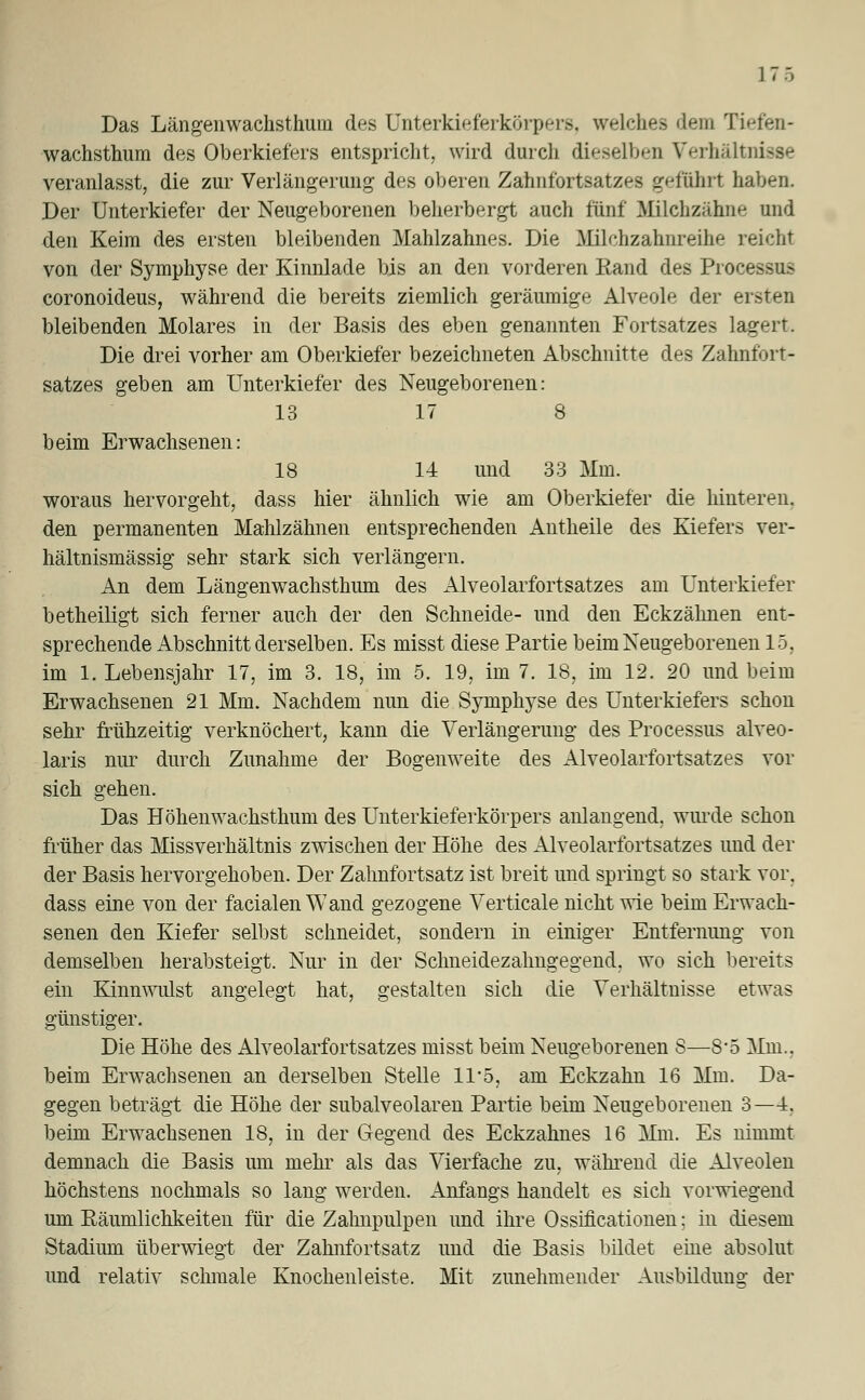 Das Längenwachsthum des Unterkieferkörpers, welches dem Tiefen- wachsthum des Oberkiefers entspricht, wird durch dieselben V'erhältni veranlasst, die zur Verlängerung des oberen Zahnfortsatzes geführt haben. Der Unterkiefer der Neugeborenen beherbergt auch fünf Milchzähne und den Keim des ersten bleibenden Mahlzahnes. Die Milchzahnreihe reicht von der Symphyse der Kinnlade bis an den vorderen Rand des Proce coronoideus, während die bereits ziemlich geräumige Alveole der ersten bleibenden Molares in der Basis des eben genannten Fortsatzes lagert. Die drei vorher am Oberkiefer bezeichneten Abschnitte des Zahnfort- satzes geben am Unterkiefer des Neugeborenen: 13 17 8 beim Erwachsenen: 18 14 und 33 Mm. woraus hervorgeht, dass hier ähnlich wie am Oberkiefer die hinteren, den permanenten Mahlzähnen entsprechenden Antheile des Kiefers ver- hältnismässig sehr stark sich verlängern. An dem Längenwachsthum des Alveolarfortsatzes am Unterkiefer betheiligt sich ferner auch der den Schneide- und den Eckzähnen ent- sprechende Abschnitt derselben. Es misst diese Partie beim Neugeborenen 15. im 1. Lebensjahr 17, im 3. 18, im 5. 19, im 7. 18, im 12. 20 und beim Erwachsenen 21 Mm. Nachdem nun die Symphyse des Unterkiefers schon sehr frühzeitig verknöchert, kann die Verlängerung des Processus alveo- laris nur durch Zunahme der Bogenweite des Alveolarfortsatzes vor sich gehen. Das Höhenwachsthum des Unterkieferkörpers anlangend, wurde schon früher das Missverhältnis zwischen der Höhe des Alveolarfortsatzes und der der Basis hervorgehoben. Der Zalmfortsatz ist breit und springt so stark vor. dass eine von der facialen Wand gezogene Verticale nicht wie beim Erwach- senen den Kiefer selbst schneidet, sondern in einiger Entfernung von demselben herabsteigt. Nur in der Schneidezahngegend, wo sich bereits ein Kinnwulst angelegt hat, gestalten sich die Verhältnisse etwas günstiger. Die Höhe des Alveolarfortsatzes misst beim Neugeborenen 8—8-5 Mm., beim Erwachsenen an derselben Stelle 11*5, am Eckzahn 16 Mm. Da- gegen beträgt die Höhe der subalveolaren Partie beim Neugeborenen 3—4. beim Erwachsenen 18, in der Gegend des Eckzahnes 16 Mm. Es nimmt demnach die Basis um mehr als das Vierfache zu, während die Alveolen höchstens nochmals so lang werden. Anfangs handelt es sich vorwiegend um Räumlichkeiten für die Zahnpulpen und ihre Ossificationen; in diesem Stadium überwiegt der Zahnfortsatz und die Basis bildet eine absolut und relativ schmale Knochenleiste. Mit zunehmender Ausbilduno- der