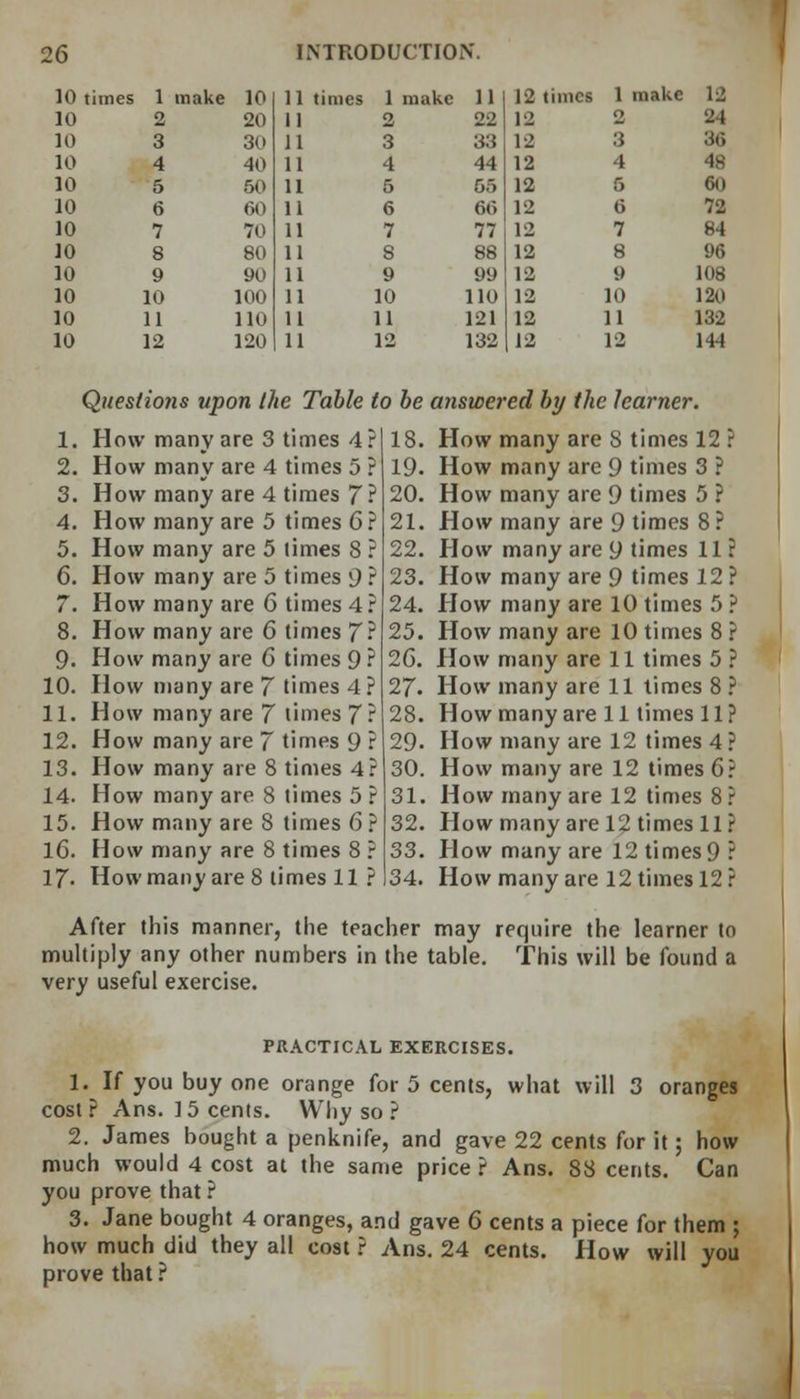 10 times 1 make 10 11 t imes 1 make 11 12 times 1 make 12 10 2 20 11 2 22 12 2 21 10 3 30 11 3 33 12 3 36 10 4 40 11 4 44 12 4 48 10 5 50 11 5 55 12 6 60 10 6 60 11 6 66 12 6 72 10 7 70 11 7 77 12 7 84 10 8 80 11 8 88 12 8 96 10 9 90 11 9 99 12 9 108 10 10 100 11 10 110 12 10 120 10 11 110 11 11 121 12 11 132 10 12 120 11 12 132 12 12 144 Questions upon the Table 1. How many are 3 times 4 2. How many are 4 times 5 3. How many are 4 times 7 4. How many are 5 times 6 5. How many are 5 limes 8 6. How many are 5 times 9 7. How many are 6 times 4 8. How many are 6 times 7 9. How many are 6 times 9 10. How many are 7 times 4 11. How many are 7 times 7 12. How many are 7 times 9 13. How many are 8 times 4 14. How many are 8 times 5 15. How many are 8 times 6 16. How many are 8 times 8 17- How many are 8 limes 11 to be answered by the learner. 18. How many are S times 12 19. How many are 9 times 3 ? 20. How many are 9 times 5 ? 21. How many are 9 times 8 ? 22. How many are 9 times 11 23. How many are 9 times 12 24. How many are 10 times 5 25. How many are 10 times 8 26. How many are 11 times 5 27. How many are 11 times 8 28. How many are 11 times 11 29. How many are 12 times 4 30. How many are 12 times 6 31. How many are 12 times 8 32. How many are 12 times 11 33. Plow many are 12 times 9 34. How many are 12 times 12 After this manner, the teacher may require the learner to multiply any other numbers in the table. This will be found a very useful exercise. PRACTICAL EXERCISES. 1. If you buy one orange for 5 cents, what will 3 oranges cost ? Ans. 15 cents. Why so ? 2. James bought a penknife, and gave 22 cents for it; how much would 4 cost at the same price ? Ans. 88 cents. Can you prove that ? 3. Jane bought 4 oranges, and gave 6 cents a piece for them ; how much did they all cost ? Ans. 24 cents. How will you prove that ?