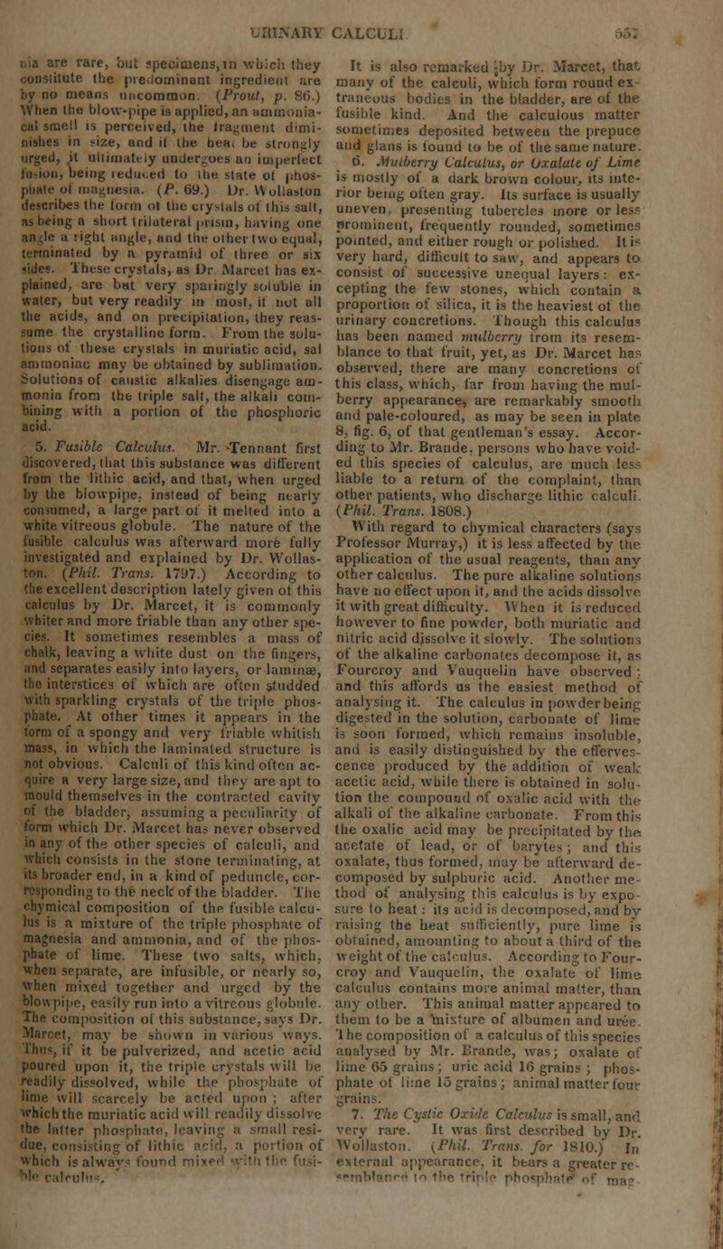 VARY CALCULI r.ia are rare, but specimens,in which they constitute the predominant ingredient are by no means uncommon. (Prout, p. Sfi.) When the blow-pipe is applied, an ammonia- cai smell is perceived, the fragment dimi- nishes in size, and it the beat he strongly urged, it ultimately undergoes an imperfect iii-ion, being reduced to the state ol phos- phate ot magnesia. (P. 69.) Dr. VVollaston describes the form ol the crystals of this salt, ns being a short trilateral prism, having one an^le a tight angle, and the other two equal, terminated by a pyramid of three or six sides. These crystals, as Dr Marcet has ex- plained, are bat very sparingly soluble in water, but very readily in most, it not all the acids, and on precipitation, they reas- sume the crystalline form. From the solu- tions of these crystals in muriatic acid, sal ammoniac may be obtained by sublimation. Solutions of caustic alkalies disengage am - moniu from the triple salt, the alkali com- bining with a portion of the phosphoric acid. 5. Fusible Calculus. Mr. -Tennant first discovered, that this substance was different from the lithic acid, and that, when urged by the blowpipe, instead of being nearly consumed, a large part of it melted into a white vitreous globule. The nature of the fusible calculus was afterward more fully investigated and explained by Dr. VVollas- ton. {Phil. Trans. 1797.) According to the excellent description lately given ot this calculus by Dr. Marcet, it is commonly whiter and more friable than any other spe- cies. It sometimes resembles a mass of chalk, leaving a white dust on the fingers, and separates easily into layers, or laminae, the interstices of which are often studded with sparkling crystals of the triple phos- phate. At other times it appears in the form of a spongy and very friable whitish mass, in which the laminated structure is not obvious. Calculi of this kind often ac- quire a very large size, and they are apt to mould themselves in the contracted cavity of the bladder, assuming a peculiarity of form which Dr. Marcet has never observed in any of the other species of calculi, and which consists in the stone terminating, at its broader end, in a kind of peduncle, cor- responding to the neck of the bladder. The chymical composition of the fusible calcu- lus is a mixture of the triple phosphate of magnesia and ammonia, and of the phos- phate of lime. These two salts, which. when separate, are infusible, or nearly so, when mixed together and urged by the blowpipe, easily run into a vitreous globule. The composition ol this substance, says Dr. Marcet, may be shown in various Ways. Thus, if it be pulverized, and acetic acid poured upon it, the triple crystals will be readily dissolved, while the phosphate of lime will scarcely be acted upon ; after which the muriatic acid will readily dissolve the latter phosphate, leaving a small resi- due, consisting of lithic acid, a portion of which is always found mixer! with the fusi- fUlll . It is also remarked jby Dr. Marcet, that many of the calculi, which form round ex traneous bodies in the bladder, are of the fusible kind. And the calculous matter sometimes deposited between the prepuce and glans is found to be of the same nature. 6. Mulberry Calculus, or Oxalate of Lime is mostly of a dark brown colour, its inte- rior being often gray. Its surface is usually uneven, presenting tubercles more or less prominent, frequently rounded, sometimes pointed, and either rough or polished. Iti-' very hard, difficult to saw, and appears to consist of successive unequal layers: ex- cepting the few stones, which contain a proportion of silica, it is the heaviest ot the urinary concretions. Though this calculus has been named mulberry from its resem- blance to that fruit, yet, as Dr. Marcet has observed, there are many concretions of this class, which, far from having the mul- berry appearance, are remarkably smooth and pale-coloured, as may be seen in plate 8, fig. 6, of that gentleman's essay. Accor- ding to Mr. Brande. persons who have void- ed this species of calculus, are much liable to a return of the complaint, than other patients, who discharge lithic calculi (Phil. Trans. 1808.) With regard to chymical characters (says Professor Murray,) it is less affected by the application of the usual reagents, than any other calculus. The pure alkaline solutions have no effect upon it, and the acids dissolve it with great difficulty. When it is reduced however to fine powder, both muriatic and nitric acid dissolve it slowly. The solutions of the alkaline carbonates decompose it, as Fourcroy and Vauquelin have observed ;, and this affords us the easiest method of analysing it. The calculus in powder being digested in the solution, carbonate of lime is soon formed, which remains insoluble, and is easily distinguished by the efferves- cence produced by the addition of weak- acetic acid, while there is obtained in solu- tion the compound of oxalic acid with the alkali of the alkaline carbonate. From this the oxalic acid may be precipitated by the. acetate of lead, or of barytes ; and this oxalate, thus formed, may be afterward de - composed by sulphuric acid. Another me- thod of analysing this calculus is by expo- sure to heat: its acid is decomposed, and bv raising the heat sufficiently, pure lime is obtained, amounting to about a third of the weight of the calculus. According to Four- croy and Vauquelin, the oxalate of lime calculus contains more animal matter, than any other. This animal matter appeared to them to be a fixture of albumen and uree. '1 he composition of a calculus of this species analysed by Mr. Brande, was; oxalate of lime 65 grains; uric acid 16 grains ; phos- phate ot lime 15 grains; animal matter four grains. 7. The Cystic Oxide Calculus is small, and very rare. It was first described by Dr. Wollaston. (Phil. Trans, for 1810.) In external appearance, it bears a greater rr In the triple phosphate of ma?