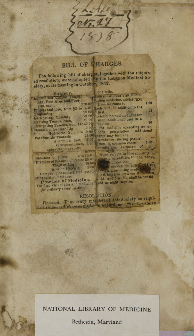 r •i, * »»• bill of Charges. The following bill of ohnrj <d resolution, were adopted •tetv, at it» meeting in Octobe r, 1S4.J & it, together with the lur.joiu- the Lebanon Medical So- Leg, Foot,Arm, at»4 Fore- arm, each, ... mile, M Buiisei,ueiit vtsli.^iiclu- ding medicine, advlc8,~fc£. from 50 cents to 10« Trephining, Extirpating Mamma, Excising Tonsils, each, 20 00 h-' first, inscription and medicine for each additional case in a Excising Tonsils, each, ™  k each addiuona. ca.e ... - FxtrTaUng Tumors, from 1 to 50 W& family » Extirpating iu ()j medjcjnc exceeding an or. Operation forJHare U^ g ^ jq J|^ preBcripUon, addltiona, Paracentesis Thoracis Abdominis, first, a subsequent, each, 3 KS' Shoulder or elbow, 5,°i°on Fracture of the necltot Femor .0 00 Thigh or Leg 10 JJ Arm or Clavicle •• 0,) Compound or complicated accor dine to circumstances. Practice of Medicine. Foffirst visit advice and medicine, (in ordinary cases) within % tlui targe may be made, ttendance during parturl- j common cases 5 09 ation, exclusi' in thv<; country, .. X. in additiou to the above, obsteltics fc ■» service in toVig|Lfo» ..sit. including me(l3B B? e AH seivlcos between 9 Twro^-ld t. M., and 8 A.M., shall be connd- ;red as night service. RESOLUTION. L„r„f this Society be requt- Re,,** That every ^^Z^'d^^e *1 RCPJ to NATIONAL LIBRARY OF MEDICINE Bethesda, Maryland