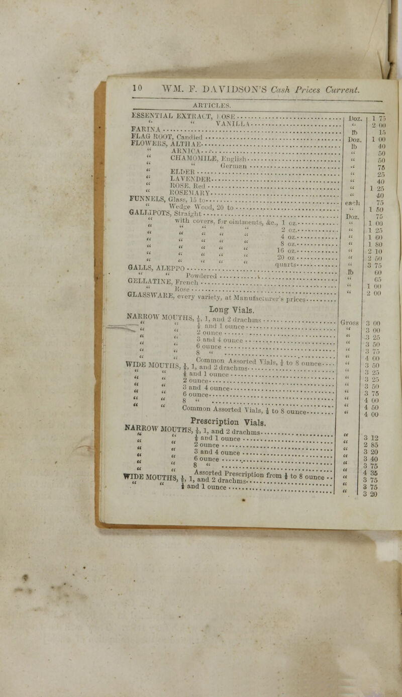 ESSENTIAL EXTRA! 'J', I OSE '•  VANILLA. FARINA FLAG ROOT, Candied ,,' , FLOWERS, ALTHAE 'I ,',  ARNICA  CHAMOMILE, Englii h i leriuan  ELDEB  LAVENDEK ROSE. Rod  ROSEMARY funnel! ;;. I to .... GALLIPOTS.. St raigkt wiI!' for oi |  « « « '■■' « <i   20 '' ' BALLS, ALEPPi.........  ?*?.' „  '■ Powdered c;;i i.atim:. f,,.,,,], KtWi .] GLASSWARE, every variety, at Mai ] > Long Vials. NARROW MOUTHS, i, r, and 2 drachm (( inci i M nd 4ounce r • ■>  6 ounce « 8  WIDE MOUTHS, i.A «—^ i and i 3 and 4 ounce- G ounce Common Assorted Vials, \ to 8 ouuee-' Prescription Vials. NARROW MOUTHS, *, 1, and 2 drachms £ and 1 ounce 2 ounce 3 and 4 ounce• 6 ounce Jioz. '• 'J till m Doz. 1 (III li. Hi 50 ■ ■ 50 •' 75 « « 40  1 25  40 ... 1 .SO Doz. ',:* 1 00 !< 1 60  1 80  2 in  2 50 WIDE MOUTHS, J, W%acCs^?f.^Sf}^':: i and 1 ounce t 00 3 50 .; ,i 3 75 I 00 <1 50 4 00 3 12 2 85 3 20 3 40 3 75 4 35 3 75 3 75 3 20