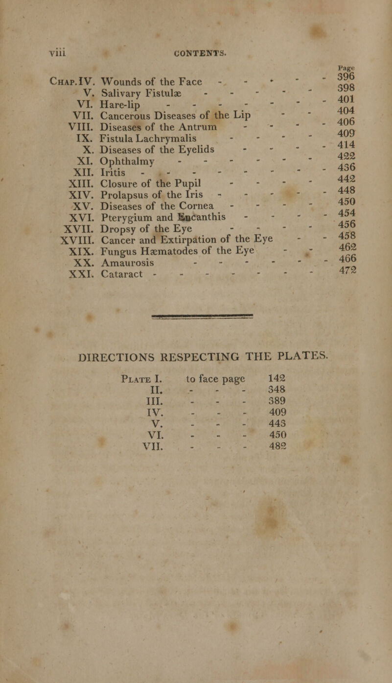 Vlll CONTENTS. Page Chap. IV. Wounds of the Face   *   393 V. Salivary Fistulae - ._- \7T XI 1- - 401 VI. Hare-lip - 4n4 VII. Cancerous Diseases of the Lip - ™<~ VIII. Diseases of the Antrum 414 IX. Fistula Lachrymalis X. Diseases of the Eyelids XI. Ophthalmy - -   436 XII. Iritis TjJ} XIII. Closure of the Pupil - - - 44^ XIV. Prolapsus of the Iris - ' itn XV. Diseases of the Cornea - - J>U XVI. Pterygium and Sncanthis - 454 XVII. Dropsy of the Eye - - 450 XVIII. Cancer and Extirpation of the Eye - - 45° XIX. Fungus Haematodes of the Eye XX. Amaurosis 4bb XXI. Cataract - - DIRECTIONS RESPECTING THE PLATES. Plate I. to face page 142 II. ... 348 III. 389 IV. ... 409 V. 443 VI. - 450 VII. ... 482