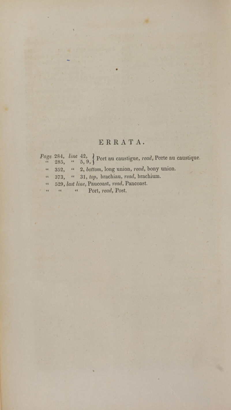 ERRATA. Page 284, line 42, ) port au caustjgUej recui} p0rte au caustique. 352,  2, bottom, long union, read, bony union. 373,  31, top, brachiau, read, brachium. 529, last line, Paucoast, read, Pancoast. «« <( Port, read, Post.