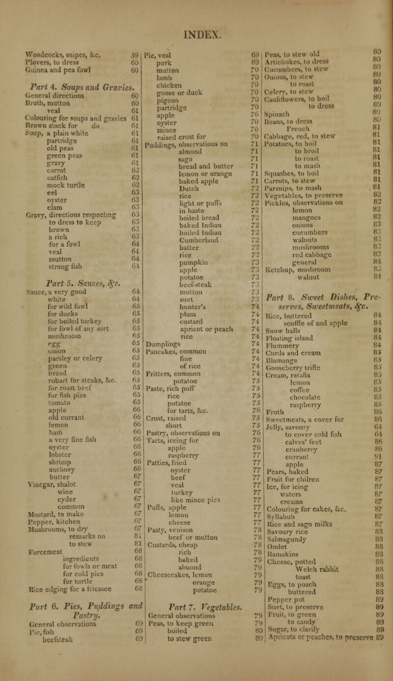 Woodcocks, snipes, kc. 59 Pid veal Plovers, to dress 60 pork 69 Guinea and pea fowl 60 mutton lamb 70 Part 4. Soups and Gravies. General directions 60 chicken goose or duck Broth, mutton 60 pigeon veal Colouring1 for soups and gravies 61 61 partridge apple 70 76 76 70 71 71 Brown stock for do 61 oyster ^oup, a plain white partridge old peas 61 61 61 mince raised crust for Puddings, observations on almond green peas gravy 61 61 sago bread and butter 71 71 carrot catfish mock turtle eel oyster clam Gravy, directions respecting 62 62 62 63 63 63 63 lemon or orange baked apple Dutch rice light or puffs in haste boiled bread 71 71 72 72 72 72 72 to dress to kcrp 63 63 63 64 64 baked Indian brown boiled Indian 72 a rich for a fowl veal Cumberland batter 72 72 72 mutton 64 rice pumpkin apple strong fish 64 73 potatoe 73 Tart 5. Sauces, §c. beef-steak 73 'nucc, a very good 64 mutton 73 white 64 suet 73 for wild fowl 65 hunter's 74 for ducks 65 plum 74 for boiled turkey 65 custard 74 for fowl of any sort 65 apricot or peach 74 mushroom 65 rice 74 egg 65 Dumplings 74 onion 65 Pancakes, common 74 parsley or celery 65 fine 74 green 65 of rice 74. bread 65 Fritters, common 74 robart for steaks, Sec. 65 potatoe 75 for roast beef 65 Paste, rich puff 75 for fish pies 65 rice 75 tomato 65 potatoe 75 apple 66 for tarts, &c. 76 old currant 66 Crust, raised 75 lemon 66 short 75 ham 66 Pastry, observations on 76 a very fine fish 66 Tarts, iceing for 76 oyster 66 apple 76 lobster 66 raspberry 77 shrimp 66 Patties, fried 77 anchovy 66 oyster 77 butter 67 beef 77 Vinegar, shalot 67 veal 77 wine 67 turkey 77 cyder 67 like mince pies 77 common 67 Pun's, apple 77 Mustard, to make 67 lemon 77 Pepper, kitchen 67 cheese 77 Mushrooms, to dry 67 Pasty, venison 78 remarks on 81 beef or mutton 78 to stew 81 Custards, cheap 78 Forcemeat 68 rich 78 ingredients 68 baked 79 for fowls or meat 68 almond 79 for cold pies 68 Cheesecakes, lemon 79 for turtle 68 orange 79 Rice edging for a fricasee 68 potatoe 79 Fart 6. Pies, Puddings and Part 7. Vegetables. Pastry. General observations 79 General observations 69 Peas, to keep green 79 Fie, fish 69 boiled 80 beefsteak 69 to stew green 80 i stew old Artichokes, to drrss ., to itew Onions, to stew to I Celery, t<> stow Cauliflower*, to boil to dress Spinach Beans, to dress French Cabbage, red, to stew Potatoes, to boil to broil to roast to mash Squashes, to boil Carrots, to slew Parsnips, to mash Vegetables, to preserve Pickles, observations on lemon mangoes onions cucumbers walnuts mushrooms red cabbage general Ketchup, mushroom walnut 80 80 80 80 80 80 80 80 80 81 81 81 81 81 81 81 81 81 82 82 82 82 8,1 8 83 83 83 84 83 84 Part 8. Sweet Dishes, Pre- serves, Sweetmeats, Sfc. Rice, buttered 84 scuffle of and apple 84 Snow balls 84 Floating island B4 Flummery 84 Curds and cream 85 Blamange 85 Gooseberry trifle 8.5 Cream, ratafia 85 lemon 85 coffee 85 chocolate 85 raspberry 85 Froth Sweetmeats, a cover for 86 Jelly, savoury 61 to cover cold fish 64 calves' feet 86 cranberry 86 currant 91 apple 87 Pears, baked 87 Fruit for chilren Ice, for icing 87 waters 87 creams 87 Colouring for cakes, Stc. 87 Syllabub 87 Itice and sago milks 87 Savoury rice 88 Salmagundy 88 Omlet 88 Ramakins 88 Cheese, potted 88 Welch rabbit 88 toast 88 Eggs, to poach 88 buttered 88 Pepper pot 89 Suet, to preserve 89 Fruit, to green 89 to candy 89 Sugar, to clarify 89 Apricots or peaches, to preserve 89