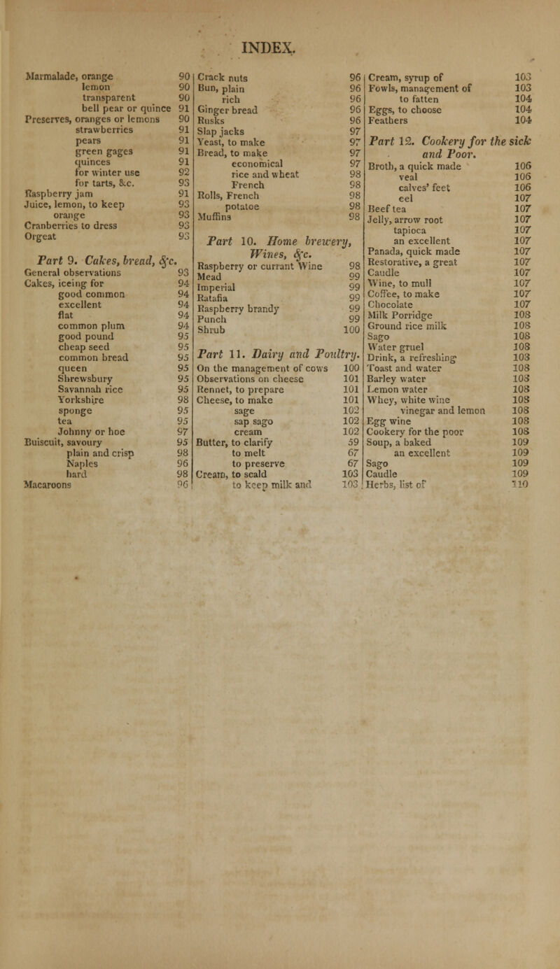 Marmalade, orang« 90 lemon 90 transparent 90 bell pear or quince 91 Preserves, oranges or lemons 90 strawberries 91 pears 91 green gages 91 quinces 91 for winter use 92 for tarts, &x. 93 Raspberry jam 91 Juice, lemon, to keep 93 orange 93 Cranberries to dress 93 Orgeat 93 Part 9. Cakes, bread, 8$c. General observations 93 Cakes, iceing for 94 good common 94 excellent 94 flat 94 common plum 94 good pound 95 cheap seed 95 common bread 95 queen 95 Shrewsbury 95 Savannah rice 95 Yorkshire 98 sponge 95 tea 95 Johnny or hoe 97 Euiscuit, savoury 95 plain and crisp 98 Naples 96 hard 98 Macaroons 96 Crack nuts 96 Bun, plain 96 rich 96 Ginger bread 96 Rusks 96 Slap jacks 97 Yeast, to make 97 Bread, to make 97 economical 97 rice and wheat 98 French 98 Rolls, French 98 potatoe 98 Muffins 98 Part 10. Home brewery, Wines, §c. Raspberry or currant Wine 98 Mead 99 Imperial 99 Ratafia 99 Raspberry brandy 99 Punch 99 Shrub 100 Part 11. Dairy and Poultry. On the management of cows 100 Observations on cheese 101 Rennet, to prepare 101 Cheese, to make 101 sage 102 sap sago 102 cream 102 Butter, to clarify 59 to melt 67 to preserve 67 Cream, to scald 103 to keep milk and 103 Cream, syrup of 103 Fowls, management of 103 to fatten 104 Eggs, to choose 104 Feathers 104 Part 12. Cookery for the sick and Poor. Broth, a quick made 106 veal 106 calves' feet 106 eel 107 Beef tea 107 Jelly, arrow root 107 tapioca 107 an excellent 107 Panada, quick made 107 Restorative, a great 107 Caudle 107 Wine, to mull 107 Coffee, to make 107 Chocolate 107 Milk Porridge 108 Ground rice milk 108 Sago 108 Water gruel 108 Drink, a refreshing 103 Toast and water 108 Barley water 108 Lemon water 108 Whey, white wine 108 vinegar and lemon 108 Egg wine 108 Cookery for the poor 108 Soup, a baked 109 an excellent 109 Sago 109 Caudle 109 Herbs, list of 110