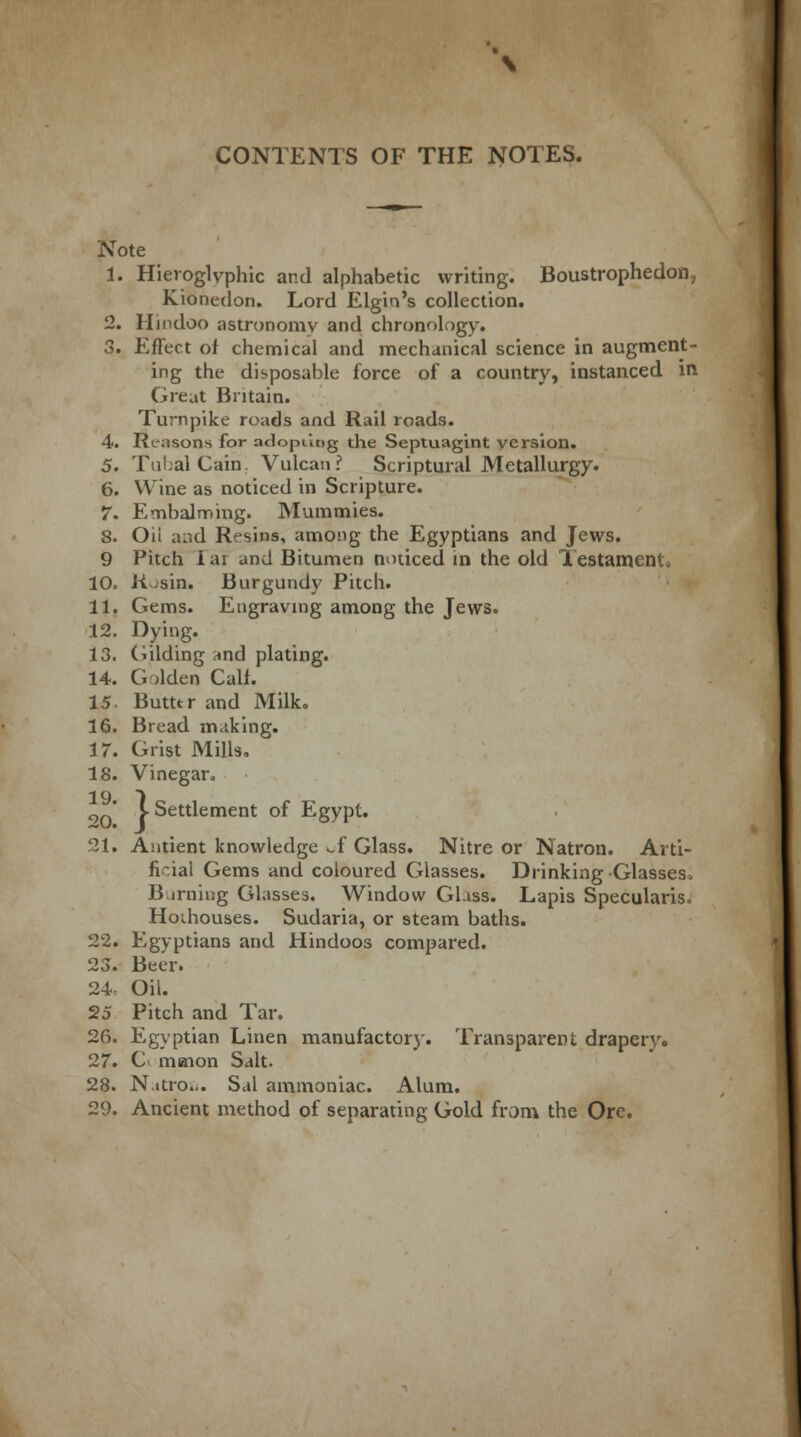 Note 1. Hieroglyphic and alphabetic writing. Boustrophedon, Kionedon. Lord Elgin's collection. 2. Hindoo astronomy and chronology. 3. Effect of chemical and mechanical science in augment- ing the disposable force of a country, instanced in Great Britain. Turnpike roads and Rail roads. 4. Reasons for adopting the Septuagint version. 5. Tubal Cain. Vulcan? Scriptural Metallurgy. 6. Wine as noticed in Scripture. 7. Embalming. Mummies. 8. Oii and Resins, among the Egyptians and Jews. 9 Pitch lar and Bitumen noticed in the old Testament. 10. Rosin. Burgundy Pitch. 11. Gems. Engraving among the Jews. 12. Dying. 13. Gilding and plating. 14. Golden Calf. 15- Butttr and Milk. 16. Bread making. 17. Grist Mills. 18. Vinegar. 19. > ' J- Settlement of Egypt. 21. Antient knowledge v,f Glass. Nitre or Natron. Arti- ficial Gems and coloured Glasses. Drinking Glasses. Burning Glasses. Window Glass. Lapis Specularis. Hoihouses. Sudaria, or steam baths. 22. Egyptians and Hindoos compared. 23. Beer. 24 Oil. 25 Pitch and Tar. 26. Egyptian Linen manufactory. Transparent drapery. 27. C< mmon Salt. 28. Natrpii. Sal ammoniac. Alum. 29. Ancient method of separating Gold from the Ore.