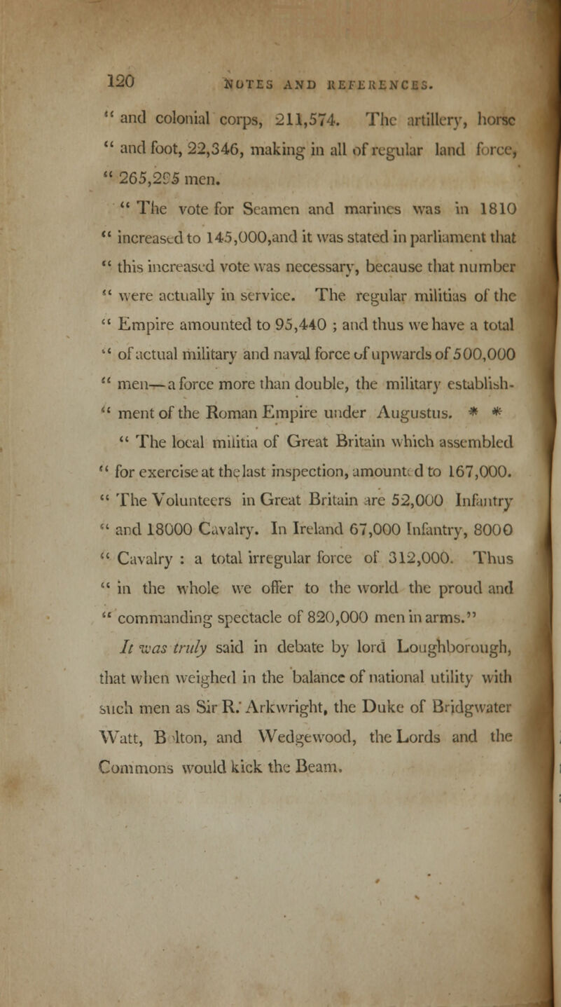  and colonial corps, 211,574. The artillery, horse  and foot, 22,346, making in all of regular land forcoj  265,21:5 men.  The vote for Seamen and marines was in 1810 <c increased to 145,000,and it was stated in parliament that  this increased vote was necessary, because that number  were actually in service. The regular militias of the  Empire amounted to 95,440 ; and thus we have a total  of actual military and naval force of up wards of 500,000  men—a force more than double, the military establish-  ment of the Roman Empire under Augustus. * *  The local militia of Great Britain which assembled  for exercise at the last inspection, amounud to 167,000.  The Volunteers in Great Britain are 52,000 Infantry  and 18000 Cavalry. In Ireland 67,000 Infantry, 8000  Cavalry : a total irregular force of 312,000. Thus  in the whole we offer to the world the proud and  commanding spectacle of 820,000 men in arms. 7/ ivas truly said in debate by lord Loughborough, that when weighed in the balance of national utility with such men as Sir R.'Arkwright, the Duke of Bridgwater Watt, B 4ton, and Wedgewood, the Lords and the Commons would kick the Beam.