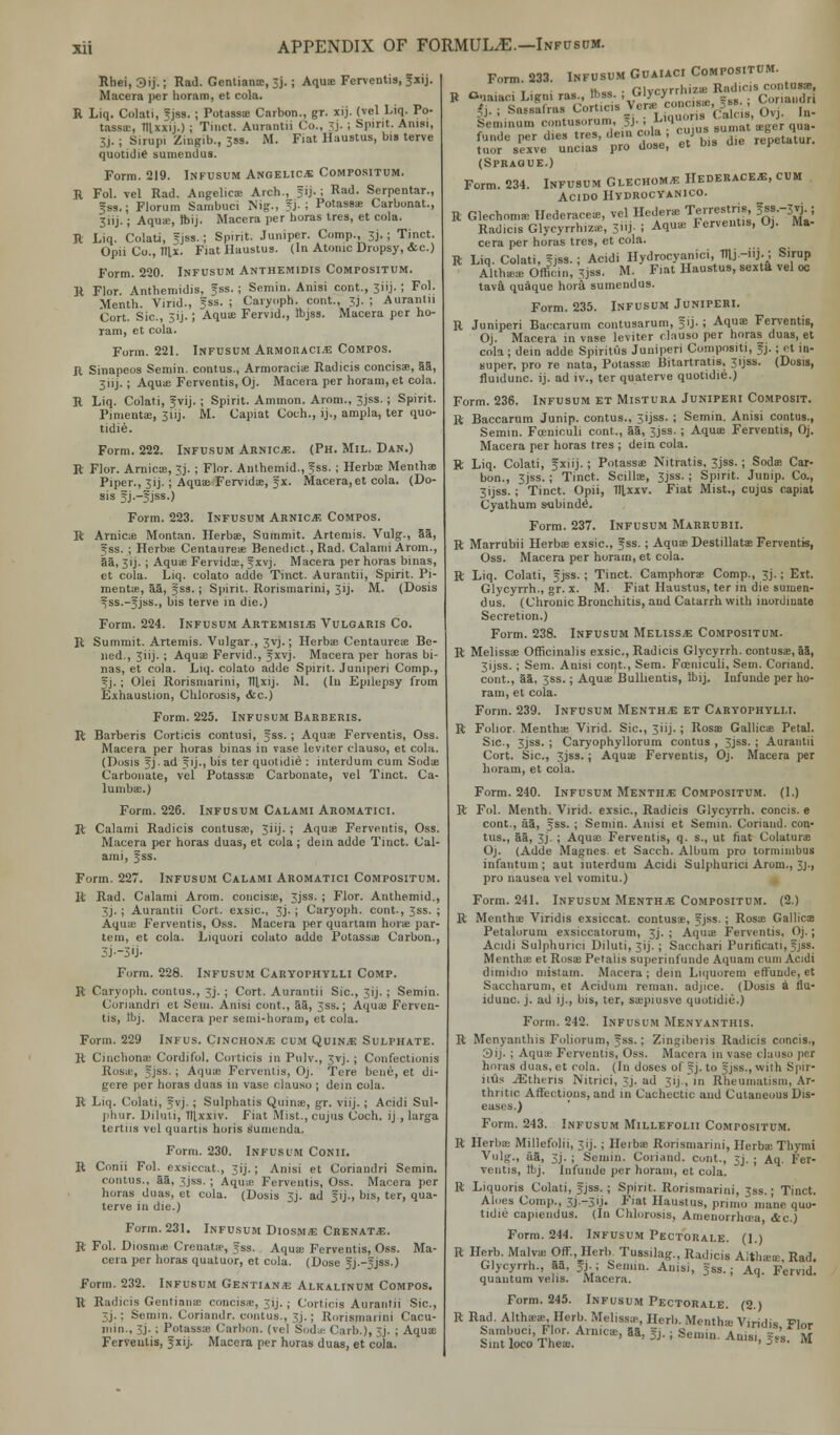 Rhei, 3ij.; Rail. Gentiame, 3j.; Aquae Ferventis, fxij. Macera per horam, et cola. R Liq. Colati, f jss. ; Potassae Carbon., gr. xij. (vel Liq. Po- tass;c, Tllxxij.) ; Tiuct. Aurantii Co., 3j. ; Spirit. Anisi, 3j. ; Sirupi Zingib., 33s. M. Fiat Haustus, bis terve quotidie sumendus. Form. 219. Infusum Angelica Compositum. R Fol. vel Rail. Angelica; Arch., $>)■ ; Rati. Serpentar., Jss.; Florum Sambuci Nig., 5J- i Potassae Carbonat., 3iij. ; Aquae, Ibij. Macera per horas tres, et cola. R Liq. Colati, Jjss.; Spirit. Juniper. Comp., 3j.; Tinct. Opii Co., 71lx. Fiat Haustus. (In Atonic Dropsy, &c.) Form. 220. Infusum Anthemidis Compositum. R Flor. Anthemidis, Jss.; Semin. Anisi cont., 3 > • J - \ F°]- Menth. Virid., fss. ; Caryoph. cont., 3j. J Aurantii Cort. Sic, 3ij. ; Aquae Fervid., ftjss. Macera per ho- ram, et cola. Form. 221. Infusum Armoraci.e Compos. It Sinapeos Semin. contus., Armoraciae Radicis concisae, S5, 311J. ; Aquae Ferventis, Oj. Macera per horam, et cola. R Liq. Colati, fvij. ; Spirit. Ammon. Arom., 3jss. ; Spirit. Pimentae, 3iij. M. Capiat Coch., ij., ampla, ter quo- tidie. Form. 222. Infusum Arnica. (Ph. Mil. Dan.) R Flor. Arnica?, 33. ; Flor. Anlhemid., ?ss. ; Herba: Mentha; Piper., 3ij. ; Aquae Fervidae, fx. Macera,et cola. (Do- sis ?j-?iss-) Form. 223. Infusum Arnice Compos. R Arnicas Montan. Herbae, Summit. Artemis. Vulg., 5a, ?ss. ; Herbae Centaureae Benedict., Rad. Calami Arom., aa, 3ij. ; Aquae Fervidae, Jxvj. Macera per horas binas, et cola. Liq. colato adde Tinct. Aurantii, Spirit. Pi- mento;, aa, §ss.; Spirit. Rorismarini, 3ij. M. (Dosis ^ss.-Jjss., bis terve in die.) Form. 224. Infusum Artemisia Vulgaris Co. R Summit. Artemis. Vulgar., 3vj.; Herbae Centaureae Be- lied., 3iij. ; Aquae Fervid., jxvj. Macera per horas bi- nas, et cola. Liq. colato adde Spirit. Jumperi Comp., 5j.; Olei Rorismarini, tllxij. M. (Iu Epilepsy from Exhaustion, Chlorosis, <fec.) Form. 225. Infusum Barberis. R Barberis Corticis contusi, Jss.; Aquae Ferventis, Oss. Macera per horas binas in vase leviter clauso, et cola. (Dosis fj. ad ?ij., bis ter quotidie : interdum cum Sodae Carbonate, vel Potassae Carbonate, vel Tinct. Ca- lumbae.) Form. 226. Infusum Calami Aromatici. R Calami Radicis contusae, 31 ij. ; Aquae Ferventis, Oss. Macera per horas duas, et cola; dein adde Tinct. Cal- ami, fss. Form. 227. Infusum Calami Aromatici Compositum. It Rad. Calami Arom. concisae, 3jss. ; Flor. Anthemid., 3j. ; Aurantii Cort. exsic, 3J. ; Caryoph. cont., 3ss. ; Aquae Ferventis, Oss. Macera per quartam horse par- tem, et cola. Liquori colato adde Potassae Carbon., 3J--3U- Form. 228. Infusum Caryophylli Comp. R Caryoph. contus., 3J. ; Cort. Aurantii Sic, 3ij. ; Semin. Coriandri et Scm. Anisi cont., aa, 3ss.; Aquae Ferven- tis, tbj. Macera per semi-lioram, et cola. Form. 229 Infus. Cinchona cum Quin.e Sulphate. R Cinchona; Cordifol. Corticis in Pulv., 3vj. ; Confectionis Rosa-, fjss.; Aquae Ferventis, Oj. Tore bene, et di- gere per horas duas in vase clauso ; dein cola. R Liq. Colati, Jvj. ; Sulphatis Quinae, gr. viij.; Acidi Sul- phur. Diluli, lllxxiv. Fiat Mist., cujus Coch. ij , larga tertiis vel quartis horis sumenda. Form. 230. Infusum Conii. R Conii Fol. exsiccat., 31 j. ; Anisi et Coriandri Semin. contus., aa, 3jss. ; AquiE Ferventis, Oss. Macera per horas duas, et cola. (Dosis 3J. ad Jij., bis, ter, qua- terve in die.) Form. 231. Infusum Diosm* Crenat.e. R Fol. Diosmas Crenatss, fss. Aquae Ferventis, Oss. Ma- cera per horas quatuor, et cola. (Dose Jj.-?jss.) Form. 232. Infusum Gentians Alkalinum Compos. R Radicis Gentians concisae, 5ij. ; Corticis Aurantii Sic, 3j.: Semin. Coriandr. contus., 3j.; Rorismarini Cacu- min., 3j. ; Potassae Carbon, (vel Sodae Carb.), 3J. ; Aquae Ferventis, Jxij. Macera per horas duas, et cola. Form. 233. Infusum GuaIaci Compositum. ^ , (*.„., • nivcvrrhizae Radicis contuse, B Ouaiaci Ligni ras., tbss. • G'>c^r  =ss. . Coriandri ft. ; Sassafras Corticis Ver* ' • gy ,„. Seminum contusorum, Jj. i Liquor s , > funde per d,es tres, dein «Ja; -^ » ' ^t. tuor sexve uncias pro dose, ei 01 r (Sprague.) Form. 234. Infusum Glechom* Hederaceje, cum Acido Hydrocyanico. R Glechomas Hederaceie, vel Hederae Terrestris, 588.-3*1. i Radios Glycyrrh.zae, 3iij. ; Aqua; Fervent.s, Oj. Ma- cera per horas tres, et cola. R Liq. Colati, fjss. ; Acidi Hydrocyanic!, 1HH'J;; Sirup Althaea; Ofllcin, 3jss. M. Fiat Haustus, sexta vel oc tava quaque hora sumendus. Form. 235. Infusum Juniperi. R Juniperi Baccarum contusarum, ?ij. ; Aquae Ferventis, Oj. Macera in vase leviter clauso per horas duas, et cola ; dein adde Spiritus Juniperi Coinpositi, ?j. ; et in- super, pro re nata, Potassae Bitartratis, 31JSS. (Dosis, fluidunc ij. ad iv., ter quaterve quotidie.) Form. 236. Infusum et Mistura Juniperi Composit. R Baccarum Junip. contus., 3ijss. ; Semin. Anisi contus., Semin. Fceuiculi cont., aa, 3jss. ; Aquas Ferventis, Oj. Macera per horas tres ; dein cola. R Liq. Colati, fxiij. ; Potassae Nitratis, 3jss.; Sodae Car- bon., 3jss.; Tinct. Scillae, 3jss. ; Spirit. Junip. Co., 3ijss. ; Tinct. Opii, fllxxv. Fiat Mist., cujus capiat Cyathum subinde\ Form. 237. Infusum Marrubii. R Marrubii Herbae exsic, f ss. ; Aquae Destillatae Ferventis, Oss. Macera per horam, et cola. R Liq. Colati, 5JSS-! Tinct. Camphorae Comp., 3j.; E.*t. Glycyrrh., gr. x. M. Fiat Haustus, ter in die sumen- dus. (Chronic Bronchitis, and Catarrh with inordinate Secretion.) Form. 238. Infusum Melissa Compositum. R Melissae Officinalis exsic, Radicis Glycyrrh. contusae, aa, 3ijss. ; Sem. Anisi cont., Sem. Foeniculi, Sern. Coriand. cont., aa, 3ss.; Aquae Bullientis, Ibij. Iufunde per ho- ram, et cola. Form. 239. Infusum Mentha et Caryophylli. R Folior. Mentha; Virid. Sic, 3iij• ; Rosae Gallicae Petal. Sic, 3jss. ; Caryophyllorum contus , 3jss. ; Aurantii Cort. Sic, 3jss.; Aquae Ferventis, Oj. Macera per horam, et cola. Form. 240. Infusum Menth.e Compositum. (1.) R Fol. Menth. Virid. exsic, Radicis Glycyrrh. concis. e cont., aa, jss. ; Semin. Anisi et Semin. Coriand. con- tus., aa, 3j. ; Aquae Ferventis, q. s., ut fiat Colatura Oj. (Adde Magnes. et Sacch. Album pro tormiinbus infantum; aut interdum Acidi Sulphurici Arom., 3J., pro nausea vel vomitu.) Form. 241. Infusum Menth.e Compositum. (2.) R Mentha: Viridis exsiccat. contusae, fjss. ; Rosae GallicaB Petalorum exsiccatorum, 3j. ; Aquae Ferventis, Oj.; Acidi Sulphurici Diluti, 3ij. ; Sacchari Purificati, ?jss. Mentha; et Rosae Petaiis superinfunde Aquam cum Acidi dimidio mislain. Macera; dein I,K]Uorem effunde, et Saccharum, et Aciduni reman, adjice. (Dosis a flu- idunc. j. ad ij., bis, ter, saspiusve quotidie.) Form. 242. Infusum Menyanthis. R Menyanthis Foliorum, fss.; Zingiberis Radicis concis., 3ij. ; Aquae Ferventis, Oss. Macera in vase clauso per horas duas, et cola. (In doses of 5J. to fjss., with Spir- nils .■Ethens Nitrici, 3j. ad 31j.,in Rheumatism, Ar- thritic Affections, and in Cachectic and Cutaneous Dis- eases.) Form. 243. Infusum Millefolii Comtositum. R Herba: Millefolii, 3ij. ; Herbae Rorismarini, Herbae Thymi Vulg., aa, 3J. ; Semin. Coriand. cont., 3J. ; Aq. Fer- ventis, Ibj. Infunde per horam, et cola. R Liquoris Colati, fjss. ; Spirit. Rorismarini, 3ss.; Tinct. Aloes Comp., 3j.-3ij. Fiat Haustus, primo mane quo- tidie capiendus. (In Chlorosis, Amenorrhea, 4c.) Form. 244. Infusum Pectorale. (I.) R Herb. Malvas Off., Herb Tussilag., Radicis AithaeE Rad. Glycyrrh., aa, fj.; Semin. Anisi, gss. ; Aq. Fervid, quantum velis. Macera. Form. 245. Infusum Pectorale. (2.) R Rad. Altha-a?, Herb. Melissa-, Herb. Menth* Viridis ^lor Saroboci, Flor. Arnica:, aa, fj. ; Semin. Anisi, ?« M Suit loco Theae.