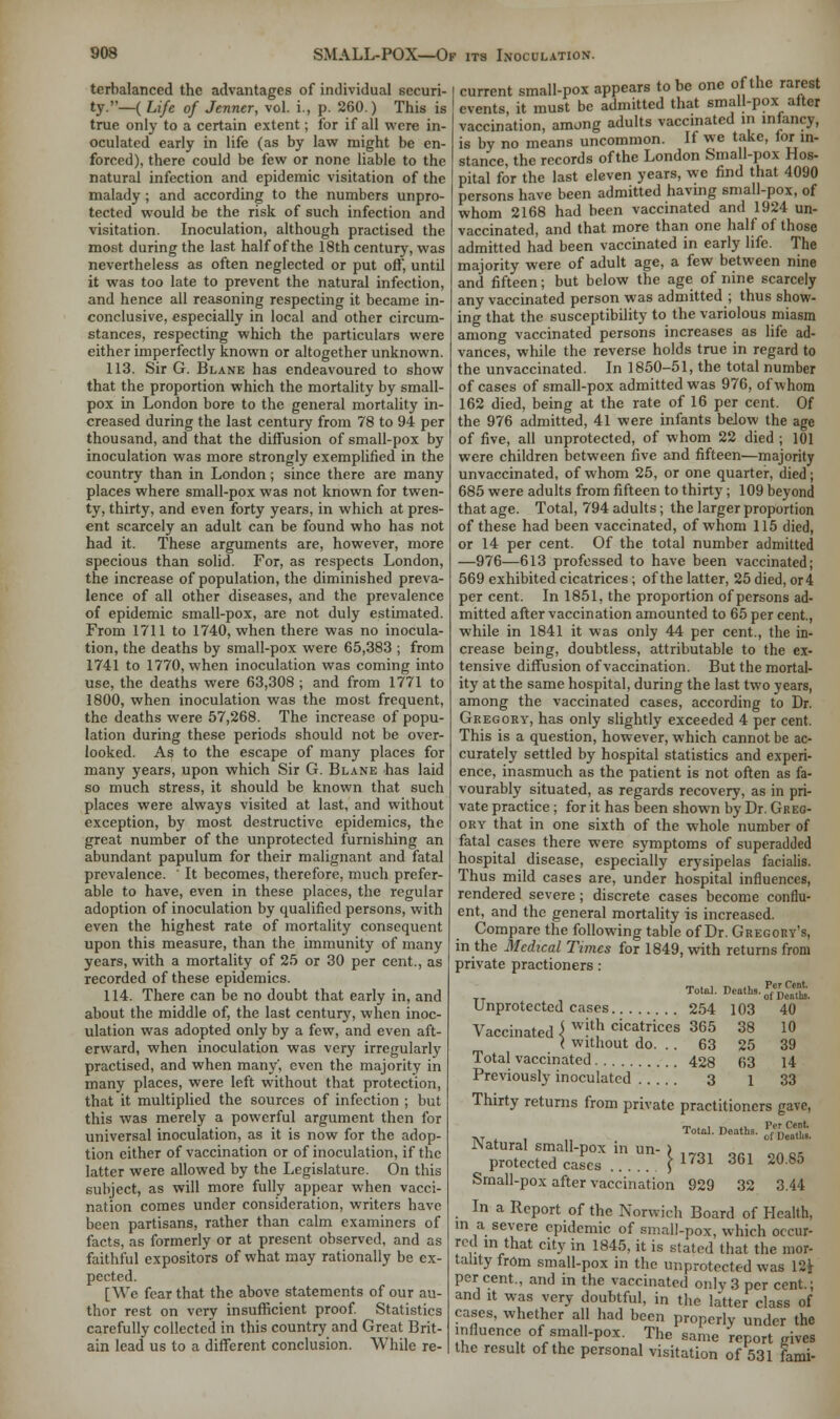 terbalanced the advantages of individual securi- ty.—( Life of Jenner, vol. i., p. 260.) This is true only to a certain extent; for if all were in- oculated early in life (as by law might be en- forced), there could be few or none liable to the natural infection and epidemic visitation of the malady ; and according to the numbers unpro- tected would be the risk of such infection and visitation. Inoculation, although practised the most during the last half of the 18th century, was nevertheless as often neglected or put off, until it was too late to prevent the natural infection, and hence all reasoning respecting it became in- conclusive, especially in local and other circum- stances, respecting which the particulars were either imperfectly known or altogether unknown. 113. Sir G. Blane has endeavoured to show that the proportion which the mortality by small- pox in London bore to the general mortality in- creased during the last century from 78 to 94 per thousand, and that the diffusion of small-pox by inoculation was more strongly exemplified in the country than in London; since there are many places where small-pox was not known for twen- ty, thirty, and even forty years, in which at pres- ent scarcely an adult can be found who has not had it. These arguments are, however, more specious than solid. For, as respects London, the increase of population, the diminished preva- lence of all other diseases, and the prevalence of epidemic small-pox, are not duly estimated. From 1711 to 1740, when there was no inocula- tion, the deaths by small-pox were 65,383 ; from 1741 to 1770, when inoculation was coming into use, the deaths were 63,308 ; and from 1771 to 1800, when inoculation was the most frequent, the deaths were 57,268. The increase of popu- lation during these periods should not be over- looked. As to the escape of many places for many years, upon which Sir G. Blane has laid so much stress, it should be known that such places were always visited at last, and without exception, by most destructive epidemics, the great number of the unprotected furnishing an abundant papulum for their malignant and fatal prevalence. ' It becomes, therefore, much prefer- able to have, even in these places, the regular adoption of inoculation by qualified persons, with even the highest rate of mortality consequent upon this measure, than the immunity of many years, with a mortality of 25 or 30 per cent., as recorded of these epidemics. 114. There can be no doubt that early in, and about the middle of, the last century, when inoc- ulation was adopted only by a few, and even aft- erward, when inoculation was very irregularly practised, and when many', even the majority in many places, were left without that protection, that it multiplied the sources of infection ; but this was merely a powerful argument then for universal inoculation, as it is now for the adop- tion either of vaccination or of inoculation, if the latter were allowed by the Legislature. On this subject, as will more fully appear when vacci- nation comes under consideration, writers have been partisans, rather than calm examiners of facts, as formerly or at present observed, and as faithful expositors of what may rationally be ex- pected. [We fear that the above statements of our au- thor rest on very insufficient proof. Statistics carefully collected in this country and Great Brit- ain lead us to a different conclusion. While re- current small-pox appears to be one of the rarest events, it must be admitted that small-pox after vaccination, among adults vaccinated in infancy, is by no means uncommon. If we take, lor in- stance, the records of the London Small-pox Hos- pital for the last eleven years, we find that 4090 persons have been admitted having small-pox, of whom 2168 had been vaccinated and 1924 un- vaccinated, and that more than one half of those admitted had been vaccinated in early life. The majority were of adult age, a few between nine and fifteen; but below the age of nine scarcely any vaccinated person was admitted ; thus show- ing that the susceptibility to the variolous miasm among vaccinated persons increases as life ad- vances, while the reverse holds true in regard to the unvaccinated. In 1850-51, the total number of cases of small-pox admitted was 976, of whom 162 died, being at the rate of 16 per cent. Of the 976 admitted, 41 were infants below the age of five, all unprotected, of whom 22 died ; 101 were children between five and fifteen—majority unvaccinated, of whom 25, or one quarter, died; 685 were adults from fifteen to thirty; 109 beyond that age. Total, 794 adults; the larger proportion of these had been vaccinated, of whom 115 died, or 14 per cent. Of the total number admitted —976—613 professed to have been vaccinated; 569 exhibited cicatrices; of the latter, 25 died, or 4 per cent. In 1851, the proportion of persons ad- mitted after vaccination amounted to 65 per cent., while in 1841 it was only 44 per cent., the in- crease being, doubtless, attributable to the ex- tensive diffusion of vaccination. But the mortal- ity at the same hospital, during the last two years, among the vaccinated cases, according to Dr. Gregory, has only slightly exceeded 4 per cent. This is a question, however, which cannot be ac- curately settled by hospital statistics and experi- ence, inasmuch as the patient is not often as fa- vourably situated, as regards recovery, as in pri- vate practice ; for it has been shown by Dr. Greg- ory that in one sixth of the whole number of fatal cases there were symptoms of superadded hospital disease, especially erysipelas facialis. Thus mild cases are, under hospital influences, rendered severe ; discrete cases become conflu- ent, and the general mortality is increased. Compare the following table of Dr. Gregory's, in the Medical Times for 1849, with returns from private practioners: Total- >>•»•*■ 3d2& Unprotected cases 254 103 40 Vaccinated \ w!* cicatces 365 38 10 } without do. .. 63 25 39 Total vaccinated 428 63 14 Previously inoculated 3 l 33 Thirty returns from private practitioners gave, «...'. „ Total-Dea,hs- TvSlt lNatural small-pox in un- ) protected cases \ 1731 361 2085 Srnall-pox after vaccination 929 32 3.44 In a Report of the Norwich Board of Health, in a severe epidemic of small-pox, which occur- red in that city in 1845, it is stated that the mor- tality from small-pox in the unprotected was 12^ percent., and in the vaccinated only3 per cent.; and it was very doubtful, in the latter class of cases, whether all had been properly under the influence of small-pox. The same report jnves the result of the personal visitation of 531 fami-