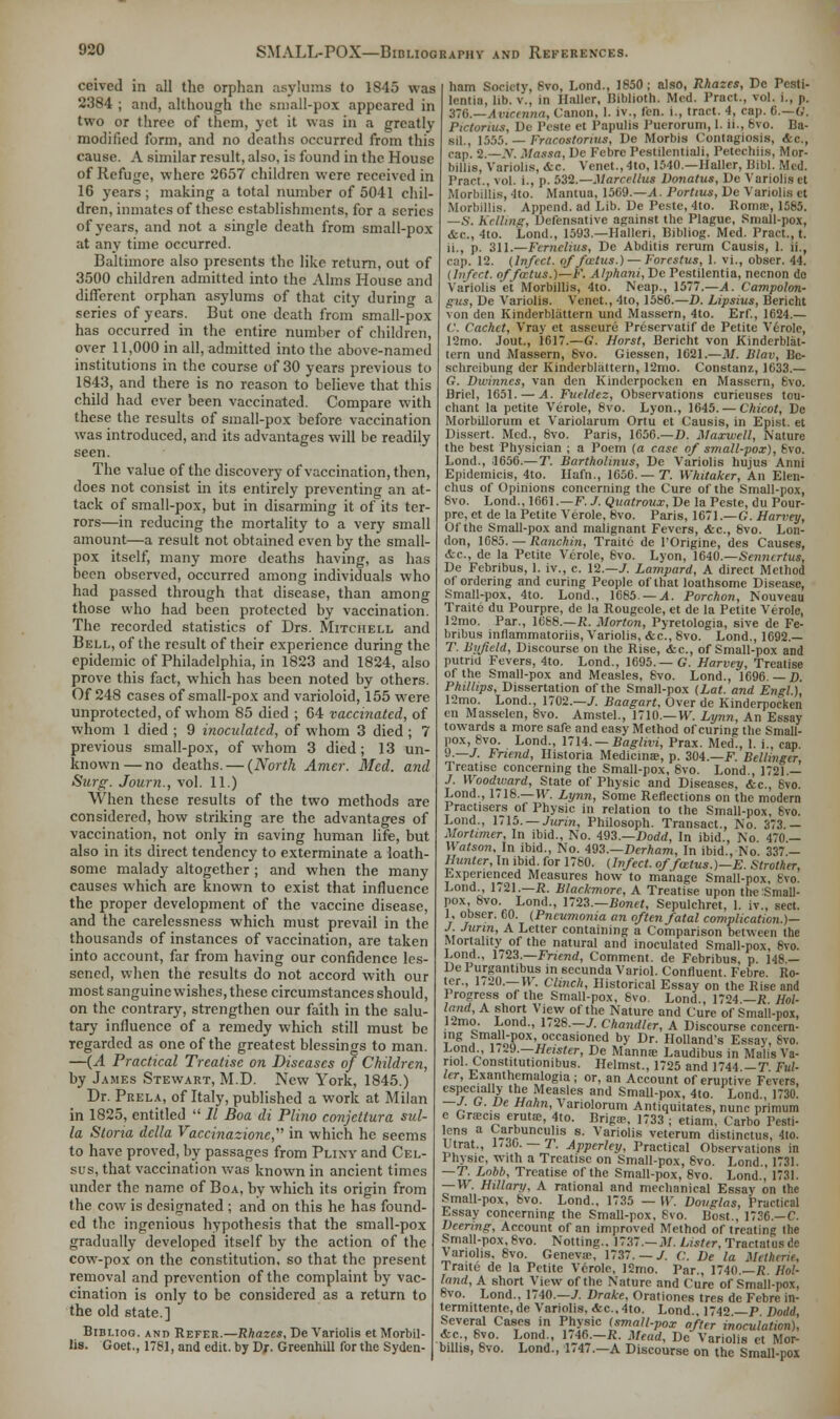 ccived in all the orphan asylums to 1845 was 2384 ; and, although the small-pox appeared in two or three of them, yet it was in a greatly modified form, and no deaths occurred from this cause. A similar result, also, is found in the House of Refuge, where 2657 children were received in 16 years ; making a total number of 5041 chil- dren, inmates of these establishments, for a scries of years, and not a single death from small-pox at any time occurred. Baltimore also presents the like return, out of 3500 children admitted into the Alms House and different orphan asylums of that city during a series of years. But one death from small-pox has occurred in the entire number of children, over 11,000 in all, admitted into the above-named institutions in the course of 30 years previous to 1843, and there is no reason to believe that this child had ever been vaccinated. Compare with these the results of small-pox before vaccination was introduced, and its advantages will be readily seen. The value of the discovery of vaccination, then, does not consist in its entirely preventing an at- tack of small-pox, but in disarming it of its ter- rors—in reducing the mortality to a very small amount—a result not obtained even by the small- pox itself, many more deaths having, as has been observed, occurred among individuals who had passed through that disease, than among those who had been protected by vaccination. The recorded statistics of Drs. Mitchell and Bell, of the result of their experience during the epidemic of Philadelphia, in 1823 and 1824, also prove this fact, which has been noted by others. Of 248 cases of small-pox and varioloid, 155 were unprotected, of whom 85 died ; 64 vaccinated, of whom 1 died ; 9 inoculated, of whom 3 died ; 7 previous small-pox, of whom 3 died; 13 un- known— no deaths. — (North Amer. Med. and Surg. Journ., vol. 11.) When these results of the two methods are considered, how striking are the advantages of vaccination, not only in saving human life, but also in its direct tendency to exterminate a loath- some malady altogether ; and when the many causes which are known to exist that influence the proper development of the vaccine disease, and the carelessness which must prevail in the thousands of instances of vaccination, are taken into account, far from having our confidence les- sened, when the results do not accord with our most sanguine wishes, these circumstances should, on the contrary, strengthen our faith in the salu- tary influence of a remedy which still must be regarded as one of the greatest blessings to man. —(A Practical Treatise on Diseases of Children, by James Stewart, M.D. New York, 1845.) Dr. Prela, of Italy, published a work at Milan in 1825, entitled  II Boa di Plino conjettura sul- la Storia della Vaccinazione, in which he seems to have proved, by passages from Pliny and Cel- sus, that vaccination was known in ancient times under the name of Boa, by which its origin from the cow is designated ; and on this he has found- ed the ingenious hypothesis that the small-pox gradually developed itself by the action of the cow-pox on the constitution, so that the present removal and prevention of the complaint by vac- cination is only to be considered as a return to the old state.] Bibuog. and Refer.—Rhazes, De Variolis et Morbil- lis. Goet., 1781, and edit, by Dr. Greenhill for the Syden- ham Society, Bro, Lond., 1850; also, Rhazes, Dc Pesti- lentia, lib. v., in Hallcr, Biblioth. Med. Pract., vol. i., p. 376.—Avicenna, Canon, I- Iv., fen. 1., tract. 4, cap. 6.—G. Pictorius, De Peste et Papulis Puerorum, 1. ii., fevo. Ba- sil., 1555. — Fracostorms, De Morbis Contagiosis, 4c, cap. 2.—-V. Massa, Dc Febre Pestilential!, Petechiis, Mor- hillis, Variolis, &c. Venet., 4to, 1540.—Haller, Bibl. Med. Pract., vol. i., p. 532.—Marccllus Vonatus, De Variolis et Morbillis, lto. Mantua, 1509.—A. Fortius, De Variolis ct Morbillis. Append, ad Lib. De Peste, 4to. Romw, 1585. —S. hi llms. Defensative against the Plague, Small-pox, &c., 4to. Lond., 1593.—Halleri, Bibliog. Med. Pract., t. ii., p. 311.—Fcrnclius, De Abditis reruin Causis, 1. ii., cap. 12. (Infect, of foetus.)— Forestus, 1. vi., obser. 44. (Infect, of foetus.)—F. Alphani, De Pcstilentia, necnon de Variolis et Morbillis, 4to. Neap., 15T7.—A. Campolon- gus, De Variolis. Venet., 4to, 1586.—D. Lipsius, Bericht von den Kinderblattern und Massern, 4to. Erf., 1624.— C. Cachet, Vray et asseure Preservatif de Petite Verole, 12mo. Jout., 1617.—G. Horst, Bericht von Kinderblat- tern und Massern, 6vo. Giessen, 1021.—M. lilav, Bc- sclireibung der Kinderblattern, 12mo. Constanz, 1633.— G. Dwinncs, van den Kinderpocken en Massern, 6vo. Ariel, 1651. — A. Fueldez, Observations curieuses tou- chant la petite Verole, 8vo. Lyon., 1645. — Chicot, De Morbillorum et Variolarum Ortu ct Causis, in Epist. et Dissert. Med., 8vo. Paris, 1050.—D. Maxwell, Nature the best Physician ; a Poem (<i case of small-pox), 6vo. Lond., 1656.— T. Bartholimis, De Variolis hujus Anni Epidemicis, 4to. Hafn., 1656.— T. Whitaker, An Elen- chus of Opinions concerning the Cure of the Small-pox, 8vo. Lond., 1661.—F. /. Quatroux, De la Peste, du Pour- pre, et de la Petite Verole, 8vo. Paris, 1671.—G. Harvey, Of the Small-pox and malignant Fevers, &c, 8vo. Lon- don, 1685. — Ranchin, Traite de l'Origine, des Causes, <fcc, de la Petite Verole, 8vo. Lyon, 1640.—Senncrtus, De Fcbribus, 1. iv., c. 12.—/. Lampard, A direct Method of ordering and curing People of that loathsome Disease, Small-pox, 4to. Lond., 1685— A. Porchon, Nouveau Traite du Pourpre, de la Rougeole, et de la Petite Verole, 12mo. Par., 1088.—R. Morton, Pyretologia, sive de Fe- bribus inflammatoriis, Variolis, &c, 8vo. Lond., 1692.— T. Bi/Jield, Discourse on the Rise, &c, of Small-pox and putrid Fevers, 4to. Lond., 1695.— G. Harvey, Treatise of the Small-pox and Measles, 8vo. Lond., 1696—0. Phillips, Dissertation of the Small-pox (Lat. and Engl.), 12mo. Lond., 1702.—/. Baagart, Over de Kinderpocken en Masselen, 8vo. Amstel., 1710.—W. Lynn, An Essay towards a more safe and easy Method of curing the Small- pox, 8vo. Lond., 1714. — Baglivi, Prax. Med., 1. i., cap 9.—/. Friend, Ilistoria Medicinae, p. 304.—F. Bellinger, Treatise concerning the Small-pox, 8vo. Lond., 1721.— /. Woodward, State of Physic and Diseases, &c, 8vo. Lond., 1718.—IV. Lynn, Some Reflections on the modern Practisers of Physic in relation to the Small-pox, 6vo. Lond., 1715. — Jurin, Philosoph. Transact., No. 373.— Mortimer, In ibid., No. 493.—Dodd, In ibid , No 470 — Watson, In ibid., No. 493.—Derham, In ibid., No. 337.— Hunter, In ibid, for 1780. (Infect, of foetus.)—E. Strother, Experienced Measures how to manage Small-pox, Bvo. Lond., 1721.—R. Blackmore, A Treatise upon the Small- pox, 8vo. Lond., 1723.—Bonet, Sepulchret, 1. iv., sect. 1, obser. 60. (Pneumonia an often fatal complication.)— J. Jurin, A Letter containing a Comparison between the Mortality of the natural and inoculated Small-pox, 8vo. Lond., 1723.—Friend, Comment, de Febribus, p. 148.— De Purgantibus in sccunda Variol. Confluent. Febre. Ro- ter., 1,20.— W. Clinch, Historical Essay on the Rise and 1 rogress of the Small-pox, 8vo. Lond., 1724 — R Hol- land, A short View of the Nature and Cure of Small-pox, 12mo. Lond., 1728.—/. Chandler, A Discourse concern- ing SmaU-pox, occasioned by Dr. Holland's Essay, Svo. Lond., 1,29.—Heister, De Manna? Laudibus in Malis Va- riol. Constitutionibus. Helmst., 1725 and 1744 — T Ful- ler, Exanthemalogia ; or, an Account of eruptive Fevers, especially the Measles and SmaU-pox, 4to. Lond., 1730. —J. G. De Hahn, Vanolorum Antiquitates, nunc primum e Gra-cis eruta;, 4to. Briga>, 1733 ; etiam, Carbo Pesti- lcns a Carbunculis s. Variolis veterum distinctus, 4to. Utrat., 1,30.— T. Apperley, Practical Observations in Physic, with a Treatise on Small-pox, 8vo. Lond., 1731. —T. Lobb, Treatise of the Small-pox, 8vo. Lond., 1731. —W. Hillary. A rational and mechanical Essay on the SmaU-pox, 6vo. Lond., 1735 — W. Dovglas, Practical Essay concerning the SmaU-pox, 8vo. Bost., 1736.—C. Deering, Account of an improved Method of treating the Small-pox, 8vo. Notting.. 1737.— M. Lister. Tractatusde Variolis, 8vo. Geneva?, 1737. — /. C. De la Metkerit, Traite de la Petite Verole, 12mo. Par., 1740.—R. Hol- land, A short View of the Nature and Cure of Small-pox, Svo. Lond.. 1740.—/. Drake. Orationes tres de Febre in- termittente, de Variolis, <&c.,4to. Lond., 1742. P Dodd Several Cases in Physic (small-pox after inoculation), &c, 8vo. Lond., 1746.—ft. Mead, De Variolis et Mor- billis, Svo. Lond., 1747.—A Discourse on the SmaU-pox