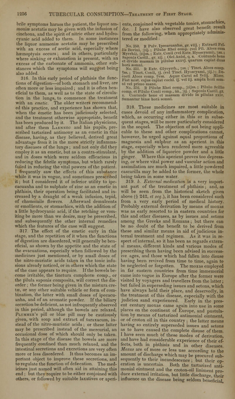 brile symptoms harass the patient, the liquor am- monias acetatis may be given with the infusion of cinchona, and the spirit of nitric ether and hydro- cyanic acid added to them. In some instances the liquor ammonite acetatis may be prescribed with an excess of acetic acid, especially where haemoptysis occurs ; and in others, particularly where sinking or exhaustion is present, with an excess of the carbonate of ammonia, other sub- stances which the symptoms will suggest being also added. 316. In this early period of phthisis the func- tions of digestion—of both stomach and liver, are often more or less impaired ; and it is often ben- eficial to them, as well as to the state of circula- tion in the lungs, to commence the treatment with an emetic. The older writers recommend- ed this practice, and experience has shown that, when the emetic has been judiciously selected, and the treatment otherwise appropriate, benefit has been produced by it. The Italian physicians, and after them Laennec and his pupils, pre- scribed tartarized antimony as an emetic in this disease, having, as they believed, derived great advantage from it in the more strictly inflamma- tory diseases of the lungs ; and not only did they employ it as an emetic, but as a contra-stimulant, and in doses which were seldom efficacious in reducing the febrile symptoms, but which rarely failed in reducing the vital powers of the patient. I frequently saw the effects of this substance while it was in vogue, and sometimes prescribed it; but I considered it of inferior utility to ipe- cacuanha and to sulphate of zinc as an emetic in phthisis, their operation being facilitated and in- creased by a draught of a weak infusion, tepid, of chamomile flowers. Afterward demulcents or emollients, or stomachics, with the addition of a little hydrocyanic acid, if the retching or vom- iting be more than we desire, may be prescribed, and subsequently the other internal remedies which the features of the case will suggest. 317. The effect of the emetic early in this stage, and the repetition of it when the functions of digestion are disordered, will generally be ben- eficial, as shown by the appetite and the state of the evacuations, especially when followed by the medicines just mentioned, or by small doses of the nitro-muriatic acids taken in the tonic infu- sions already noticed, or in others which the state of the case appears to require. If the bowels be- come irritable, the tinctura camphoras comp., or the pilula saponis composita, will correct the dis- order ; the former being given in the mistura cre- t83, or any other suitable vehicle or form of com- bination, the latter with small doses of ipecacu- anha, and of an aromatic powder. If the biliary secretion be deficient, as not infrequently observed in this period, although the bowels are relaxed, Plummer's pill or blue pill may be cautiously given, with soap and extract of taraxacum, in- stead of the nitro-muriatic acids ; or these latter may be prescribed instead of the mercurial, an occasional dose of which should only be taken. In this stage of the disease the bowels are more frequently confined than much relaxed, and the intestinal secretions and excretions are very often more or less disordered. It thus becomes an im- portant object to improve these secretions, and to regulate the function of defalcation. The med- icines just named will often aid in attaining this end ; but they require to be either conjoined with others, or followed by suitable laxatives or aperi- ents, conjoined with vegetable tonics, stomachics, &c. I have also observed great benefit result from the following, when appropriately adminis- tered or modified : No. 350. R Pulv. Ipecacuanha;, gr. viij.; Extract! Fel- lis Bovini, 3ij. ; Pilula; Khei comp. (vcl Pil. Aloes cum Myrrha), 3ijss.; Extr. Conii (vel Extr. llyoscyami), jss.; Saponis Castil.. gr. xij.; Olei Anisi, q. s. Contunde bine et divide massam in pilulas xxxvj. quarum capiat duas hora somni. No. 351. R Extr. Glvcyrrh., jss.; Tinct. Aloes comp. ?ss. ; Tinct. Conii, 3J. (vel Tinct. llyoscyami, sij.); De- cocti Aloes comp. svss. Aqua; Carui ad fviij. Misce. Fiat mist, cujus capiat cochl. ij. vel iij. ampla hora som- ni vel primo mane. No. 352. R Pilula; Rhei comp., 3ijss. ; Pilulse ScUlsa comp. et Pilula; Conii comp., aa., 3j. ; Saponis Castil. gt. x. Contunde bene et massam divide in pilulas xxiv. Sumantur bince hora somni. 318. These medicines are most suitable in cases devoid of any imflammatory complication, which, as occurring either in this or in subse- quent stages, will be more particularly considered in the sequel. The objection of not being appli- cable to these and other complications cannot, however, be urged against equal proportions of magnesia and sulphur as an aperient in this stage, especially when rendered more agreeable by the addition of liquorice powder and a little ginger. Where this aperient proves too depress- ing, or where vital power and vascular action and assimilation are much impaired, a little powdered cascarilla may be added to the former, the whole being taken in some water. 319. b. External medication is a very import- ant part of the treatment of phthisis ; and, as will be seen from the historical sketch given above (§ 242, et seq.), it has been considered such from a very early period of medical history. Probably external derivation by means of moxas was as early resorted to in eastern countries for this and other diseases, as by issues and setons among the Greeks and Romans ; but there can be no doubt of the benefit to be derived from these and similar means in aid of judicious in- ternal treatment and regimen. As it was in re- spect of internal, so it has been as regards extern- al means, different kinds and various modes of prescribing them having been advised in success- ive ages, and those which had fallen into disuse having been revived from time to time, again to be neglected or forgotten. The moxas employed in far eastern countries from time immemorial came into vogue in Europe after the former were visited by voyagers and travellers from the latter ; but failed in superseding issues and setons, which have always held their place, and deservedly, in the treatment of this disease, especially with the judiciou sand experienced. Early in the pres- ent century moxas came again into use in some places on the continent of Europe, and pustula- tion by means of tartarized antimonial ointment, or of croton oil in this country ; the latter means having so entirely superseded issues and setons as to have caused the complete disuse of them. I have seen much of these modes of derivation, and have had considerable experience of their ef- fects, both in phthisis and in other diseases. Moxas are of more or less use according to the amount of discharge which may be procured sub- sequently to their incandescence ; but their op- eration is uncertain. Both the tartarized anti- monial ointment and the croton-oil liniment pro- duce external irritation, but little discharge, their influence on the disease being seldom beneficial.