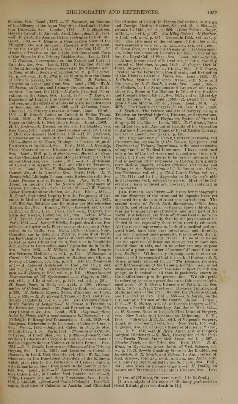 Sources, 8vo. Lond., 178T. — W. Falconer, an Account of the Efficacy of the Aqua Mepliitica Alcalina in Calcu- lous Disorders, 8vo. London, 1787.—J. 0. lIwjstrom, Genesis Calculi, in Amoenit. Acad. Linn., &c, t. ii., 1787. —H. F. Link, De Analyst Utilise et origine Calculi, 4to. Goett., 17S8. — W. Uiggtns, a Comparative View of the Phlogistic and Antiphlogistic Theories, with an Append- ix on the Origin of Calculus, Svo. London, 17^9.— W. a Treatise Oil the Origin and Component Parts of the Stone in the Urinary Bladder, 8vo. Lond., 1791. — T. Beddoes, Observations on the Nature and Cure of Calculus, &c, Svo. Lond., 1792.—/'. Copland, Account of the Lithontriptic Power observed in the Muriatic Acid, in Mem. of Med. Society of London, vol. v., p. 71; et vol. vi., p. 601.—A. P. W. Philip, an Inquiry into the Cause of Urinary Gravel, Svo. Edinb., 1792. — M. Forbes, a Treatise on Gravel and Gout, 8vo. Lond., 1793.—IK. H. WoUaston, on Gouty and Urinary Concretions, in Philo- sophical Transact, for 1797.—J. Earle, Practical Obser- vations on the Stone, 8vo. Lond., 1793. — T. Egan, an Experimental Inquiry into Gravelly and Calculous Con- cretions, and the effects of Acids and Alkaline Substances on them, &c, 4to. Dublin, 1S05.—//. Johnston, Pract. Obscrvat. mi Urinary Gravel and Stone, 12nio. Edlnb., 1800. — IF. lirande, Letter on Calculi, in Philos. Trans. Lond., 18:S —E. Home, Observations on Mr. Brande's Paper on Calculi, in Nicholson's Journ. Lond., 1809.— H. U. Onderdonk, Dissert, on Stone in the Bladder, 8vo. New York, 1810. — Biett et Cadet de Gassicourt, art. Calcul in Diet, des Sciences Medicates, t. iii—H. IF. Anderson, a Dissertation on Stone in the Bladder, Svo. New York, 1810.—Marie de St.Ursin, Etiologie et Therapentique de 1'Arthritis et du Calcul, Svo. Paris, 1SI6.—J. Hoxeship, Pract. Observations on Diseases of the Urinary Organs, 8vo. Lond., 1816, p. 4, etphiries.—A. Marcet, an Essay on the Chemical History and Medical Treatment of Cal- culous Disorders, 8vo. Lond.,18i7. — A. C Hutchison, on Calculus in Seamen, in Med. and Chirurg. Transact., vol. ix. Lond., 1818.—F. Maaendie, Recherches sur les Causes, &c, de la Gravelle, 8vo. Paris, ISIS.—L. V. Brugnatelli, Litologia Urn ana, ossia Richerche sulle Sos- tanze Petrose que si fonnano, 4to. Pav., 1819.— If'. Prout, an Inquiry into the Nature and Treatment of ('.ravel, Calculus, &c, 8vo. Lond.. 18:1.—C. If'. Fenner, Ueber Harnsteinkrankheiten, &c. 8vo. Eisen., 1821.— R. Smith, Statistical Inquiry into the Frequency of Cal- culus, in Medico-Chirnrgical Transactions, vol. xi., 1821. —G. Wetzlur, Beitriige znr Kenntniss des Menschlichen llarncs, &c, Svo. 1'rancl;., 1821.—Breschet, art. Calcul in Diet, de M id., t. iv. Paris. 1822. — K. Caspari, Der Stein der Nieren, llarnblase, &c, Svo. Leipz., 1823.— J. L. Proust, Essai sur une ties Causes des Calculs, Svo. Paris, 1824.—J. Leroy aEtiolle, Expose des divers Pro- cedes pour Guerirde la Pierre sans avoir recours a l'Ope- ration de la Taille, 8vo. Pais, 1825. — Civiale, Nouv. Consider, sur la Retention d'Urine, snivie d'un Traite sur les Calcules Urinaires, sur la Maniere d'en connaitre la Nature dans l'lnterieur de la Vessie et la Possibility d'en operer la Destruction sans 1'Operation de la Taille, Svo. Paris, 1S23.—M. Holtard, in Jo urn. des Progres des Sciences Medicates, t. viii., p. 136. (Pathohyia et Cura.)—IF. Prout, in Transact, of Medical and Chiru g. Society of London, vol. viii., p. 537. (On the Treatment of.)— A. Copland Hutchison, in Ibid., vol. ix., p. 443, and vol. xvi., p. 94. (Infrequency of Calc. among Sea- men.)— W. Henry, in Ibid., vol. x., p. 1:5. (Experimental Examination of 187 Specimens.) — A. Cooper, in Ibid., vol. viii., p. 4 5; et vol. xi., p. 349; vol. xii., p. 3S1.— //. hence Jones, in Ibid., vol. xxvi., p. 109. (Exami- nation of Calculi, &c.) — T. Paget, in Ibid., vol. xxxiii., p. 293.—M. Ilobinet, Repert. Goner. d'Anatom. et Phys., t. i., p. 535. — /{. N. Barnard, Trans, of Med. and Phys. Society of Calcutta, vol. v., p. '249. (On Urinary Calculi in the Xatives of Bengal.)—./. G. Crosse, a Treatise on the Formation, Constituents, and Extraction of the Uri- nary Calculus, &c, 4to. Lond., 18C5. (Cop ously illus- trated by Plates, vith a most extensive Bibliography.)—J. Yelloly, in Philosophical Transactions. Lond., 1829.—A. Campann, Richerche. sulle Concrezioni Urinarie Umane, 8vo. Venet., 1S30.— Jolly, art. Calcul in Diet, de Med. et Chir. Prat., t. iv. Paris, 1S31.—Thomson and Cumin, in Cyclop, of Pract. Med., vol. i., p. 334.—Amussat, Con- cretions Urinaires de l'Espece humainc, classees dans le double Rapport de lour Volume et de leur Forme. Par., 1832.—B. C. Brodie, Lectures on Diseases of the Urinary Organs, Svo. Lond., 1S3!; and Lectures on Calculous is, in Lond. Med. Gazette, vol. viii.— IF. Ennland, Observat. on the Functional Disorders of the Kidneys, which give rise to the Formation of Urinary Calculi, with Remarks on their Frequency in the County of Nor- folk, 8vo. Lond., 1S30. — IF. Lawrence, Lectures on Uri- nary Calculi, &C, in London Med. Gazette, vol. vi.—R. Willis, Urinary Dis. and their Treatment, 8vo. Lond., 18:;8, p. 246-349. (Renal and Vesical Calculi.)—Von Watt- mann, Statistics of Calculus in Austria, and Chemical Constitution of Calculi in Vienna Collections, in British and Foreign Medical Review, &c, vol. iii.. p. 254.—M. Drantz, in Ibid., vol. v., p. 2C6. (Blue Uline )—Bayer, in Ibid., vol. viii., p. 147. (CnMilky Urine.)—L' Heritier, in Ibid., vol. xvii., p. 437 —Graves, in Ibid., vol. xvi., p. 243. See also most of the volumes of this able work, more especially vols, vii., ix., xii., xiv., xvi., xvii., &c.— G. Owen Rees, on Calculous Disease and its Consequen- c< s, being the Croonian Lectures for 1S5J, d> livered be- fore the Royal Coll. of Phys., 8vo. Lond., 185 '.—Berbie, on Ailments connected with Oxaluria, in Edin. Monthly .Journal of Medicine, August. 1849.—.-?. Coopir, Dirt, of Pract. Surgery, 8vo. Lond., 7ib ed., 183-.— J. G. Crosse, Treatise on the Formation, Con-titmnts, and Extraction of the Urinary Calculus, Plates, 4to. Lond., 1835.— M. J. Chclius, System of Surgery, trans]., with Note and Observat., by J. F. South, 2 vols., Svo. Lond., 1845. IF. Coulson, on the Symptoms and Causes of. and Oper- ations for, Stone in the Bladder, in Dis. of the Bladder and Prostate Gland, 4th ed., 8vo, 1852; and on LithotrUy and Lithotomy, 8*o. Lond., 1853.—R. Druitt The Sur- geon's Vade Mccum, 6th ed., 12nio. Lond., 18 4. —J. Miller, The Practice of Surgery, 2d cd., Svo. Edin., 1S52. —J. Erichsen, The Science and Art of Surgery, being a Treatise on Surgical Injur'es, Diseases, and Operations, Svo. Lond., ISW. — IF. Fergus on, System of Practical Surgery, 3d ed., 12mo. Lond., 185'.—B. C. Brodie, Notes on Lithot ity, with Account of Results of the Operation in Author's Practice, in Trans, of Roval Medico-Chirurg. Society of London, vol. xxxiii.. p. 170. The BnxtoGEAriiY of Ur.iNE, Uiunary Diposits, and Concretions, es; ecially of tlie Causes, Symptoms, and Treatment of Urinary Concretions, is the most extensive of any branch of Medical Literature. I have mentioned only a few of the best works and memoirs on th< se sub- jects; but those who desire to be farther informed will find numerous other references in I loocquet'b Lilera- tura Medico, Digesta, articles Calculus Uiinarius and Urina; in the Repertorium of J. D. Rkcss, arts. CaUu- lus Urinarius, vol. xii., p. 17S-2i7, and Urina, vol. xv., p. 134-174; and in the Appendix to Mr. Cbosse's able and laborious work, referred to above. M-'St ol the Ref- erences I have adduced are, however, not contained in these works. [Am. BiiJLtoo. and Refer.—But very few monographs on the disorders of the urine and its deposits have yet appeared from the pens of American practitioners. The special works of Prout, Bird, Marclavick, Willis, Rees, Griffith, and other British writers on these snbji cts, are familiar to American practitioners; and in no part of the world, it is believed, are these affictions treated more ju- diciously and scientifically than by the physicians of the United St tes, especially those more recently educated. All the recent improvements, both of a medical ami sur- gical kind, have been here introduced; and lit! otrity has been practised more generally, it is believed, than in any other country, except France. In no other nation has the operation of lithotomy been generally more suc- cessful than in this, and in no other can any surgeon boast of a greater number of successful* cases than our own Dudley.f Without any disparagement to other au- thors, it will be conceded that the work of Professor S. D. Gross, already referred to, on The Diseases. Injuries, and Malfornations of the Urinary Bladder,'' &c, is not surpassed by any other on the same subject in any lan- guage, as it embodies all that is positively known em these affections up to the present time. We take pride in referring American practitioners to this most enlight- ened work.—>S*. D. Qross, Elements of Path. Anat., Svo. Phil., 18-15; a Pract. Treatise on Diseases, Injuries, and Malformations of the Urin. Bladder, the Prostate Gland, and the Urethra, 8vo. Phil., 1855.—J. S. Dorsey, on the L'thontriplic Virtues of the Gastric Liquor. I hilad., 1802.—T. D. Mutter, Am. ed. of Liston's Surgery.— Win. Gibson, a Sketch of Lithotripsy, Am. Journ. Med. Sci.— A. II. Stevens, Notes to Cooper's First Lines of Surgery, 8vo. New York; and Lectures on Lithotomy. N. Y., 1838. — Valentine Mott, Am. edit, of Velpeau's Surgery, transl. by Townsend, 3 vols., Svo. New York, If 60.—A. S. Doane, Am. ed. of Good's Study of Medicine, 2 vols., 8vo. N. Y.. 1848.—D. M. Reese, Amer. edit, of Cooper's Surgical Dictionary.—G. Buck, Description of the Peri- neal Fascia, Trans. Amer. Med. Assoc , vol. i., p. 367.— Charles Frick, on the Urine, 8vo. Bait., 1850. — E. K. Kane, on Kyesteine, Amer. Journ. of Med. Science, vol. iv., p. 13, N. S.—On Crushing Stone in the Bladder, see Randolph, N. R. Smith, and Gibson, in Am, Journal of Med. Science, vols, xv., xviii., and rix, and Amer. edit, of (Ihelius's Surgery, edited by South, 3 vols., Svo. Phil., 1847; also Gross on Urinary Organs.—B. II. Dudley, on Nature and Treatment of Calculous Diseases, Svo. Lex- [* Out of 207 cases, 201 were cured; 1 in 34 fatal.] [t An analysis of 354 cases of lithotomy performed in Great Britain gives one death in 4}.]