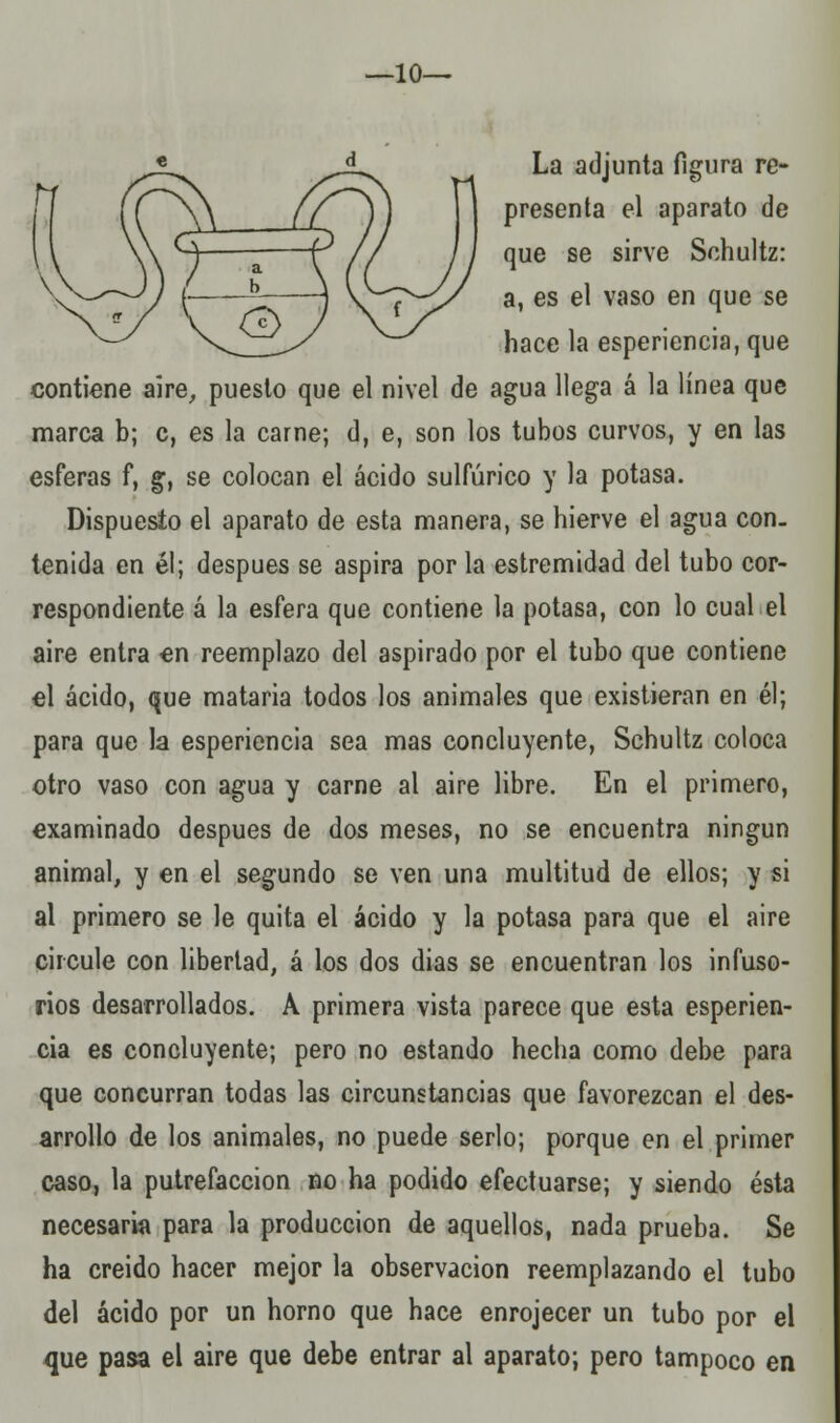 —10— La adjunta figura re- presenta el aparato de que se sirve Schultz: a, es el vaso en que se hace la esperiencia, que contiene aire, puesto que el nivel de agua llega á la línea que marca b; c, es la carne; d, e, son los tubos curvos, y en las esferas f, g, se colocan el ácido sulfúrico y la potasa. Dispuesto el aparato de esta manera, se hierve el agua con- tenida en él; después se aspira por la estremidad del tubo cor- respondiente á la esfera que contiene la potasa, con lo cual el aire entra «n reemplazo del aspirado por el tubo que contiene el ácido, que mataría todos los animales que existieran en él; para que la esperiencia sea mas concluyente, Schultz coloca otro vaso con agua y carne al aire libre. En el primero, examinado después de dos meses, no se encuentra ningún animal, y en el segundo se ven una multitud de ellos; y si al primero se le quita el ácido y la potasa para que el aire circule con libertad, á los dos dias se encuentran los infuso- rios desarrollados. A primera vista parece que esta esperien- cia es concluyente; pero no estando hecha como debe para que concurran todas las circunstancias que favorezcan el des- arrollo de los animales, no puede serlo; porque en el primer caso, la putrefacción no ha podido efectuarse; y siendo ésta necesaria para la producción de aquellos, nada prueba. Se ha creído hacer mejor la observación reemplazando el tubo del ácido por un horno que hace enrojecer un tubo por el que pasa el aire que debe entrar al aparato; pero tampoco en