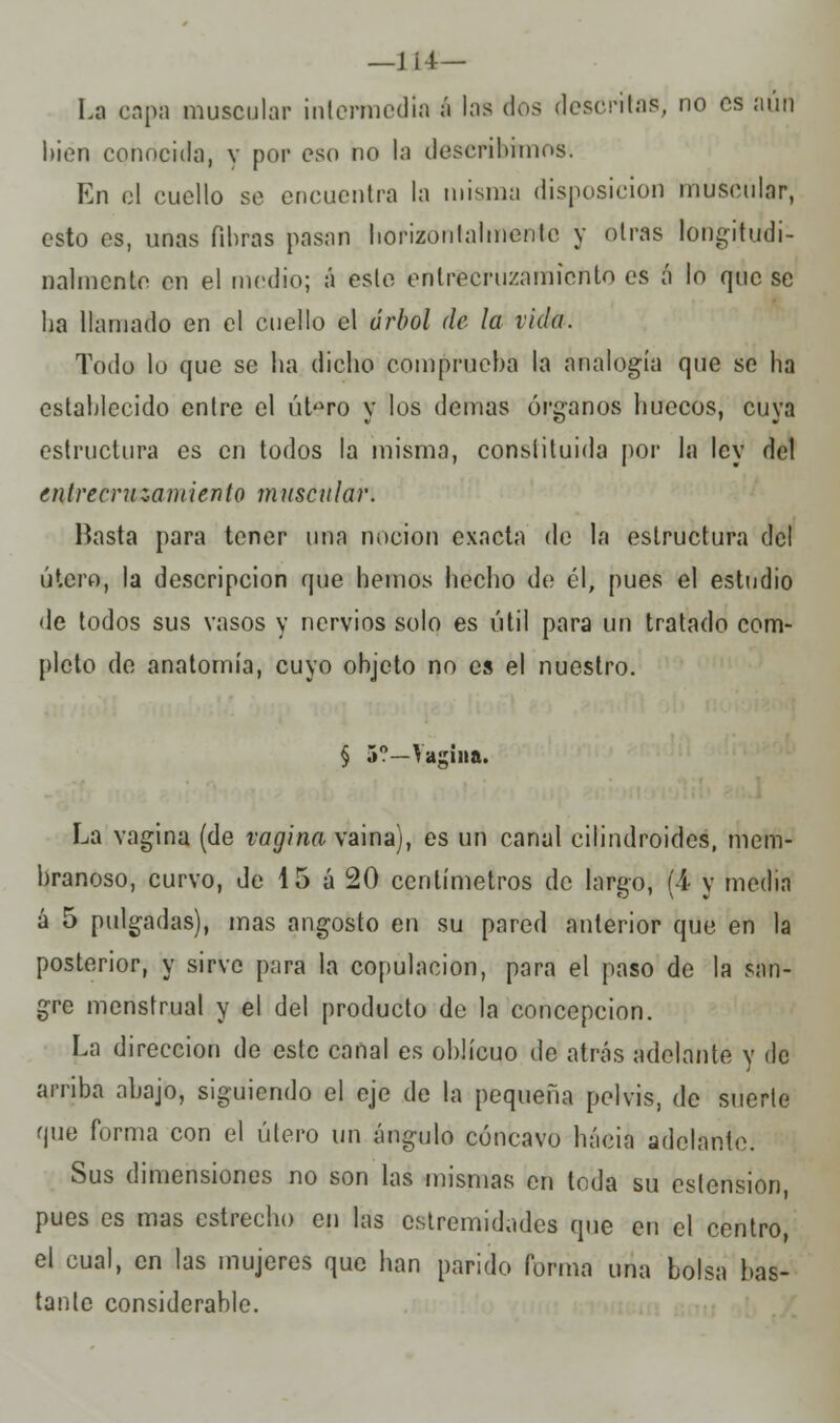 —m— La capa muscular intermedia á las dos descritas, no es aun bien conocida, y pop eso no la describimos. En el cuello se encuentra la misma disposición muscular, esto es, unas fibras pasan liorizontalmentc y otras longitudi- nalmente en el medio; á este enlrecruzamicnto es á lo que se lia llamado en el cuello el árbol de la vida. Todo lo que se ha dicho comprueba la analogía que se ha establecido entre el út^ro y los demás órganos huecos, cuya estructura es en todos la misma, constituida por la ley del entreernzamiento muscular. Hasta para tener una noción exacta de la estructura del útero, la descripción que hemos hecho de él, pues el estudio de todos sus vasos y nervios solo es útil para un tratado com- pleto de anatomía, cuyo objeto no es el nuestro. § 5?—Vagina. La vagina (de vagina vaina), es un canal cilindroides, mem- branoso, curvo, de 15 á 20 centímetros de largo, (4 y media á 5 pulgadas), mas angosto en su pared anterior que en la posterior, y sirve para la copulación, para el paso de la san- gre menstrual y el del producto de la concepción. La dirección de este canal es oblicuo de atrás adelante y de arriba abajo, siguiendo el eje de la pequeña pelvis, de suerte que forma con el útero un ángulo cóncavo hacia adelante. Sus dimensiones no son las mismas en toda su ostensión, pues es mas estrecho en las cstremidades que en el centro, el cual, en las mujeres que han parido forma una bolsa bas- tante considerable.
