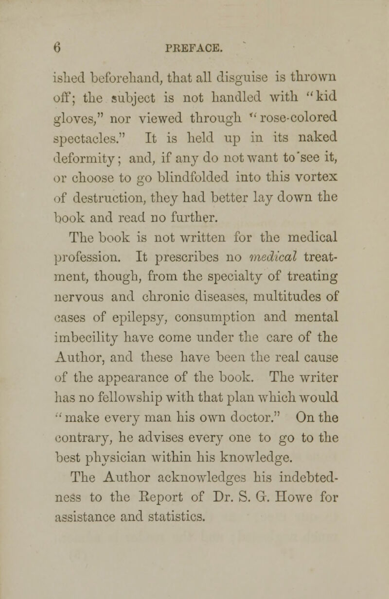 ished beforehand, that all disguise is thrown off; the subject is not handled with kid gloves, nor viewed through  rose-colored spectacles. It is held up in its naked deformity; and, if any do not want to'see it, or choose to go blindfolded into this vortex of destruction, they had better lay down the book and read no further. The book is not written for the medical profession. It prescribes no medical treat- ment, though, from the specialty of treating nervous and chronic diseases, multitudes of cases of epilepsy, consumption and mental imbecility have come under the care of the Author, and these have been the real cause of the appearance of the book. The writer has no fellowship with that plan which would  make every man his own doctor. On the contrary, he advises every one to go to the best physician within his knowledge. The Author acknowledges his indebted- ness to the Eeport of Dr. S. G. Howe for assistance and statistics.