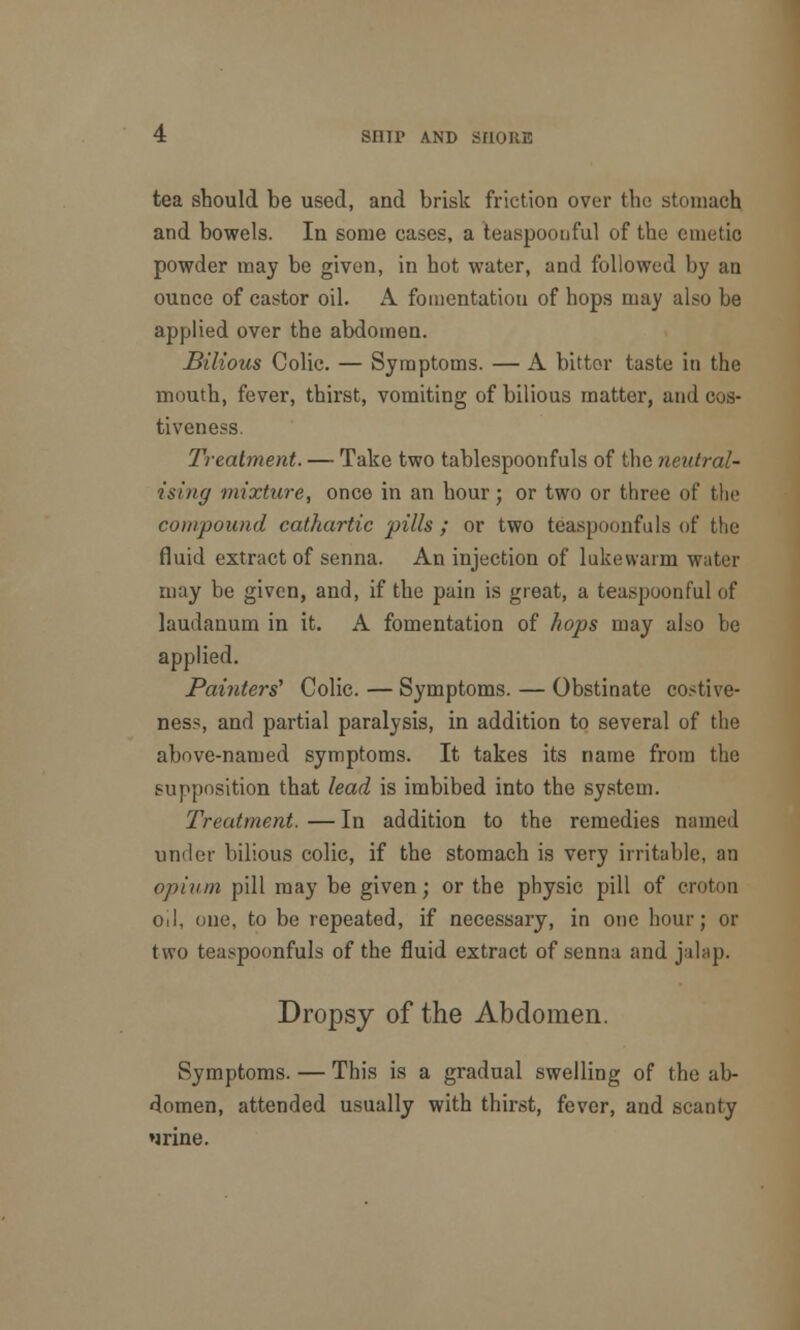 tea should be used, and brisk friction over the stomach and bowels. In some cases, a teaspoonful of the emetic powder may be given, in hot water, and followed by an ounce of castor oil. A fomentation of hops may also be applied over the abdomen. Bilious Colic. — Symptoms. — A bittor taste in the mouth, fever, thirst, vomiting of bilious matter, and cos- tiveness Treatment. — Take two tablespoonfuls of the neutral- ising mixture, once in an hour; or two or three of the compound cathartic pills; or two teaspoonfuls of the fluid extract of senna. An injection of lukewarm water may be given, and, if the pain is great, a teaspoonful of laudanum in it. A fomentation of hops may also be applied. Painters' Colic. — Symptoms. — Obstinate costive- ness, and partial paralysis, in addition to several of the above-named symptoms. It takes its name from the supposition that lead is imbibed into the system. Treatment. — In addition to the remedies named under bilious colic, if the stomach is very irritable, an opium pill may be given; or the physic pill of croton od, one, to be repeated, if necessary, in one hour; or two teaspoonfuls of the fluid extract of senna and jalap. Dropsy of the Abdomen. Symptoms. — This is a gradual swelling of the ab- domen, attended usually with thirst, fever, and scanty »irine.