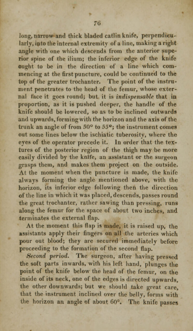 To long, narrow and thick bladed catlin knife, perpendicu- larly, into the internal extremity of a line, making a right angle with one which descends from the anterior supe- rior spine of the ilium; the inferior edge of the knife ought to be in the direction of a line which com- mencing at the first puncture, could be continued to the top of the greater trochanter. The point of the instru- ment penetrates to the head of the femur, whose exter- nal face it goes round; but it is indispensable that in proportion, as it is pushed deeper, the handle of the knife should be lowered, so as to be inclined outwards and upwards, forming with the horizon and the axis of the trunk an angle of from 50° to 55Q; the instrument comes out some lines below the ischiatic tuberosity, where the eyes of the operator precede it. In order that the tex- tures of the posterior region of the thigh may be more easily divided by the knife, an assistant or the surgeon grasps them, and makes them project on the outside. At the moment when the puncture is made, the knife always forming the angle mentioned above, with the horizon, its inferior edge following then the direction of the line in which it was placed, descends, passes round the great trochanter, rather sawing than pressing, runs along the femur for the space of about two inches, and terminates the external flap. At the moment this flap is made, it is raised up, the assistants apply their fingers on all the arteries which pour out blood; they are secured immediately before proceeding to the formation of the second flap. Second period. The surgeon, after having pressed the soft parts inwards, with his left hand, plunges the point of the knife below the head of the femur, on the inside of its neck, one of the edges is directed upwards, the other downwards; but we should take great care, that the instrument inclined over the belly, forms with the horizon an angle of about 60°. The knife passes