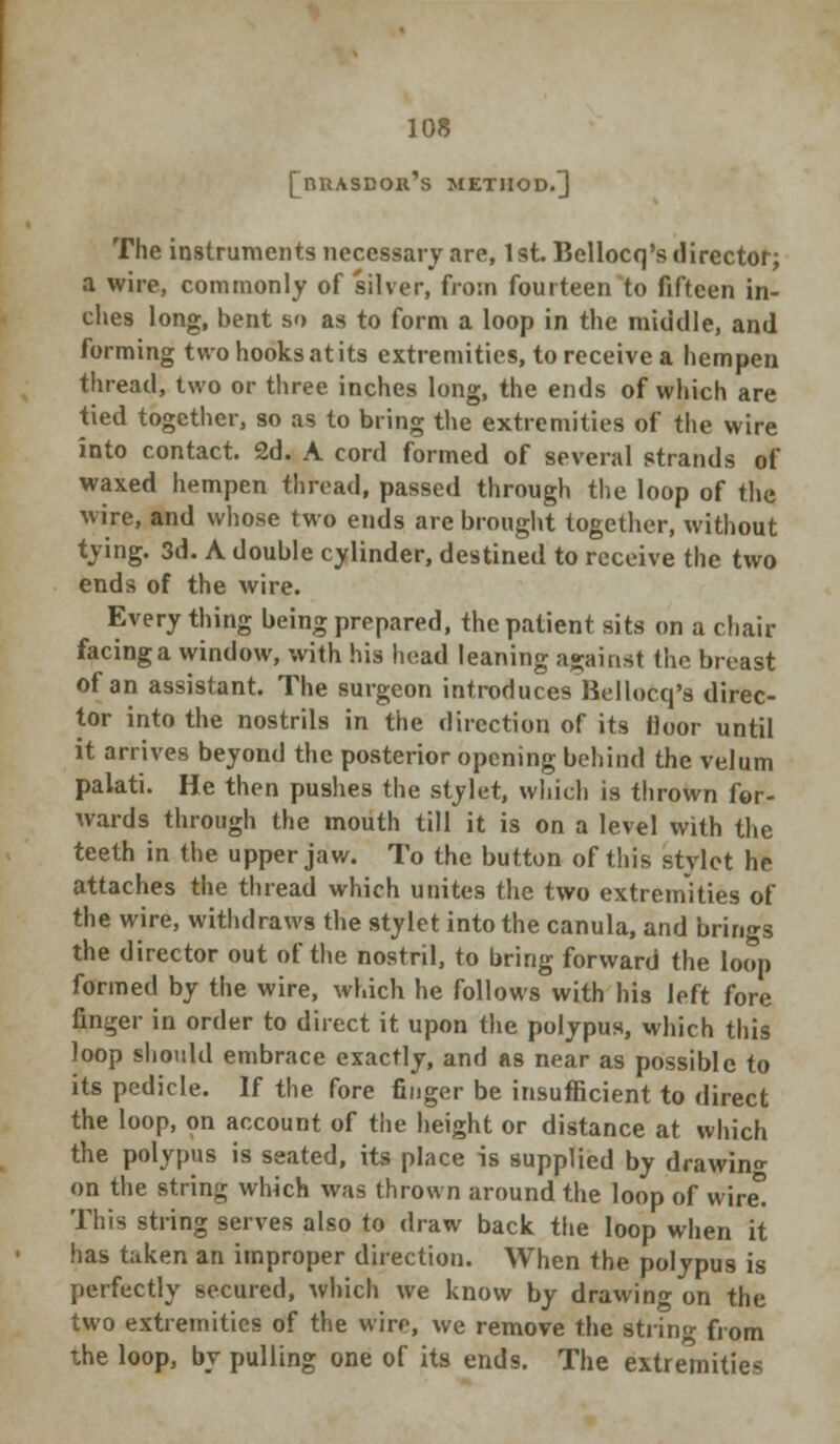 [nitASDon's method.]] The instruments necessary are, 1 st. Bellocq's director; a wire, commonly of silver, from fourteen to fifteen in- ches long, bent so as to form a loop in the middle, and forming two hooks at its extremities, to receive a hempen thread, two or three inches long, the ends of which are tied together, so as to bring the extremities of the wire into contact. 2d. A cord formed of several strands of waxed hempen thread, passed through the loop of the wire, and whose two ends are brought together, without tying. 3d. A double cylinder, destined to receive the two ends of the wire. Every thing being prepared, the patient sits on a chair facing a window, with his head leaning against the breast of an assistant. The surgeon introduces Bellocq's direc- tor into the nostrils in the direction of its floor until it arrives beyond the posterior opening behind the velum palati. He then pushes the stylet, which is thrown for- wards through the mouth till it is on a level with the teeth in the upper jaw. To the button of this stylet he attaches the thread which unites the two extremities of the wire, withdraws the stylet into the canula, and brings the director out of the nostril, to bring forward the loop formed by the wire, which he follows with his left fore finger in order to direct it upon the polypus, which this loop should embrace exactly, and as near as possible to its pedicle. If the fore finger be insufficient to direct the loop, on account of the height or distance at which the polypus is seated, its place is supplied by drawing on the string which was thrown around the loop of wire° This string serves also to draw back the loop when it has taken an improper direction. When the polypus is perfectly secured, which we know by drawing on the two extremities of the wire, we remove the string from the loop, by pulling one of its ends. The extremities