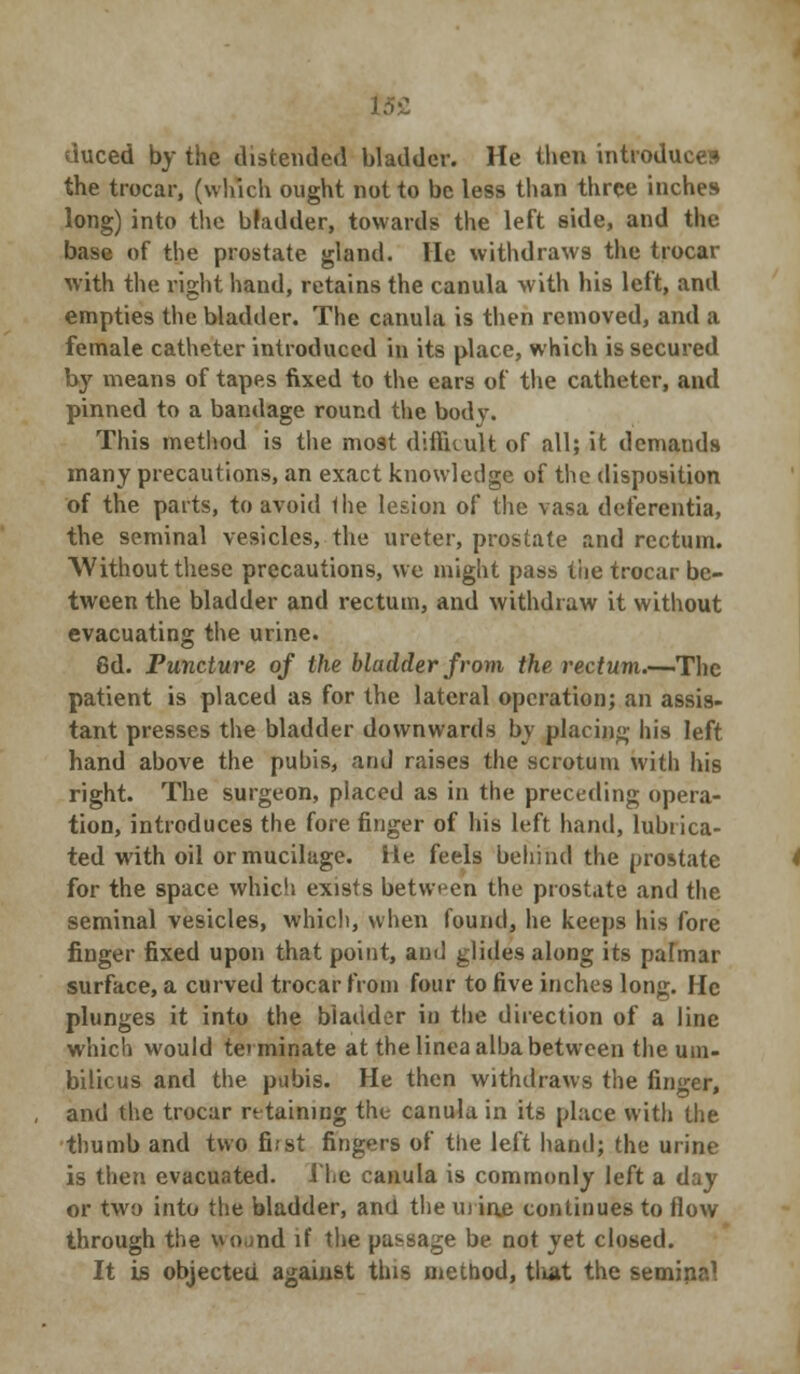 duced by the distended bladder. He then introduces the trocar, (which ought not to be less than three inches long) into the bladder, towards the left side, and the base of the prostate gland. He withdraws the trocar with the right hand, retains the canula with his left, and empties the bladder. The canula is then removed, and a female catheter introduced in its place, which is secured by means of tapes fixed to the ears of the catheter, and pinned to a bandage round the body. This method is the most difficult of all; it demands many precautions, an exact knowledge of the disposition of the parts, to avoid the lesion of the vasa deferentia, the seminal vesicles, the ureter, prostate and rectum. Without these precautions, we might pass the trocar be- tween the bladder and rectum, and withdraw it without evacuating the urine. 8d. Puncture of the bladder from the. rectum.—The patient is placed as for the lateral operation; an assis- tant presses the bladder downwards by placing his left hand above the pubis, and raises the scrotum with his right. The surgeon, placed as in the preceding opera- tion, introduces the fore finger of his left hand, lubrica- ted with oil or mucilage. He feels behind the prostate for the space which exists between the prostate and the seminal vesicles, which, when found, he keeps his fore finger fixed upon that point, and glides along its palmar surface, a curved trocar from four to five inches long. He plunges it into the bladder in the direction of a line which would terminate at the linea alba between the um- bilicus and the pubis. He then withdraws the finger, and the trocar retaining the canula in its place with the thumb and two fi;st fingers of the left hand; the urine is then evacuated, i'hc canula is commonly left a day or two into the bladder, and the urine continues to flow through the wo,jnd if the passage be not yet closed. It is objected against this method, that the seminal