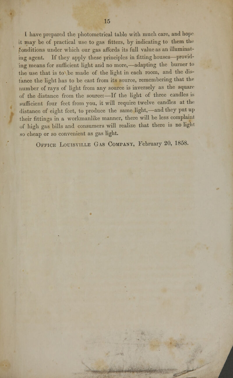 / it may be of practical use to gas fitters, by indicating to them the conditions under which our gas affords its full value as an illuminat- ing agent. If they apply these principles in fitting houses—provid- ing means for sufficient light and no more,—adapting the burner to the use that is to be made of the light in each room, and the dis- tance the light has to be cast from its source, remembering that the number of rays of light from any source is inversely as the square of the distance from the source:—If the light of three candles is sufficient four feet from you, it will require twelve candles at the distance of eight feet, to produce the same light,—and they put up their fittings in a workmanlike manner, there will be less complaml of high gas bills and consumers will realize that there is no light so cheap or so convenient as gas light. Office Louisville Gas Company, February 20, 1858. i
