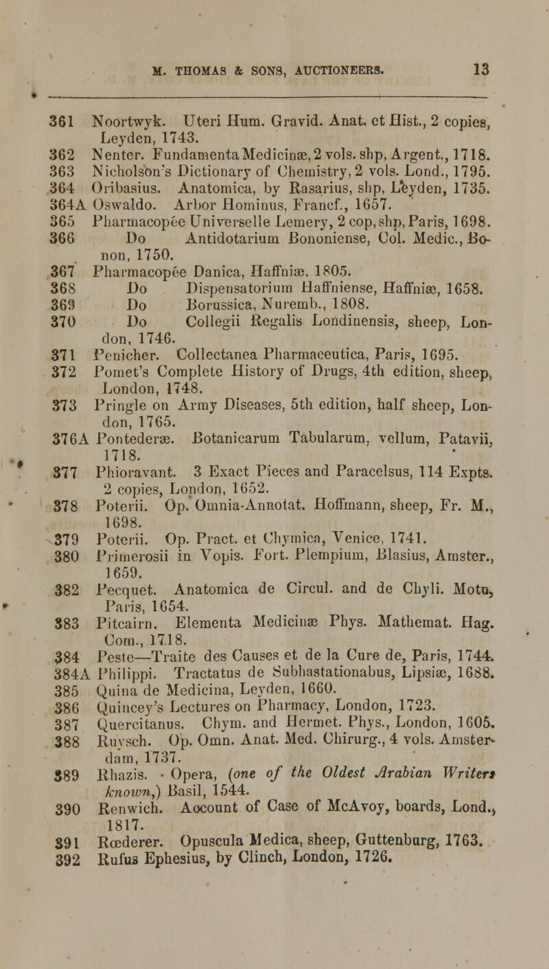 361 Noortwyk. Uteri Hum. Gravid. Anat. ctflist, 2 copies, Leyden, 1743. 362 Nenter. FundanientaMedicina3,2 vols, shp, Argent., 1718. 363 Nicholson's Dictionary of Chemistry, 2 vols. Lond., 1795. 364 Oribasius. Anatomica, by Rasaxius, slip, Leyden, 1735. 364A Oswaido. Arbor Hominus, Francf., 1657. 365 Fharmacopee Universelle Lemery, 2 cop,shp, Paris, 1698. 366 Do Antidotarium Bononiense, Col. Medic, Bo- non, 1750. 367 Fharmacopee Danica, Haffniae. 1805. 368 Do Dispensatorium Haffniense, Haffnias, 1658. 369 Do Borussica, Nuremb., 1808. 370 Do Collegii Regalis Londinensis, sheep, Lon- don, 1746. 371 Penicher. Collectanea Pharmaceutica, Paris, 1695. 372 Pomet's Complete History of Drugs, 4th edition, sheep, London, 1748. 373 Pringle on Army Diseases, 5th edition, half sheep, Lon- don, 1765. 376A Pontederae. Botanicarum Tabularum. vellum, Patavii, 1718. 377 Phioravant. 3 Exact Pieces and Paracelsus, 114 Expts. 2 copies, London, 1652. 378 Poterii. Op. Omnia-Annotat. Hoffmann, sheep, Fr. M., 1698. 379 Poterii. Op. Pract. et Chymica, Venice, 1741. 380 Primerosii in Vopis. Fort. Plempium, Blasius, Amster., 1659. 382 Pecquet. Anatomica de Circul. and de Chyli. Motu, Paris, 1654. 383 Pitcairn. Elementa Mediciuae Phys. Mathemat. Hag. Corn., 17.18. 384 Pestc—Traite des Causes et de la Cure de, Paris, 1744. 384A Philippi. Tractatus de Subhastationabus, Lipsias, 1688* 385 Quina de Medicina, Leyden, 1660. 386 Quincey's Lectures on Pharmacy, London, 1723. 387 Quercitanus. Chym. and Hermet. Phys., London, 1605. 388 Ruvsch. Op. Omn. Anat. Med. Chirurg., 4 vols. Arnster* dam, 1737. 389 Rhazis. • Opera, (one of the Oldest Arabian Writer* known,) Basil, 1544. 390 Renwich. Aocount of Case of McAvoy, boards, Lond., 1817. 391 Rcederer. Opuscula Medica, sheep, Guttenbarg, 1763. 392 Rufus Ephesius, by Clinch, London, 1726.