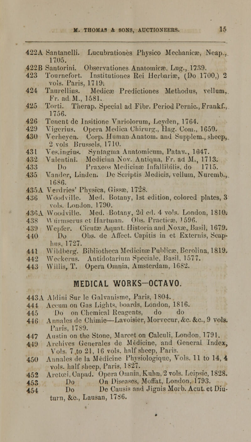 422A Santanelli. Lucubrationes Physico Mechanics, Neap., 1705. 422B Santorini. Observationes Anatomicae, Lug., 1739. 423 Tournefort. Institutiones Rei Herbaria?, (Do 1700,) 2 vols.'Paris, 1719. 424 Taurellius. Medicsc Predictiones Methodus, vellum,. Fr, ad M., 1581. 425 Torti. Therap. Special ad Fibr. Period Pernic.,Frankf., 1756. 426 Tonent de Insitione Variolorum, Leyden, 1764. 429 Vigerius. Opera Medica Cliirurg., Hagi Com., 1659. 430 Verheyen. Corp. Human Anatom. and Supplem., sheep, 2 vols Brussels, 1710. 431 Ves,in<rius. Syntagma Anatomicum, Fata v., 1647. 432 Valentini. Medicina Nov. Aatiqna, Fr. ad M., 1713. 433 Do Praxeos Medieinae filial libitis, do 1715. 435 Vander, Linden. Dc Scriptis Medicis, vellum, Nuremb.,. 1686. 435 A Verdries' Physica, Gissae, 1T28. 436 Woodville. Med. Botany, 1st edition, colored plates, 3 vols. London, 1790. 436A Woodville. Med. Botany, 2dred. 4 vols. London, 181 0j 438 Wurmserus et Hartman. Obs, Practical 1 596. 439 Wcpl'er. Cicutse Aqunt. Historiaand,Noxae, Basil, 1679. 440 Do Obs. de Affect. Capitis in et Extends, Scap- hus, 1727. 441 Wildberg. Bibliotheca Medicinas Publican, Berolina, 1819. 442 Weckerus. Antidotarium Spcciale, Basil, 1577. 443 Willis, T. Opera Omnia, Amsterdam, 1682. MEDICAL W0RKS-0CTAY0. 443A Aldini Sur le Galvanisme, Paris, 1804. 444 Accura on Gas Lights, boards, London, 1816. 445 Do on Chemical Reagents, do do 446 Anrmles de Chirnie—Lavoisier, Morvecur, &c. &c, 9 vols. Paris, 1789. 447 Austin on the Stone, Marcet on Calculi, London, 1791. 449 Archives Generales de Medicine, and General Index, Vols. 7 to 21, 16 vols, half sheep, Paris. 450 Annales de la Medicine Physiologique, Vols. 11 to 14, 4 vols, half sheep, Paris, 1827. 452 Aretoei, Capad. Opera Omnia, Kuhn, 2 vols. Leipsic, 1828. 453 Do On Diseases, Moffat, London, 1793. 454 Do De Causis and Jignis Morb. Acut. et Diu- turn, &e., Lausan, 1786.