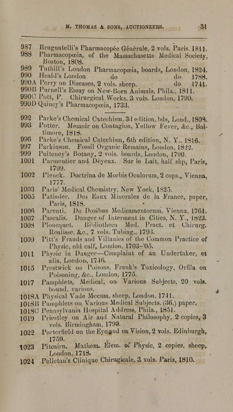 987 Brugnatelli's Pharmacopee Generate, 2 vols. Paris. 1811. 988 Pharmacopoeia, of the Massachusetts Medical Society, Boston, 1808. 989 Tuthill's London Pharmacopoeia, boards,. London, 1824. 990 Heald's London do do 1788. 990A Perry on Diseases, 2 vols, sheep, do 1741. 990B PurneU's Essay on New-Born Animals, Phila., 1811. 990U Pott, P. Chirurgical. Works, 3. vols. London, 179a 990D Quiney's Pharmacopoeia, 1733. 992 Parke's Chemical Catechism, 3d edition, bds, Lond., 1808. 993 Potter. Memoir on Contagion, Yellow Fever, &c, Bal- timore, 1818. 996 Parke's Chemical Catechism, 6th edition, N. Y.. 1816. 997 Parkinson. Fossil Organic Remains, London, 1822. 999 Pulteney's Botany, 2 vols, boards,. London, 1790. 1001 Parmentier and Dteyeux. Sur le Lait, half slip, Paris,. 1799. 1002 Plenck. Doctrina de Morbis Oculorum, 2 cops., Vienna, 1777. 1003 Paris' Medical Chemistry, New York, 1825. 100-3 Patissier. Des Eaux Mincrales de la France, paper, Paris, 1818. 1006 Parenti. De Dosibus Medicamentorum, Vienna, 1764. 1007 ■ Pasealis. Danger of Interment in Cities, N. Y., 1823. 1008 Ploncquet. Biidiotheea Med. Pract. et Chirurg. Realisse, &c, 7 vols. Tubing., 1795. 1009 Pitt'3 Frauds and Villanies of the Common Practice of Physic, old calf, London, 1703-05. 1011 Physic in Danger—Complaiut of an Undertaker, et alia, London-, 1746. 1015 Prestwick on Poisons, Frank's Toxicology, Orfila on Poisoning, &c, London, 1775. 1017 Pamphlets, Medical, on Various Subjects, 20 vols. bound, various. 1018A Physical Vade Mecum, sheep, London. 1741. 1018B Pamphlets on Various Medical Subjects. (36,) paper. 1018U Pennsylvania Hospital Address, Phila., 1851. 1019 Priestley on Air and Natural Philosophy, 2 copies, 3 vols. Birmingham, 1790. 1022 Porterfield on the Eyelid on Vision, 2 vols. Edinburgh, 1759. 1023 Pitcairn. Mathem, Elem. of Physic, 2 copies, sheep,. London, 1718,
