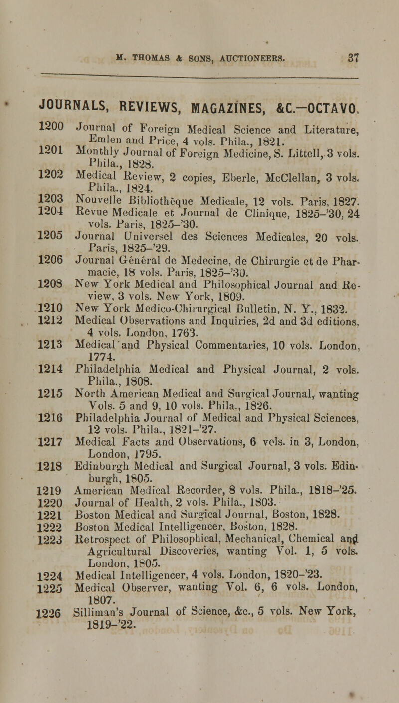 JOURNALS, REVIEWS, MAGAZINES, &C.-0CTAV0. 1200 Journal of Foreign Medical Science and Literature, Emlen and Price, 4 vols. Phila., 1821. 1201 Monthly Journal of Foreign Medicine, S. Littell. 3 vols. Phila., 1828. 1202 Medical Review, 2 copies, Eberle, McClellan, 3 vols. Phila., 1824. 1203 Nouvelle Bibliotheque Medicale, 12 vols. Paris, 1827. 1204 Revue Medicale et Journal de Clinique, 1825-30, 24 vols. Paris, 1825-30. 1205 Journal [Jniversel des Sciences Medicales, 20 vols. Paris, 1825-'29. 1206 Journal General de Medecine, de Chirurgie et de Phar- macie, 18 vols. Paris, 1825-'30. 1208 New York Medical and Philosophical Journal and Re- view, 3 vols. New York, 1809. 1210 New York Medico-Chirurgical Bulletin, N. Y., 1832. 1212 Medical Observations and Inquiries, 2d and 3d editions, 4 vols. London, 1763. 1213 Medical'and Physical Commentaries, 10 vols. London, 1774. 1214 Philadelphia Medical and Physical Journal, 2 vols. Phila., 1808. 1215 North American Medical and Surgical Journal, wanting Vols. 5 and 9, 10 vols. Phila., 1826. 1216 Philadelphia Journal of Medical and Phvsical Sciences, 12 vols. Phila., 1821-'27. 1217 Medical Facts and Observations, 6 vols, in 3, London, London, 1795. 1218 Edinburgh Medical and Surgical Journal, 3 vols. Edin- burgh, 1805. 1219 American Medical Rocorder, 8 vols. Phila., 1818-25. 1220 Journal of Health, 2 vols. Phila., 1803. 1221 Boston Medical and Surgical Journal, Boston, 1828. 1222 Boston Medical Intelligencer, Boston, 1828. 1223 Retrospect of Philosophical, Mechanical, Chemical and Agricultural Discoveries, wanting Vol. 1, 5 vols, London, 1805. 1224 Medical Intelligencer, 4 vols. London, 1820-23. 1225 Medical Observer, wanting Vol. 6, 6 vols. London, 1807. 1226 Silliman's Journal of Science, &c, 5 vols. New York, l819-'22.