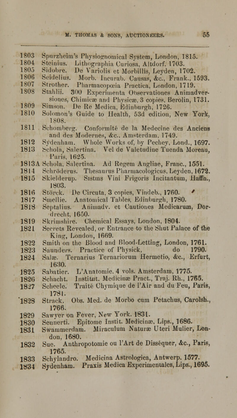 1803 Spurzheim's Physiognomical System, London, 1815. 1804 Steinius. Lithographia Curiosa, Altclorf. 1703. 1805 Sidobre. De Variolis et Morbillis, Leyden, 1702. 1806 Seidelius. Morb. Incurab. Causas, &c Frank., 1593. 1807 Strother. Pharmacopoeia Practica, London, 1719. 1808 Stahlii. 300 Experimenta Observationes Animadver- siones, Chimicae and Phvsicas, 3 copies, Berolin, 1731. 1809 Simson. De Re Medica, Edinburgh, 1726. 1810 Solomon's Guide to Health, 53d edition, New York, 1808. 1811 Schomberg. Conformite de la Medecine des Anciene and des Modernes, <fcc, Amsterdam, 1749. 1812 Sydenham. Whole Works of, by Pechey, Lond., 1697. 1813 Schola, Salertina. Vel de Valetudine Tuenda Moreau, Paris, 1625. 1813A Schola, Salertina. Ad Regem Angliae, Franc., 1551. 1814 Schrodcrus. Thesaurus Pharmacologicus, Leyden, 1672. 1815 Skielderup. Sistins Vini Frigoris Incitantum, Haffn., 1803. 1816 Storck. De Circuta. 3 copies, Vindeb., 1760. * 1817 Smellie. Anatomical Tables, Edinburgh, 1780. 1818 Septalius. Animadv. et Cautiones Medicarum, Dor- drecht, 1650. 1819 Skrimshiie. Chemical Essays, London, 1804. 1821 Secrets Revealed, or Entrance to the Shut Palace of the King, London, 1669. 1822 Smith on the Blood and Blood-Letting, London, 1761. 1823 Saunders. Practice of Phvsick, do 1790. 1824 Salae. Ternarius Ternarioruin Hermetio, &c, Erfurt, 1630. 1825 Sabatier. L'Anatomie. 4 vols. Amsterdam, 1775. 1820 Schacht. InstiUit. Mcdicinae Pract., Traj. Rh., 1765. 1827 Scheele. Traite Chymique de PAir and du Feu, Paris, 1781. '1828 Strack. Obs. Med. de Morbo cum Petachus, Carolsh., 1766. 1829 Sawyer on Fever, New York. 1831. 1830 Sennerti. Epitome Instit. Medicinae, Lips., 1686. 1831 Swammerdam. Miraculum Naturae Uteri Mulier, Lon- don, 1680. 1832 Sue. Anthropotomie ou l'Art de Dissequer, <fcc, Paris, 1765. 1833 Schylandro. Medicina Astrologica, Antwerp. 1577. 1834 Sydenham. Praxis Medica Experimeniales, Lips., 1695.