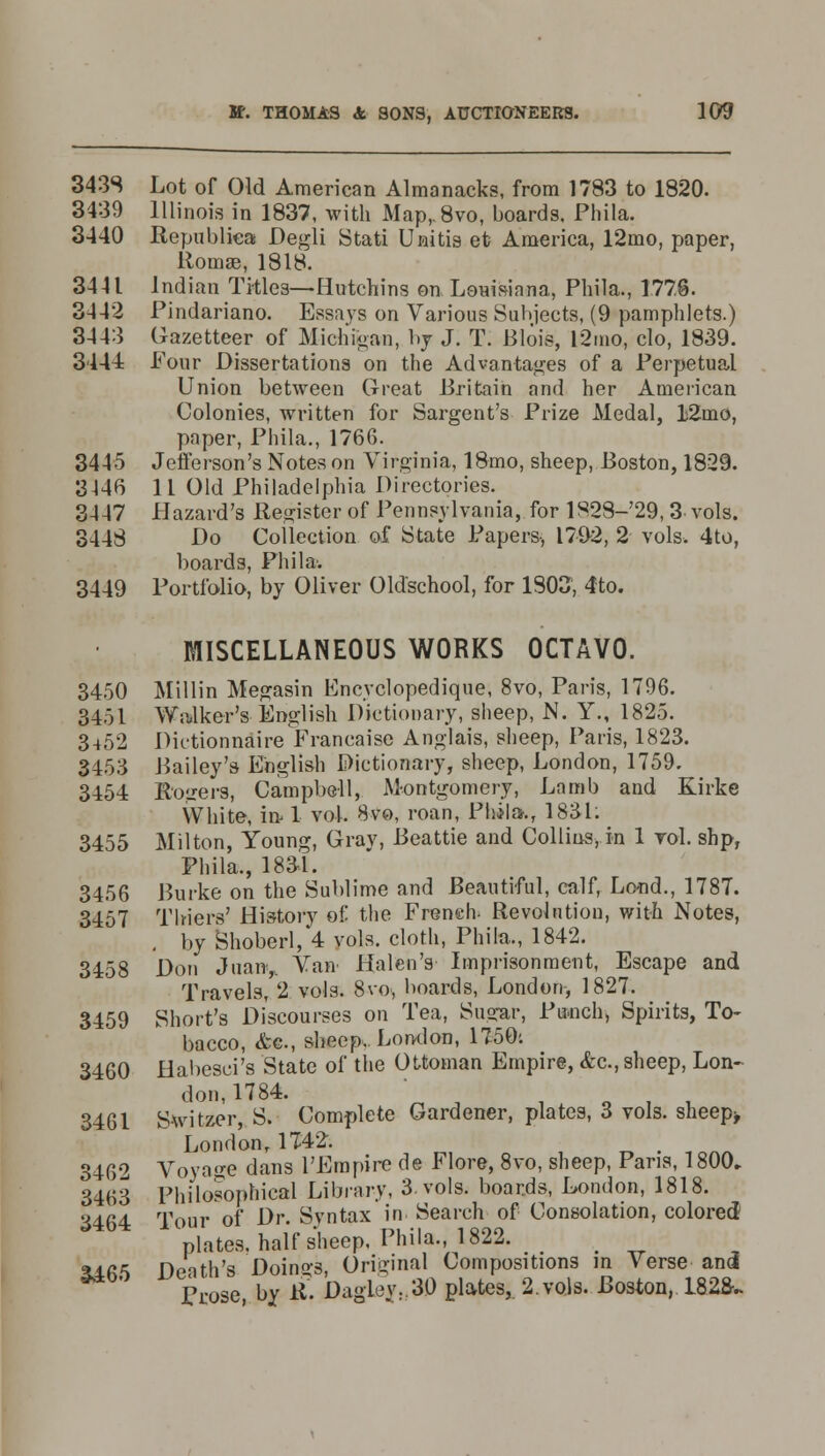 343S Lot of Old American Almanacks, from 1783 to 1820. 3439 Illinois in 1837, with Map,.8vo, boards, Phila. 3440 Itepubliea Degli Stati Unitis et America, 12mo, paper, lloma?, 1818. 3441 Indian Titles—Hutchins on Louisiana, Phila., 1.776. 3442 Pindariano. Essays on Various Subjects, (9 pamphlets.) 3443 Gazetteer of Michigan, by J. T. Blois, l2mo, clo, 1839. 3444 Four Dissertations on the Advantages of a Perpetual Union between Great Britain and her American Colonies, written for Sargent's Prize Medal, 12mo, paper, Phila., 1766. 3445 Jefferson's Notes on Virginia, 18mo, sheep, Boston, 1829. 3446 11 Old Philadelphia Directories. 3447 Hazard's Register of Pennsylvania, for 1828-29, 3 vols. 3448 Do Collection of State Papers-, 1792, 2 vols. 4to, boards, Phila; 3449 Portfolio, by Oliver Old'school, for 1803, 4to. MISCELLANEOUS WORKS OCTAVO. 3450 Millin Megasin Encvclopedique, 8vo, Paris, 1796. 3451 Walker's English Dictionary, sheep, N. Y., 1825. 3452 Pktionnaire Francaise Anglais, sheep, Paris, 1823. 3453 Bailey's English Dictionary, sheep, London, 1759. 3454 Rogers, Campbell, Montgomery, Lamb and Kirke White, in 1 vol. 8vo, roan, Phila., 1831; 3455 Milton, Young, Gray, Beattie and Collins, in 1 rol. shp, Phila., 1831. 3456 Burke on the Sublime and Beautiful, calf, Lond., 1787. 3457 Thiers' History of the Freneh- Revolution, with Notes, , by Shoberl, 4 vols, cloth, Phila., 1842. 3458 Don Juan,. Van Halen's Imprisonment, Escape and Travels, 2 vols. 8vo, boards, London, 1827. 3459 Short's Discourses on Tea, Sugar, Pu-nch, Spirits, To- bacco, &c, sheep. London, 1750: 3460 Habesci's State of the Ottoman Empire, &c, sheep, Lon- don, 1784. 3461 Switzer, S. Complete Gardener, plates, 3 vols. sheep* London, 1742. 3462 Voyage dans l'Empire de Flore, 8vo, sheep, Pans, 1800. 3463 Philosophical Library, 3. vols, boards, London, 1818. 3464 Tour of Dr. Syntax in Search of Consolation, colored' plates, half sheep. Phila., 1822. S465 Death's Doings, Original Compositions in Verse and Prose by 11. Dagiev:30 plates, 2.vols. Boston, 18 2k.