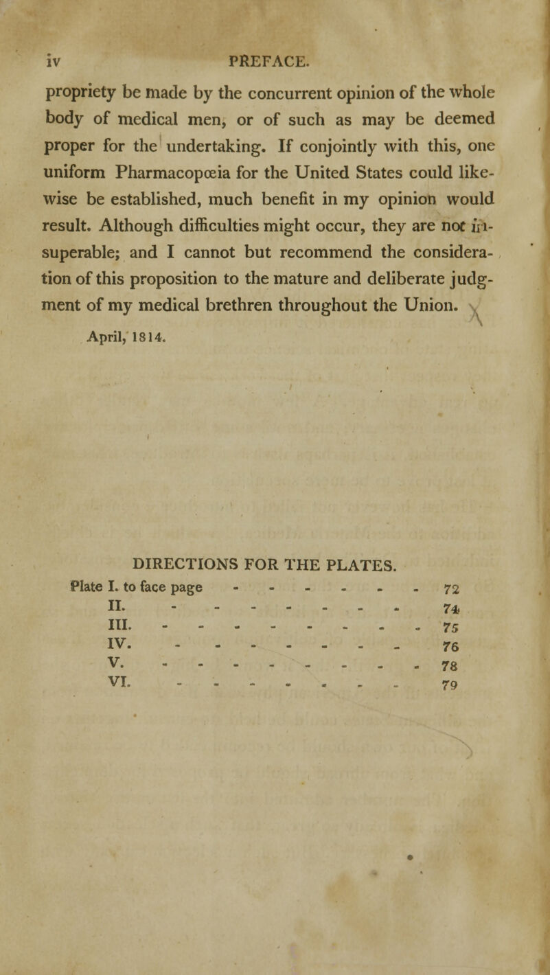 iv PREFACE. propriety be made by the concurrent opinion of the whole body of medical men, or of such as may be deemed proper for the undertaking. If conjointly with this, one uniform Pharmacopoeia for the United States could like- wise be established, much benefit in my opinion would result. Although difficulties might occur, they are not in- superable; and I cannot but recommend the considera- tion of this proposition to the mature and deliberate judg- ment of my medical brethren throughout the Union. April, 1814. DIRECTIONS FOR THE PLATES. Plate I. to face page ...... 72 n. r* iu. 75 IV 76 V. 78 VI. 79