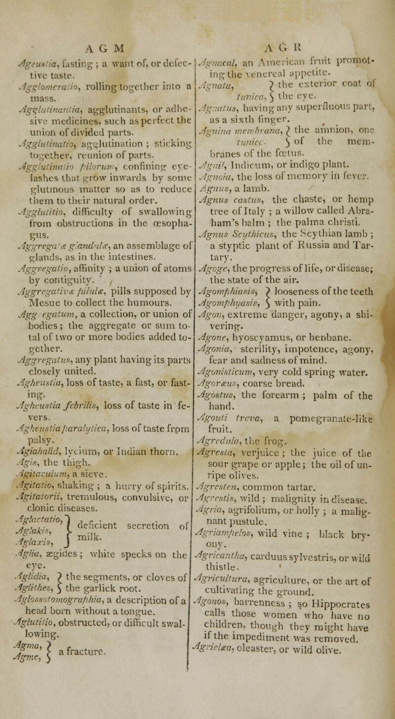 Fasting ; a want o[, or defec- tive taste. . rolling together into a mass. Agglutinantia, agglutinants, or adhe- sive medicines, such as perfect the union of divided parts. Agglutination agglutination ; sticking together, reunion of parts. Agglutinatio fiilorum, confining eye- lashes that »to\v inwards by some glutinous matter so as to reduce t hem to their natural order. Agglutitio, difficulty of swallowing from obstructions in the oesopha- gus. . tggrega <r glandule an assemblage of glands, as in the intestines. AggPdgatio, affinity ; a union of atoms by contiguity. Aggregative pilule, pills supposed by Mesue to collect the humours. Agg egatum, a collection, or union of bodies; the aggregate or sum to- tal of two or more bodies added to- gether. Aggregatus, any plant having its parts closely united. Agheustia, loss of taste, a fast, or fast- ing. Agheustia febrilis, loss of taste in fe- vers. .-1 ^htustia [mralylica, loss of taste from ^ palsy. Agia/ialid, lycium, or Indian thorn. Agis, the thigh. Agitcculum, a sieve. Agitatio, shaking ; a hurry of spirits. Agitatorii, tremulous, convulsive, or clonic diseases. . tglactatio, I , , f , ,■ ' / def Aglaxis, J mi deficient Ik. secretion of AgHa, aegides; white specks on the eye. Aglidia, ~) the segments, or cloves of Aglithes, 5 the garlick root. . iglossotomographia, a description of a head born without a tongue. Aglutido, obstructed, or difficult swal- lowing. X^i]afracture- .7. an American fruit promot- ing the venereal appetite. ata, I the exterior coat of tunica,) the rye. . fgnatus, having any superfluous part, as a sixth finger. Agnina membrana,')thz amnion, one tuirict ■ 5 °f tne mem- branes of the foetus. Agnil, Indicum, or indigo plant. Agnoia, the loss of memory in fever. Agnus, a lamb. Agnus castas, the chaste, or hemp tree of Italy ; a willow called Abra- ham's balm ; the palma christi. Agnus Scijthicus, the Scythian lamb ; a styptic plant of Russia and Tar- tary. Agoge, the progress of life, or disease; the state of the air. Agomphiasis, ) looseness of the teeth Agomfihyasis, 5 with pain. Agon, extreme danger, agony, a shi- vering. Agonc, hyoscyamus, or henbane. Agonm, sterility, impotence, agony, fear and sadness of mind. Agovisticum, very cold spring water. Agoraus, coarse bread. Agditus, the forearm ; palm of the hand. Agouti trcva, a pomegrar.ate-like fruit. Agredula, the frog. Agresla, verjuice ; the juice of the sour grape or apple; the oil of un- ripe olives. Agresten, common tartar. Agrestis, wild ; malignity in disease. Agria, agrifolium, or holly ; a malig- nant pustule. Agriamfielos, wild vine ; black bry- ony. Agricanlha, carduussylvestris, or wild thistle- ' Agricutlara, agriculture, or the art of cultivating the ground. Agonos, barrenness ; so Hippocrates calls those women who have no children, though they might have if the impediment was removed. Agrieltea, oleaster, or wild olive.