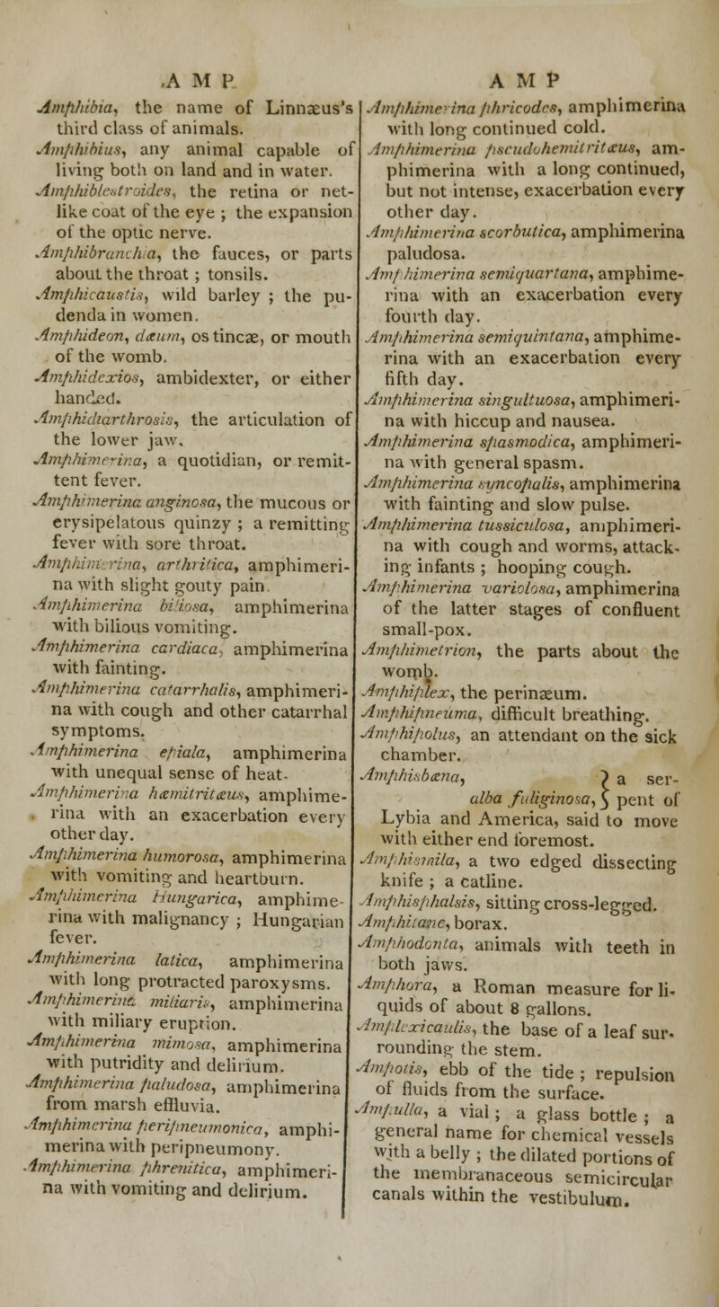Amphibia, the name of Linnaeus's third class of animals. Amphibius, any animal capable of living both on land and in water. Amjihiblevtraides^ the retina or net- like coat of the eye ; the expansion of the optic nerve. Amphibrumha, the fauces, or parts about the throat ; tonsils. Amphicaus'i.i, wild barley ; the pu- denda in women. Amphideon, daum, ostincae, or mouth of the womb. Ampihidcxios, ambidexter, or either handed. Amphidiarthrosis, the articulation of the lower jaw. Amp/iime^ina, a quotidian, or remit- tent fever. Amphimerina anginosa, the mucous or erysipelatous quinzy ; a remitting fever with sore throat. Amphimerina, arthiitica, amphimeri- nawith slight gouty pain. Amphimerina bi'iosa, amphimerina with bilious vomiting. Amphimerina cardiaca, amphimerina with fainting. Amphimerina ca'arrhalis, amphimeri- na with cough and other catarrhal symptoms. Amphimerina efiala, amphimerina with unequal sense of heat- Amphimerina hcemitrit<eu,s, amphime- rina with an exacerbation every other day. Amphimerina humorosa, amphimerina with vomiting and heartburn. Amphimerina Hungarica, amphime- rina with malignancy ; Hungarian fever. Amphimerina lalica, amphimerina with long protracted paroxysms. Amphimerina mitiarh, amphimerina with miliary eruption. Amphimerina mimosa, amphimerina with putridity and delirium. Amphimerina pa/udosa, amphimerina from marsh effluvia. Amphimerina peri/meinnonica, amphi- merina with peripneumony. Amp/umrrina phrenitica, amphimeri- na with vomiting and delirium. Amphimerina phrkodcs, amphimerina witli long continued cold. Amphimerina p.scudohemilrit&us, am- phimerina with a long continued, but not intense, exacerbation every other day. Amphimerina scorbutica, amphimerina paludosa. Am/ himerina semiquartana, amphime- rina with an exacerbation every fourth day. Amphimerina semi quint aria, amphime- rina with an exacerbation every fifth day. Amphimerina singultuosa, amphimeri- na with hiccup and nausea. Amphimerina spasmodica, amphimeri- na with general spasm. Amphimerina tryncopalis, amphimerina with fainting and slow pulse. Amphimerina tussiculosa, amphimeri- na with cough and worms, attack- ing infants ; hooping cough. Amphimerina variolosa, amphimerina of the latter stages of confluent small-pox. Amphimetrion, the parts about the womb. Am/ihi/iiex, the perinaeum. Amp/iipneuma, difficult breathing. Amphipolus, an attendant on the sick chamber. Amplmbtena, } a ser- alba fuliginosa,^ pent of Lybia and America, said to move with either end foremost. AmpMsinila, a two edged dissecting knife ; a catline. Amphisphalsis, sitting cross-legged. Amfdiiianc, borax. Amphodonta, animals with teeth in both jaws. Amphora, a Roman measure for li- quids of about 8 gallons. Ami.hxicaulh, the base of a leaf sur- rounding the stem. Am/,o/i.s; ebb of the tide ; repulsion of fluids from the surface. Am/.ulla, a vial; a glass bottle; a general name for chemical vessels wjth a belly ; the dilated portions of the membranaceous semicircular canals within the vestibulum.