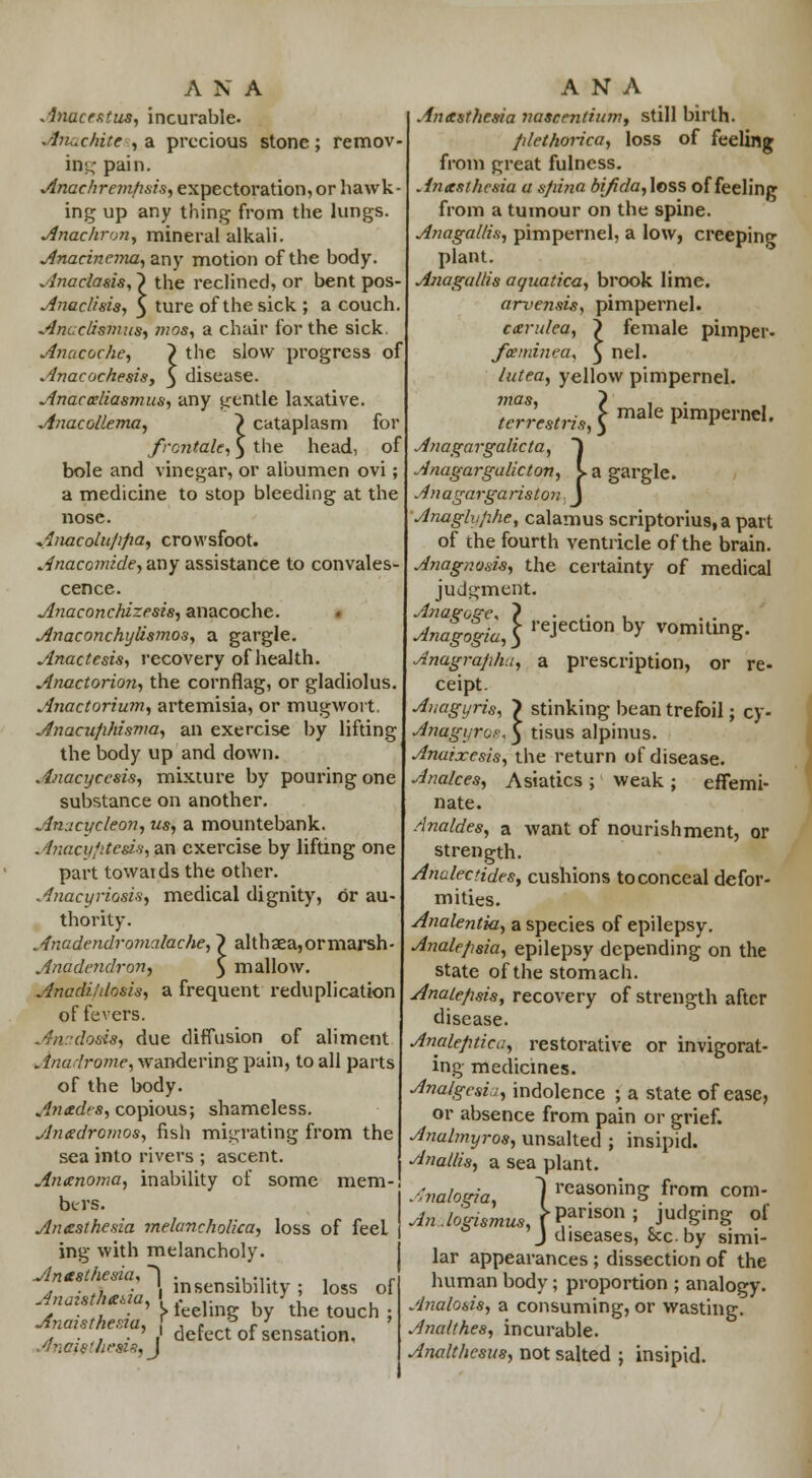 Anucrctus, incurable. Jtnachite , a precious stone; remov- ing pain. Anachrcmhsis, expectoration, or hawk- ing up any thing from the lungs. Anaehron, mineral alkali. Anacincma, any motion of the body. Anaclasis, ~) the reclined, or bent pos- Anaclisis, 3 ture of the sick ; a couch. Amclismns, tnos, a chair for the sick. Anocoche, } the slow progress of Anacochesis, 3 disease. Anaealiasmus, any gentle laxative. Anacollema, ~) cataplasm for frontale, $ the head, of bole and vinegar, or albumen ovi; a medicine to stop bleeding at the nose. Anacolu/ipa, crowsfoot. Anacomide, any assistance to convales- cence. Anaconchizesis, anacoche. AnaconchyUsmos, a gargle. Anac tests, recovery of health. Anactorion, the cornflag, or gladiolus. Anactorium, artemisia, or mugwort. Anacuphisma, an exercise by lifting the body up and down. Anacycesis, mixture by pouring one substance on another. Anucycleon, us, a mountebank. AnacyfttetM, an exercise by lifting one part towaids the other. Anacyriosis, medical dignity, or au- thority. Anadendromalache, ~) alth3ea,ormarsh- Anadcndron, $ mallow. Anadi/ilosis, a frequent reduplication of fevers. Anadosis, due diffusion of aliment Anadrome, wandering pain, to all parts of the body. Antedes, copious; shameless. Anedromos, fish migrating from the sea into rivers ; ascent. Ananoma, inability of some mem- bers. Anesthesia melancholica, loss of feel ing with melancholy. kinesthesia, ~\ . ., .... , r . . . • '. insensibility ; loss of Anaisthetta, ' ,. ,. , '! , , . , . > ieehng by the touch ; Jtnaisthesia, \ * t ? r ,. . , . ' .' defect 01 sensation, ■ '/ride'first's, J Anesthesia nasemtium, still birth. plethorica, loss of feeling from great fulness. Anaesthesia a s/iina bipda,\oss of feeling from a tumour on the spine. Anagallis, pimpernel, a low, creeping plant. Anagallis aquatica, brook lime. arvensis, pimpernel. cerulea, } female pimper- fceminea, 3 nel. lutea, yellow pimpernel. ?c7restris,lmal^lm^rncl Anagargalicta, J Anagargalicton, la gargle. Anagargariston J Anaglvjihe, calamus scriptorius, a part of the fourth ventricle of the brain. Anagnosis, the certainty of medical judgment. AZggfgeia,} reJeCtion ^ siting. Anagraphs, a prescription, or re- ceipt. Auagyris, > stinking bean trefoil; cy- Anagijrc.*, 3 tisus alpinus. Anaixesis, the return of disease. Analces, Asiatics ; weak ; effemi- nate. Analdes, a want of nourishment, or strength. Analectides, cushions to conceal defor- mities. Analentia, a species of epilepsy. Anale/isia, epilepsy depending on the state of the stomach. Anaiefisis, recovery of strength after disease. Analepticw, restorative or invigorat- ing medicines. Analgesij, indolence ; a state of ease, or absence from pain or grief. Analmyros, unsalted ; insipid. Anallis, a sea plant. Analogia, 1 reasoning from com- An.logismus, \V™*™ \ judging ot J diseases, Sec. by simi- lar appearances ; dissection of the human body; proportion ; analogy. Analosis, a consuming, or wasting. Analthes, incurable. Analthcsus, not salted ; insipid.