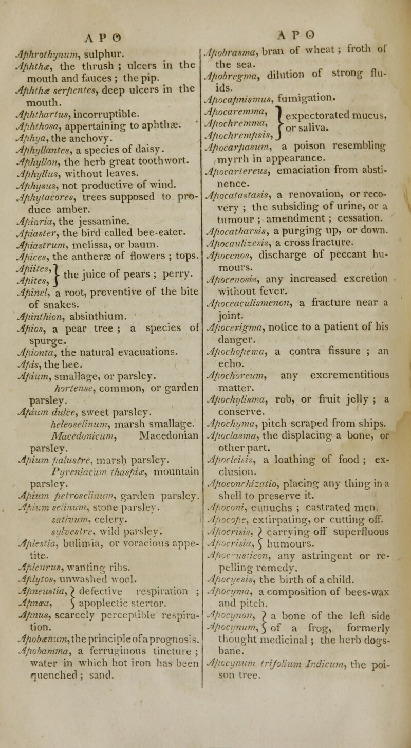 Aphrotlvjnum, sulphur. Aphtha, the thrush ; ulcers in the mouth and fauces ; the pip. Aphthae serpentes, deep ulcers in the mouth. Aphthartus, incorruptible. Aphthosa, appertaining to aphthae. Aphya, the anchovy. Aphyllantes, a species of daisy. Aphyllon, the herb great toothwort. Aphyllus, without leaves. A/ihijsus, not productive of wind. Aphytacores, trees supposed to pro- duce amber. Apiaria, the jessamine. Apiaster, the bird called bee-eater. Apiastrum, melissa, or baum. Apices, the antherae of flowers ; tops. i£?}the jukc of pears; perry Apinel, a root, preventive of the bite of snakes. Apinthion, absinthium. Apios, a pear tree ; a species of spurge. A/iionta, the natural evacuations. Apis, the bee. Apium, smallage, or parsley. hortense, common, or garden parsley. Apium duke, sweet parsley. heleoscHmim, marsh smallage. Macedonicum, Macedonian parsley. Apium fialustre, marsh parsley. Pijreniacum thaspix, mountain parsley. Apium fietroselinum, garden parsley. Apium selinum, stone parsley. sativum, celery. sylvestre, wild parsley. Apkstia, bulimia, or voracious appe- tite. Apleurus, wanting ribs. Aplytos, unwashed wool. A/meustia, ~) defective respiration ; Apnea, 5 apoplectic stertor. Apnus, scarcely perceptible respira- tion. Apobxnum, the principle of aprognosis. Apobamma, a ferruginous tincture ; water in which hot iron has been ruenched; sand. A P O . fpobrdsma, bran of wheat; froth of the sea. Apobrrgma, dilution of strong flu- ids. A/wcapnismus, fumigation. Apocaremma, I expectorated mucus, jpochremma, forsaliva. Apochrcmjisis,} Apocarpasum, a poison resembling myrrh in appearance. Apocartereus, emaciation from absti- nence. Apocatastasis, a renovation, or reco- very ; the subsiding of urine, or a tumour ; amendment; cessation. Apocatharsis, a purging up, or down. Apocaulizesis, a cross fracture. Apoccnos, discharge of peccant hu- mours. Jpocenosis, any increased excretion without fever. Apoceaculismenon, a fracture near a joint. Apoccrigma, notice to a patient of his danger. Apochopema, a contra fissure ; an echo. Apochoreum, any excrementitious matter. Apochylisma, rob, or fruit jelly ; a conserve. .■1/ioc/njma, pitch scraped from ships. Apoclasma, the displacing a bone, or other part. Apaclei&is, a loathing of food ; ex- clusion. Apoconcliizatio, placing any thing in a shell to preserve it. Apoconi, eunuchs ; castrated men. Apocope, extirpating, or cutting off. Apocri&is, ) parrying off superfluous Apocrisia, ) humours. Apoc'-vaticon, any astringent or re- pelling remedy. ApocyesiS) the birth of a child. Apocyma, a composition of bees-wax and pitch. ion, ) a bone of the left side Apocrnum, $ of a frog, formerly thought medicinal ; the herb dogs- bane. Apccynum trifolium Indicum, the poi- son tree.