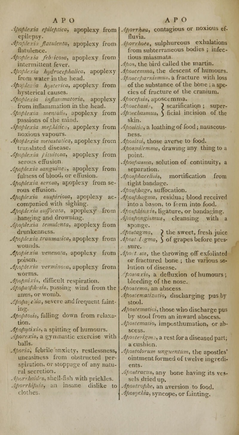 Ajiefilexia cfiilcfitieu, apoplexy from epilepsy. exia JtatulentO) apoplexy from flatulence. Afiofilexia fob icosa, apoplexy from intermittent fever. Afiofilexia hydrocefihalica, apoplexy from water in the head. Afiofile: la hysterica^ apoplexy from hysterical causes. Afiofilexia iTiflammatoriq, apoplexy from inflammation in the head. Afiofilexia mentally apoplexy from passions of the mind. Afiofilexia me/Jddc i, apoplexy from noxious vapours. Afiofilexia metastadca, apoplexy from translated disease. Afiofilexia /' inutosa, apoplexy from serous effusion Afiofilexia sanguine.., apoplexy from fulness of blood, or effusion. Afiofilexia serosa, apoplexy from se- rous effusion. Afiofilexia susfiiriosa, apoplexy ac- companied with sighing. Afiofilexia suffbeata, apoplexy from hanging and drowning. Afiofilexia temulenta, apoplexy from drunkenness. Afiofilexia traumatica, apoplexy from wounds. Afiofilexia venenata, apoplexy from poison. Afiofilexia verminosa-, apoplexy from worms. Afiofinixis, difficult respiration. Afiofisofi/irsis, passing wind from the anus, or womb. Afiofiat c'da, severe and frequent faint- ing. Afiofitosis, falling down from relaxa- tion. A/:ofiydxi?,a. spitting of humours. Afiorexis, a gymnastic exercise with balls. Afioria) febrile anxiety, restlessness, uneasiness from obstructed per- spiration, or stoppage of any natu- ral secretion. Afiorrhaidrs, shell-fish with prickles. ^{fiorrfiifius, an insane dislike to clothes. Jfiorrhaa, contagious or noxious ef- fluvia. i/ionhoes, sulphureous exhalations from subterraneous bodies ; infec- tious miasmata Afios, the bird called the martin. Afioscenwia, the descent of humours. Afioscefiarmsmus, a fracture with loss of the substance of the bone ; a spe- cies of fracture ot the cranium. A/ioee/i&is, aposcemma. Afiosc/iasip, ) scarification ; super- Afiosc/iaamus, $ ficial incision of the skin. Afiodtia, a loathing of food; nauscous- ness. Afiositoi, those averse to food. Afiosmtfemma, drawing any thing to a point. Afiosfiasim, solution of continuity, a separation. Afiosfihacelids, mortification from tight bandage. Afiosfijiage, suffocation. Afiosfihagma, residua; blood received into a bason, to form into food. Afiosfikpifcis, ligature, or bandaging. AjiosfiongLmus, cleansing with a sponge. Afioslagma, > the sweet, fresh juice Afiost I,gma, ) of grapes before pres- sure. Afio t sis, the throwing off exfoliated or fractured bone ; the various so- lution of disease. ''fiosfaxi.v, a defluxion of humours; bleeding of the nose. AfiostemO) an abscess AfiostematizatiOf discharging pus by stool. Afiostematiai, those who discharge pus by stool from an inward abscess. Afiostemaiio, imposthumation, or ab- scess. Afioi terigm , a rest for a diseased part; a cushion. Afiostolorum unguentiim, the apostles' ointment formed of twelve ingredi- ents. Aj ostracus, any bone having its ves- sels dried up. Afiostrofihe, an aversion to food. Afiowchia, syncope, or fainting.