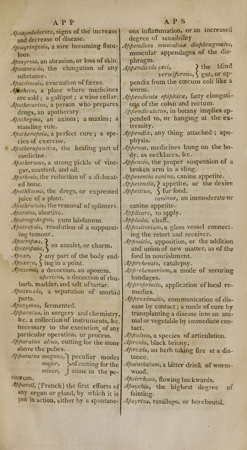 . ijMsymbebecota, signs of the increase and decrease of disease. ■iposyringeais, a sore becoming fistu- lous. Aposyrma, an abrasion, or loss of skin Aflotaneusis, the elongation of any substance. Apotclmcsis, evacuation offices. Afiotheca, a place where medicines are sold ; a gallipot; a wine cellar. Apothecarius, a person who prepares drugs, an apothecary. A/.or/icgma, an axiom; a maxim; a standing rule. Apotherapeia, a perfect cure ; a spe- cies of exercise. Apotheraptutica, the healing part of medicine. Afiathcrmus, a strong pickle of vine- gar, mustard, and oil. Apot/iesis, the reduction of a dislocat- ed bone. Apothlimmu, the dregs, or expressed juice of a plant. Afiothrazisie, the removal of splinters. A/ioforos, abortive. Afiotragohogon, gum labdanum. A/iotre/isi*, resolution of a suppurat- ing tumour. Ahotropcea, 7 , .^ro/..m«,Sanamulet'°rcharm- A/toxe, } any part of the body end- Apoxera, $ ingin a point. Apozema, a decoction, an apozem. afieriem, a decoction of rhu- barb, madder, and salt of tartar. Apozeuxix, a separation of morbid parts. Apozijmo.9, fermented. Apparatus, in surgery and chemistry, &c. a collection of instruments, &c necessary to the execution^ of any particular operation, or process. Apparatus alms, cutting for the stone above the pubes. Apparatus magnus,~\ peculiar modes major, ^>of cutting for the minor, J stone in the pe- rinxum. A/i/iareil, (French) the first efforts of any organ or gland, by which it is put in action, cither by a spontane- ous inflammation, or an increased degree of sensibility Appendices musculoste diaphragmatis, muscular appendages of the dia- phragm. Appendkida cocci, } the blind vermiformis, 5 gut, or ap- pendix from the coscum coli like a worm. Appendicular epiploic*, fatty elongati- ons of the colon and rectum. 'ppendiculatus, in botany implies ap- pended to, or hanging at the ex- tremity. Appendix, any thing attached ; apo- physis. ippensa, medicines hung on the bo- dy, as necklaces, Sec. Appenno, the proper suspension of a broken arm in a sling. Appesentia canina, canine appetite. Appetentia, ) appetite, or the desire Appetitus, ^ for food. canbnis, an immoderate or canine appetite. A/iplicare, to apply. Appluda, chaff.. Appodtorium, a glass vessel connect- ing the retort and receiver. Appositio, apposition, or the addition and union of new matter, as of the food in nourishment. Apprehensio, catalepsy. Ajip ehensorium, a mode of securing bandages. Approjiriudo, application of local re- medies. Approximatio, communication of dis- ease by contact; a mode of cure by transplanting a disease into an ani- mal or vegetable by immediate con- tact. Appulsus, a species of articulation. Apronia, black briony. Aproxis, an herb taking fire at a dis- tance. Apsinthatum, a bitter drink of worm- wood. Apsrrrhous, flowing backwards. Apfivchia, the highest degree of fainting. Apsyrtus, tussilago, or hovehound.