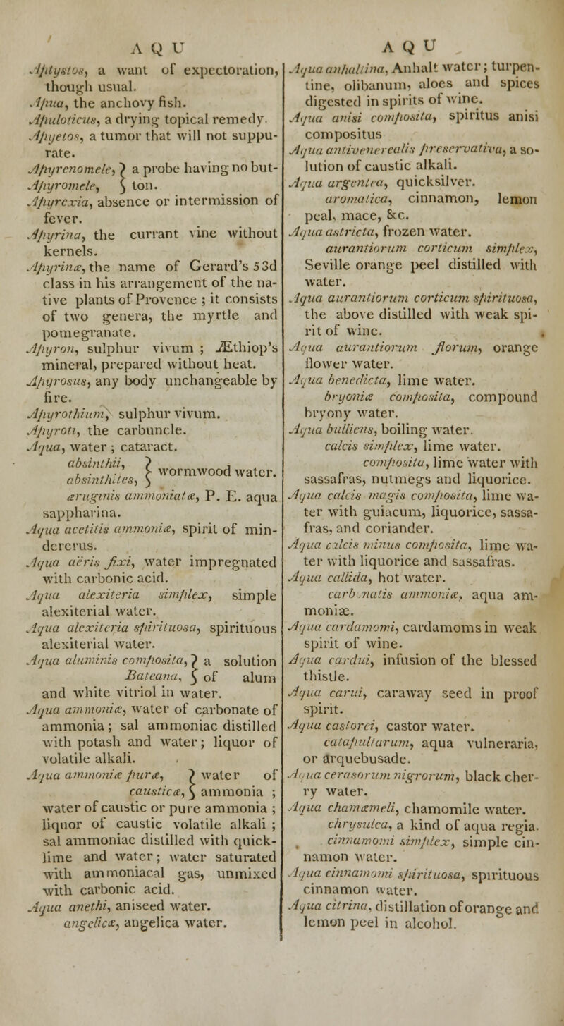 Aptystos, a want of expectoration, though usual. A/iua, the anchovy fish. Afiulotlcus, a drying topical remedy. A/u/etos, a tumor that will not suppu- rate. A/iyrenomele, > a probe having no but- Ajiyromde, ) ton. Apyrcxia, absence or intermission of fever. Apyrlna, the currant vine without kernels. Apyrl>itc,t\\e name of Gerard's 53d class in his arrangement of the na- tive plants of Provence ; it consists of two genera, the myrtle and pomegranate. Apyron, sulphur vivum ; iEthiop's mineral, prepared without heat. Ajiyrosus, any body unchangeable by fire. Apyrothlum, sulphur vivum. A/iyroti, the carbuncle. Aqua, water ; cataract. abslnthli, } , / • .in. C wormwood water. absmt/utes, ) aruginh ammoniata, P. E. aqua sappharitia. Atjua acetiti* ammonia, spirit of min- dererus. Aqua aerie Jixi, water impregnated with carbonic acid. Aqua alexiteria simplex^ simple alexiterial water. Aqua alexiteria sfnrituosa, spirituous alexiterial water. Aqua aluminis com/ioslta,~) a solution Bateana, 3 of alum and white vitriol in water. Aqua ammonite, water of carbonate of ammonia; sal ammoniac distilled with potash and water; liquor of volatile alkali. Aqua ammonia fiura, ? water of causticte, } ammonia ; water of caustic or pure ammonia ; liquor of caustic volatile alkali ; sal ammoniac distilled with quick- lime and water; water saturated with ammoniacal gas, unmixed with carbonic acid. Aqua anethi, aniseed water. angelic*, angelica water. Aqua anhaltina, Anhalt water; turpen- tine, olibanum, aloes and spices digested in spirits of wine. Aqua anisi composlta, spiritus anisi compositus Aqua antivenereaiis /ircservatlva, a so- lution of caustic alkali. Aqua urgent/a, quicksilver. aroma! ica, cinnamon, lemon peak mace, &c. Aqua astricta, frozen water. aaranliorum cortlcum simple*:, Seville orange peel distilled with water. Aqua aurantlorum cortlcum splrltuosa, the above distilled with weak spi- rit of wine. Aqua aurantlorum Jlorum, orange flower water. Aqua bcnedlcta, lime water. bryonia composlta, compound bryony water. Aqua bulllens, boiling water. calcls simplex:, lime water. composlta, lime water with sassafras, nutmegs and liquorice. Aqua calcls magis composlta, lime wa- ter with guiacum, liquorice, sassa- fras, and coriander. Aqua cxlcls minus composlta, lime wa- ter with liquorice and sassafras. Aqua ca/llda, hot water. carb.natis ammonite, aqua am- moniac. Aqua cardamoml, cardamoms in weak spirit of wine. Aqua cardul, infusion of the blessed thistle. Aqua carul, caraway seed in proof spirit. Aqua castorel, castor water. catapult arum, aqua vulneraria, or arquebusade. Aqua cerasorum nlgrorum, black cher- ry water. Aqua chamtemcll, chamomile water. chrysulea, a kind of aqua regia. cinnamqmi simplex, simple cin- namon Mater. iqua tinnamomi splrltuosa, spirituous cinnamon water. Aqua cltrina, distillation of orange and lemon peel in alcohol.