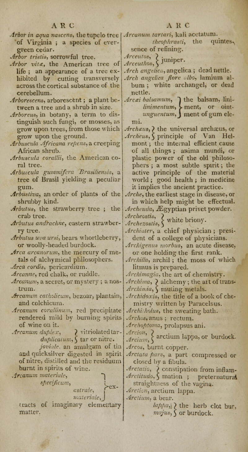 ARC Arbor in aqua nascens, the tupclo tree 'of Virginia ; a species of ever- green cedar. Arbor tristis, sorrowful tree. Arbor vita:, the American tree of life ; an appearance of a tree ex- hibited by cutting transversely across the cortical substance of the cerebellum. Arborescens, arborescent; a plant be- tween a tree and a shrub in size. Arboreus, in botany, a term to dis- tinguish such fungi, or mosses, as grow upon trees, from those which grow upon the ground. Arbuscula Africana rejiens, a creeping African shrub. Arbuscula corallii, the American co- ral tree. Arbuicula gummifera Brasiliensis, a tree of Brasil yielding a peculiar gum. Arbustiva, an order of plants of the shrubby kind. Arbutus, the strawberry tree ; the crab tree. Arbutus andrachne, eastern strawber- ry tree. Arbutus uvaursi, bears whortleberry, or woolly-headed burdock. Area arcanorum, the mercury of me- tals of alchymical philosophers. ■Area cordis, pericardium. Arcanne, red chalk, or ruddle. Arcanum, a secret, or mystery ; a nos- trum. Arcanum catholicum, bezoar, plantain, and colchicum. Arcanum cora!iiriu:a, red precipitate rendered mild by burning spirits of wine on it. Arcanum du/dt.r, f vitriolatedtar- dufilicalum,} tar or nitre. jovi.de. an amalgam of tin a&d quicksilver digested in spirit of nitre, distilled and the residuum burnt in spirits of wine. Arcanum viaterialc, ~J afiecificum, \ est ra'.c, | viateriale,J tracts of imaginary elementary matter. A K C Arcanum tartari, kali acetatum. thcofdiras'i, the quintes., sence of refining. Arceutos, ~) ■ Arceuthos, <J J ' Arch angelica, angelica ; dead nettle. Arch angelica jlorc .dbo, lamium al- bum ; white archangel, or dead nettle. Arc<ri balsamum, J the balsam, lini- linimentum, v ment, or oint- unguentum,y ment of gum ele- mi. Archceus, ~) the universal archaeus, or Archcus, 3 principle of Van Hel- mont; the internal efficient cause of all things ; anima mundi, or plastic power of the old philoso- phers ; a most subtle spirit; the active principle of the material world ; good health ; in medicine it implies the ancient practice. Arche, the earliest stage in disease, or in which help might be effectual. Archcuda, ^Egyptian privet powder. Archeostia Archezostis, white briony. irclii.acr, u chief physician ; presi- dent of a college of physicians. Arc/iigcnus morbus, an acute disease, or one holding the first rank. Archilla, archil ; the moss of which litmus is prepared. Archimag/a, the art of chemistry. Arc/lima, > alchemy ; the ait of trans- ArchinJa, } muling metals. Archidoxis, the title of a book of che- mistry written by Paracelsus. Archi hqlus, the sweating bath. Arches, anus ; rectum. Arr/)o/ito?'ia, prolapsus ani. Arcion, ~) . , , , , Arcium \ arctlum laPpa, or burdock. Arcos, burnt copper. Arctata purs, a part compressed or closed by a fibula. Arctatia, > constipation from inflam- ArcHtudo, 5 rnation ; preternatural straightness of the vagina. Arc;:.a, arctium lappa. Arctium, a bear. lajijia,,) the herb clot bur, majus, 5 or burdock.