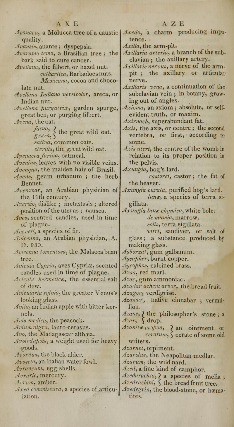 ' > the great wild oat. a, 5 b AXE .fvanacu, a Molucca tree of a caustic quality. . ivansis, auante ; dyspepsia. Avaramo temot a Brasilian tree ; the bark said to cure cancer. Avellana, the filbert, or hazel nut. cat/iartica, Barbadoesnuts. Mexicana, cocoa and choco- late nut. Avellana Indiana versicolor, areca, or Indian nut. Avellana jmrgatrix, garden spurge, great ben, or purging filbert. Arena, the oat fatua graca sativa, common oats. sterilis, the great wild oat. Avcnacca farina, oatmeal. Avenius, leaves with no visible veins. Avcrvjua, the maiden hair of Brasil. Avens, geum urbanum ; the herb Bennet. Avcnzoar, an Arabian physician of the 11th century. Aver.sio, dislike ; metastasis ; altered position of the uterus ; nausea. Avcs, scented caudles, used in time of plague. Avcvctl, a species of fir. Avicenna, an Arabian physician, A. D. 980. Avicenna tomentosa, the Malacca bean tree. Avicula Cu/iria, avcs Cypriae, scented candles used in time of plague. Avicula hermcticx, the essential salt of dew. Avicularia sylvia, the greater Yenus's looking glass. Avilu, an Indian apple with bitter ker- nels. Avis medica, the peacock. Avium nigra, lauro-cerasus. Avo, the Madagascar althaea. AvoirdufioiSj a weight used for heavy goods. Avornus, the black alder. Avoseta, an Italian water fowl. Avruncum, egg shells. .Ivraric, mercury. Avrum, amber. Axea commissure!, a species of articu- lation. A Z E A.icdo, a charm producing impo- tence. Axilla, the arm-pit. Axillaria arteria, a branch of the sub- clavian ; the axillary artery. Axillaris nerxms, a nerve of the arm- pit ; the axillary or articular nerve. Axillaris vena, a continuation of the subclavian vein ; in botany, grow- ing out of angles. Axioma, an axiom ; absolute, or self- evident truth, or maxim. Axirnach, superabundant fat. Axis, the axis, or centre ; the second vertebra, or first, according to some. Axis uteri, the centre of the womb in relation to its proper position in the pelvis. Axungia, hog's lard. castorei, castor; the fat of the beaver. Axungia curata, purified hog's lard. luna, a species of terra si- gillata. Axungia tuna chymica, white bole. de mumia, marrow. soils, terra sigillata. vitri, sandiver, or salt ol glass; a substance produced by making glass. Aijhorzat, gum galbanum. Aijcafihcr, burnt copper. Aycojihos, calcined brass. Azaa, red marl. Azac, gum ammoniac. Azadar achem arbor, the bread fruit. Azagor, verdigrise. Azamar, native cinnabar ; Vermil- lion. Azane, \ the philosopher's stone ; a Azar, 5 drop. Azanitx action, } an ointment or ceratum, 3 cerate of some old writers. Azarnel, orpiment. Azarolus, the Neapolitan medlar. Azarum, the wildnard. Azcd, a fine kind of camphor. Azedarachta,} a species of mclia ; Azedrachini, $ the bread fruit tree. Azedegrin, the blood-stone, or haema- tites.
