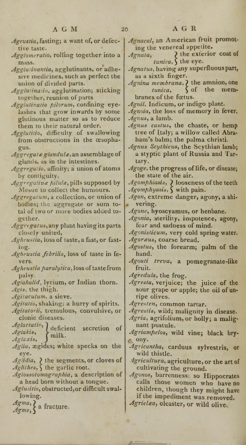 Ageustia, fasting; a want of, or defec- tive taste. Ag^tomeratio, rolling together into a mass. Agglunnantia, agglutinants, or adhe- sive medicines, such as perfect the union of divided parts. Agglutination agglutination; sticking together, reunion of parts AggLutir.atio fiilorum, confining eye- lashes that grow inwards by some glutinous matter so as to reduce them to their natural order. Agglutitio, difficulty of swallowing from obstructions in the oesopha- gus. •Aggregate glandulx, an assemblage of glands, as in the intestines. Aggregation affinity; a union of atoms by contiguity. Aggregaiiva pilule, pills supposed by Mesue to collect the humours. Aggregatum^ a collection, or union of bodies; the aggregate or sum to- tal of two or more bodies adued to- gether. Aggrtgatus,2LX\y plant having its parts closely united, Agficu.s(ia, loss of taste, a fast, or fast- ing. Aghfustia febrilis, loss of taste in fe- vers. Aghtustia paralytica, loss of taste from palsy Agiahalid, lycium, or Indian thorn. Agis, the thigh. Agiiaculum. a sieve. Agitatio, shaking; a hurry of spirits. Agitatorii, ti emulous, convulsive, or clonic diseases. Aqlactatio, ) c . . . /. ,-. f deficient secretion of Aglakis, >mi[k Aglaxis, J Aglia, segides; white specks on the eye. Aglidia, ) the segments, or cloves of Aglithes, $ the garlic root. Aglossotomogra/ihia, a description of a head born without a tongue. Agluiitio, obstructed,or difficult swal- lowing. f a' > a fracture. Agnacal, an American fruit promot- ing the venereal appetite. Agnata, ? the exterior coat of tunica, 5 tne eye- Agnatus, having any superfluous part, as a sixth finger. Agnina membrana, } the amnion, one tunica, S °f tne mem- branes of the foetus. Agnil, Indicum, or indigo plant. Agnoia, the loss of memory in fever. Agnus, a lamb. Agnus castus, the chaste, or hemp tree of ftaly; a willow called Abra- ham's balm; the palma christi. Agnus Scythicus, the Scythian lamb; a styptic plant of Russia and Tar- tary. Agoge, the progress of life, or disease; the state of the air. Agompliiasis, ? looseness of the teeth Agomfihyasis, $ with pain. Agon, extreme danger, agony, a shi- I vering. Agone, hyoscyamus, or henbane. Agonia, sterility, impotence, agony, fear and sadness of mind. Agonisticum, very cold spring water. Agoraus, coarse bread. Agostus, the forearm; palm of the hand. Agouti treva, a pomegranate-like fruit. Agredula, the frog. Agresta, verjuice; the juice of the sour grape or apple; the oil of un- ripe olives. Agresten, common tartar. Agrestis, wild; malignity in disease. Agria, agrifolium, or holly; a malig- nant pustule. Agriamfielos, wild vine; black bry- ft. ony. Agricantha, carduus sylvestris, or wild thistle. 'Igricultura, agriculture, or the art of cultivating the ground. Agonos, barrenness; so Hippocrates calls those women who have no children, though they might have if the impediment was removed. Agridxa, oleaster, or wild olive..