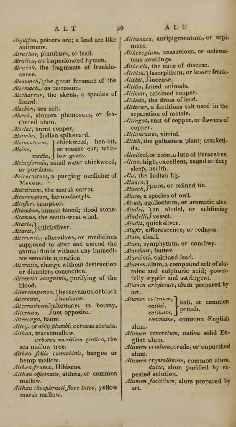 Alguifou, potters ore; a lead ore like antimony. Alrachas, plumbum, or lead. Alratica, an imperforated hymen. Alrukak, the fragments of frankin- cense. Aleamach,') the great foramen of the Msemachy) os peirosum. Alschareur, the skenk, a species of lizard. Ahebon, sea salt. Alsech, alumen plumosum, or fea- thered alum. Alselat, burnt copper. Alsimbel, Indian spikenard. Alsinastrum, ~) chickweed, hen-bit, Alsine, lor mouse ear; whit- media, J low grass. Alsineformis, small water chickweed, or purslane. Alsiraco&tum, a purging medicine of Messue. * Alsinicium, the marsh carrot. Alsurengiam, hermodactyls. Alt a/or, camphor. Altambus, human blood; blood stone. Altamus, the south-west wind. ^ar2,'}cluicksilver- Alterantia, alteratives, or medicines supposed to alter and amend the animal fluids without any immedi- ate sensible operation. Alteratio, change without destruction or disunion; concoction. Alteratio sanguinis, purifying of the blood. ^f/irercaw^ewon^hyoscyamusjorblack Altercum, j henbane. Alternativus,~\z\terndXe\ in botany, Alternus, j not opposite. Alter onga, baum. Altey, or alky filumbi, cerussa acetata. Althxa, marshmallow. arborea maritima gallica, the sea mallow tree. Althxa foliis cannabinis, bangue or hemp mallow. Althaafrutex, Hibiscus. Althxa officinalis, althxa, or common mallow. Althxa theofihrastijlore luteo, yellow marsh mallow. ALU Althanaca, auripigmentum, or orpi. ment. Althebegium, anasarcous, or cedema- tous swellings. Althexis, the cure of disease. ^/iz7A,\Iaserpitium, or lesser frank- Altihit, j incense. Altilia, fatted animals. Altimar, calcined copper. Aliimio, the dross of lead. Altincar, a factitious salt used in the separation of metals. Alcingat, rust of copper, or flowers of copper. Altinuraum, vitriol. Altith, the galbanum plant; assafceti- da. Altolizol,ov zoim, a lute of Paracelsus. Alius, high, excellent, sound or deep sleep, health. Alu, the Indian fig. ^t}pure'orrefinedlin- Aluco, a species of owl. Al-ud, agallochum, or aromatic aloe. Aludel, \an aludel, or subliming Aludelli,J vessel. Aludit, quicksilver. Alufir, efflorescence, or redness. Aluis, alcali. Alum, Symphytum, or comfrey. Alumhair, butter. Alumboti, calcined lead. Alumen,&lum,a compound salt ofalu- mine and sulphuric acid; power- fully styptic and astringent. Alumen artificiale, alum prepared by art. Alumen catenum,^ p common ccUtm> \ potash. catinum, J r commune, common English alum. Alumen concretum, native solid En- glish alum. Alumen crudum, crude, or unpurifled alum. Alumen crystallinum, common alum. dulce, alum purified by re- peated solution. Alumen factitium, alum prepared by art.