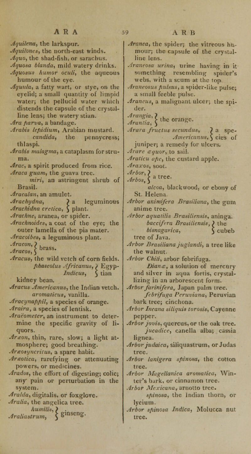 Jquilena, the larkspur. Aquilonts, the north-east winds. Aquo, the shad-fish, or sarachus. Aquosa blanda, mild watery drinks. Aquosus humor oculi, the aqueous humour of the eye. Aquula, a fatty wart, or stye, on the eyelid; a small quantity of limpid water; the pellucid water which distends the capsule of the crystal- line lens; the watery stian. Ara parva, a bandage. Arabis lepidium, Arabian mustard. Candida, the pennycress; thlaspi. Arabis malagma, a cataplasm for stru- ma. Arac, a spirit produced from rice. Araca guam, the guava tree. miri, an astringent shrub of Brasil. Aracalan, an amulet. Arachydna, ) a leguminous Arachidna cretica, 5 plant. Arachne, aranea, or spider. Arachnoides, a coat of the eye; the outer lamella of the pia mater. Aracoibes, a leguminous plant. Aracon, } , AracoS,lbraSS' Aracus, the wild vetch of corn fields. fihaseolus -Ifricanus, > fcgyp- Indicus, 5 lian kidney bean. Aracus Americanus, the Indian vetch. aromaticus, vanilla. Aracynafi/iil, a species of orange. Araira, a species of lentisk. Araeometer, an instrument to deter- mine the specific gravity of li- quors. Anton, thin, rare, slow; a light at- mosphere; good breathing. Ar&osyncritus, a spare habit. Arxotica, rarefying or attenuating powers, or medicines. Aradus, the effort of digesting; colic; any pain or perturbation in the system. Ara/da, digitalis, or foxglove. Aralia, the angelica tree. humilis,) . Araliastrum, \ &insenS- Aranea, the spider; the vitreous hu- mour; the capsule of the crystal- line lens. Araneosa urina, urine having in it something resembling spider's webs, with a scum at the top Araneosua pulsus, a spider-like pulse; a small feeble pulse. Jraneus, a malignant ulcer; the spi- der. AranFia, } . Atuntia, \ thc oransc- Arura fmet us sccundus, 7 a spe- Americav.us, } cies of juniper; a remedy for ulcers. Arare csquor, to sail. Araticu ope, the custard apple. Araxos, soot. Arbor, } Arbos,Satree- alcoa, blackwood, or ebony of St. Helena. Arbor animifera Brasiliana, the gum anime tree. Arbor aquatilis Brasiliensis, aninga. bacciftra Brasiliensis, ) the bisnagarica, 5 cubeb tree of Java. Arbor Brasiliana juglandi, a tree like the walnut. Arbor Chili, arbor febrifuga. Diance, a solution of mercury and silver in aqua fortis, crystal- lizing in an arborescent form. Arbor farinifera, Japan palm tree. febrifuga Peruviana, Peruvian bark tree; cinchona. Arbor Incana siliquis torosis, Cayenne pepper. Arbor jovis, quercus, or the oak tree. jucadice, canella alba; cassia lignea. Arbor judaica, siliquastrum, or Judas tree. Arbor lanigera spinosa, the cotton tree. Arbor Magellanica aromalica, Win- ter's bark, or cinnamon tree. Arbor Mexicana, arnotto tree. spinosa, the Indian thorn, or lycium. Arbor spinosa Indica, Molucca nut tree.